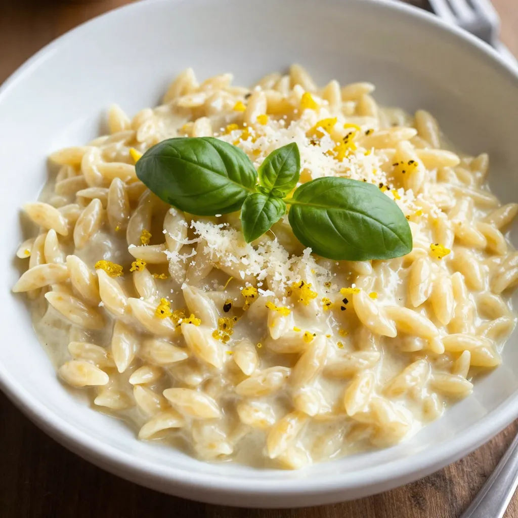 To make creamy lemon garlic orzo, you need a few key ingredients. Here’s what you'll use: - 1 cup orzo pasta - 3 cups vegetable broth - 2 tablespoons olive oil - 4 cloves garlic, minced - 1 small onion, finely chopped - 1 cup heavy cream - ½ cup grated Parmesan cheese - Zest of 1 lemon - Juice of 1 lemon - Salt and pepper to taste These ingredients come together to create a rich and creamy dish. The orzo pasta serves as the base, soaking up the flavors. The vegetable broth gives it a savory depth. Heavy cream adds richness, while the lemon zest and juice bring a bright, fresh taste. Adding garnishes can elevate your dish. Here are a couple of options: - Fresh basil - Fresh parsley These herbs add color and a hint of herbal flavor. You can sprinkle them on top just before serving. They make your dish look more appealing and taste even better. Using fresh ingredients matters. Fresh produce and herbs enhance the flavors of your dish. Fresh garlic and onions will taste stronger and brighter. They help create a more delicious meal. When you choose fresh ingredients, you also support local farmers and sustainable practices. This choice improves your dish and contributes to a healthier planet. {{ingredient_image_1}} Start with gathering your ingredients. You will need: - 1 cup orzo pasta - 3 cups vegetable broth - 2 tablespoons olive oil - 4 cloves garlic, minced - 1 small onion, finely chopped - 1 cup heavy cream - ½ cup grated Parmesan cheese - Zest of 1 lemon - Juice of 1 lemon - Salt and pepper to taste - Fresh basil or parsley for garnish Next, finely chop the onion and mince the garlic. This will help the flavors blend well. Heat the olive oil in a large saucepan over medium heat. Add the chopped onion. Sauté it for about 3-4 minutes. You want the onion to turn translucent. Then, add the minced garlic. Sauté for one more minute. Be careful not to burn the garlic, as it can turn bitter. Now, stir in the orzo. Toast it for 1-2 minutes. This toasting adds a nice flavor to the pasta. Gradually add the vegetable broth while stirring. Bring this to a boil. After it boils, reduce the heat to low and cover the pan. Let it simmer for 10-12 minutes. Stir occasionally to prevent sticking. The orzo is done when it is tender and has absorbed most of the broth. Once the orzo is cooked, lower the heat again. Mix in the heavy cream, grated Parmesan cheese, lemon zest, and lemon juice. Stir until the mixture is creamy and smooth. Taste and season with salt and pepper. If it seems too thick, you can add a splash of broth or water. Serve your creamy lemon garlic orzo warm. Garnish it with fresh basil or parsley. This adds a nice pop of color and flavor. Enjoy your dish! To make your orzo nice and creamy, use heavy cream. Add it at the end of cooking. It blends well with the pasta and broth. If it seems thick, add more broth or water. This keeps it smooth. Stir often to avoid clumps. One mistake is cooking the orzo too long. Overcooked orzo turns mushy. Always check it a few minutes before the time is up. Another mistake is not toasting the orzo. Toasting adds depth and flavor. Lastly, don’t skip seasoning. Salt and pepper bring out the flavors. Fresh herbs like basil or parsley add a burst of color and taste. You can mix in dried herbs, too. Thyme or oregano work well. For extra zing, consider red pepper flakes. They give a nice kick without overpowering the dish. Pro Tips Toast the Orzo: Toasting the orzo before adding the broth enhances its nutty flavor and adds depth to the dish. Adjust Creaminess: If you prefer a lighter dish, you can reduce the amount of heavy cream or substitute it with half-and-half for a lower-fat option. Fresh Herbs: For a burst of freshness, try adding chopped fresh herbs like dill or chives along with the basil or parsley for garnish. Leftover Usage: This creamy orzo can be easily transformed into a pasta salad by cooling it down and adding veggies or protein for a delicious leftover meal. {{image_2}} You can easily add protein to your creamy lemon garlic orzo. Chicken works well. Use grilled or sautéed chicken pieces. Simply stir them in right before serving. Shrimp is another tasty option. Cook shrimp in a separate pan and add them to the orzo. They add flavor and make it a full meal. Adding vegetables boosts nutrition and flavor. Spinach is a great choice. Toss in fresh spinach at the end of cooking. It wilts quickly and adds color. Peas or asparagus also work nicely. You can even add roasted bell peppers for a sweet touch. Just cut them into small pieces and mix them in. If you want a dairy-free option, try using coconut milk. It gives a rich, creamy texture. Almond or cashew cream can also work well. These alternatives keep the dish smooth and delicious. You can still add lemon juice for that zesty kick. Don't forget to adjust the salt, as some dairy alternatives can be less salty. To keep your creamy lemon garlic orzo fresh, store it in an airtight container. Let it cool first before sealing. This helps prevent excess moisture. Place the container in the fridge for up to three days. If you want to keep it longer, consider freezing it. When you’re ready to enjoy leftovers, reheat the orzo on the stove. Add a splash of broth or water to help it regain its creamy texture. Heat over low heat and stir often. This ensures even warming without burning the dish. You can also microwave it, but add a little liquid for best results. If you want to freeze your creamy lemon garlic orzo, portion it out first. Use freezer-safe bags or containers. Make sure to remove as much air as possible. Label and date your packages. It can stay in the freezer for up to three months. When ready to eat, thaw overnight in the fridge. Then reheat as mentioned earlier. Creamy Lemon Garlic Orzo stays good for about 3 to 4 days in the fridge. Store it in an airtight container to keep it fresh. When you reheat it, add a splash of broth or water. This helps restore its creamy texture. Yes, you can make orzo ahead of time. Cook it and let it cool before storing. Place it in the fridge for up to 3 days. When ready to eat, heat it on the stove with a little broth or water. This keeps the dish moist and tasty. Creamy Lemon Garlic Orzo pairs well with many dishes. Try it with grilled chicken or shrimp for protein. A fresh salad on the side adds crunch and brightness. You can also serve it with roasted vegetables for a healthy touch. This blog post covered how to make creamy lemon garlic orzo from start to finish. We looked at key ingredients, cooking steps, and tips for a tasty dish. Fresh ingredients matter for the best flavor. Remember to avoid common mistakes to keep it creamy. You can add proteins or veggies for variation. Store it right, and it stays fresh longer. With these pointers, you can make a simple meal feel special and delicious. Enjoy creating this dish and impressing your family or friends.