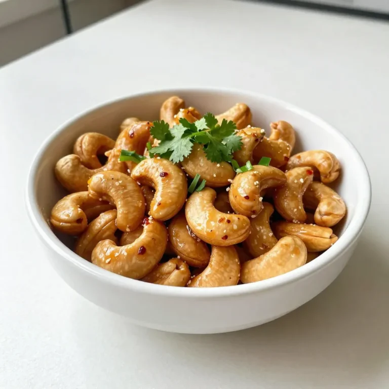 To make Sweet Chili Garlic Roasted Cashews, you need the following items: - 2 cups raw cashews - 2 tablespoons olive oil - 3 tablespoons sweet chili sauce - 2 cloves garlic, minced - 1 teaspoon soy sauce - 1/2 teaspoon salt - 1/4 teaspoon black pepper - 1/4 teaspoon cayenne pepper (optional) - Fresh cilantro, for garnish These ingredients blend perfectly to create a tasty snack. The sweet chili sauce adds a nice touch. Garlic brings a rich flavor, while the spices make it special. You will love how easy it is to gather everything. Make sure to use fresh garlic for the best taste. You can find these ingredients at any grocery store. If you want extra heat, add the cayenne pepper. Fresh cilantro adds a pop of color and flavor to the final dish. {{ingredient_image_1}} Start by preheating your oven to 350°F (175°C). This step warms the oven and helps the cashews cook evenly. While the oven heats up, line a baking sheet with parchment paper. This prevents sticking and makes cleanup easy. In a mixing bowl, combine 2 tablespoons of olive oil, 3 tablespoons of sweet chili sauce, and 2 minced garlic cloves. Add 1 teaspoon of soy sauce, 1/2 teaspoon of salt, 1/4 teaspoon of black pepper, and 1/4 teaspoon of cayenne pepper if you want more heat. Mix everything well to create a flavorful marinade. Next, add 2 cups of raw cashews to the marinade. Toss the cashews in the bowl until they are fully coated. Make sure each cashew gets a good mix of that tasty marinade. This step is key for flavor. Spread the coated cashews evenly on the lined baking sheet. Make sure they are in a single layer for even roasting. Place the baking sheet in the preheated oven. Roast the cashews for 15-20 minutes. Stir them every 5 minutes to ensure they roast evenly. They should turn golden brown and smell amazing when done. Once roasted, take the cashews out of the oven and let them cool on the baking sheet. They will crisp up as they cool. After they are cool, transfer the cashews to a serving bowl. For a nice touch, garnish with fresh cilantro. Enjoy your tasty snack delight! To get your cashews crunchy, roast them at 350°F. Stir them every five minutes. This helps them cook evenly. Pay attention to the color. They should turn golden brown. They will become crispier as they cool down. If you have any leftovers, let them cool completely. Store them in an airtight container. Keep the container in a cool, dry place. This keeps them fresh for about a week. If they lose crunch, try reheating them in the oven for a few minutes. Want more heat? Add more cayenne pepper to the marinade. If you prefer less spice, skip the cayenne. You can also try adding a pinch of red pepper flakes. Adjust the sweet chili sauce to balance the flavor. Taste as you go to find your perfect mix. Pro Tips Soak for Extra Crunch: Soaking the cashews for a few hours before roasting can enhance their crunchiness and texture. Adjust the Spice Level: Feel free to adjust the amount of cayenne pepper according to your spice preference, or omit it for a milder flavor. Stir Often: Make sure to stir the cashews every 5 minutes while roasting to ensure even cooking and prevent burning. Cool Completely: Let the cashews cool completely on the baking sheet before transferring them to a bowl to ensure they become crisp. {{image_2}} You can switch up the spice game. Try smoked paprika for a deep flavor. Or, add cumin for a warm note. You can also use garlic powder if you want a stronger garlic taste. For a touch of sweetness, a pinch of cinnamon can work wonders. Cashews are great, but other nuts shine too. Almonds add a nice crunch. Pecans bring a rich, buttery taste. Walnuts offer a slightly bitter flavor that balances sweetness. Mix your favorite nuts for a fun twist. This creates a unique blend everyone will love. Want it sweeter? Add more sweet chili sauce or honey. For a savory kick, increase the soy sauce. You can balance flavors by adjusting salt and pepper too. Taste as you go to find your perfect mix. Each tweak makes your snack special and just for you. One serving of Sweet Chili Garlic Roasted Cashews is about 1 ounce, or 28 grams. This serving has around 160 calories. If you share this snack, you can enjoy it guilt-free. In each serving, you'll find about: - Protein: 5 grams - Fat: 13 grams - Carbohydrates: 8 grams - Fiber: 1 gram Cashews provide healthy fats and protein. This mix keeps you full longer. Cashews offer many health perks. They are a great source of magnesium. Magnesium helps your body make energy and keeps your bones strong. Cashews also contain antioxidants that fight free radicals. These nuts support heart health and may lower bad cholesterol levels. Enjoying these roasted cashews can be a tasty way to boost your overall health. To make cashews spicier, add cayenne pepper. Start with 1/4 teaspoon. Mix it in the marinade. You can also add a dash of hot sauce. This will kick up the heat. Taste as you go to find your perfect spice level. Yes, you can use roasted cashews. Just skip the roasting step. Mix them well in the marinade. Roasted cashews will not need as much time in the oven. Keep an eye on them to avoid burning. These cashews last about one week. Store them in an airtight container. Keep them in a cool, dry place. They will stay fresh and tasty this way. Yes, you can make these cashews ahead of time. They are great for parties or snacks. Just make sure to store them properly. They taste best when fresh but hold up well for a few days. These cashews pair well with many dishes. Serve them with a cheese board or mixed nuts. They also go great with cocktails or as a topping for salads. Feel free to get creative with your pairings! This blog shared a simple way to make Sweet Chili Garlic Roasted Cashews. We covered the ingredients, gave step-by-step instructions, and included tips for the best results. You learned how to adjust flavors and explore variations, making these cashews your own. Remember, your snack can be healthy and tasty. Enjoy this crunchy treat as a snack or add it to your meals for extra flavor. Embrace your creativity and have fun with this recipe!