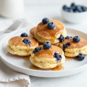 To make blueberry pancake bites, gather these items: - 1 cup all-purpose flour - 2 tablespoons sugar - 1 teaspoon baking powder - 1/2 teaspoon baking soda - 1/4 teaspoon salt - 1 cup buttermilk (or regular milk with 1 tablespoon vinegar added) - 1 large egg - 2 tablespoons melted butter - 1 cup fresh blueberries (or frozen, thawed) - Maple syrup, for serving You can swap some ingredients if needed: - Use whole wheat flour for more fiber. - Replace buttermilk with yogurt mixed with water. - Try a sugar alternative like honey or maple syrup. - Use coconut oil instead of butter for a dairy-free option. - For gluten-free bites, use a gluten-free flour blend. Each serving of blueberry pancake bites has about: - Calories: 80 - Protein: 2g - Fat: 3g - Carbohydrates: 12g - Fiber: 1g - Sugars: 3g This recipe makes 24 bites, so they are perfect for sharing. {{ingredient_image_1}} Start by gathering all your dry ingredients. Take a medium bowl. Add 1 cup of all-purpose flour, 2 tablespoons of sugar, 1 teaspoon of baking powder, 1/2 teaspoon of baking soda, and 1/4 teaspoon of salt. Use a whisk to mix these ingredients well. You want everything to blend nicely. This step helps your pancake bites rise well and taste great! In another bowl, mix your wet ingredients. Pour in 1 cup of buttermilk or regular milk with 1 tablespoon of vinegar added. Crack in 1 large egg and add 2 tablespoons of melted butter. Whisk until the mixture is smooth. This creamy blend brings moisture to your bites. It also helps the dry mix combine easily. Preheat your oven to 350°F (175°C). While it heats, lightly grease a mini muffin tin with cooking spray or butter. Using a scoop or tablespoon, fill each muffin cavity about 3/4 full with your pancake batter. Bake for 10 to 12 minutes. The bites should turn golden brown. Check if they are done by inserting a toothpick in the center. If it comes out clean, they are ready! Let them cool in the pan for a few minutes before moving them to a wire rack. Enjoy them warm with maple syrup for dipping! To make your blueberry pancake bites fluffy, follow these steps: - Use fresh ingredients. Fresh blueberries add moisture and flavor. - Don't overmix your batter. Stir until just combined. Some lumps are okay! - Allow the batter to rest for a few minutes. This helps the baking powder work better. - Preheat your oven fully. A hot oven helps the bites rise nicely. If you have extra pancake bites, store them right. Here’s how: - Let them cool completely before storing. This keeps them from getting soggy. - Place them in an airtight container. This keeps them fresh longer. - Store in the fridge for up to three days. They will still taste great! Here’s what you need for this recipe: - A medium mixing bowl for the batter. - A whisk for mixing dry and wet ingredients. - A mini muffin tin for baking. This helps shape the bites perfectly. - Cooking spray or butter for greasing the muffin tin. - A scoop or tablespoon for filling the muffin tin easily. With these tips and equipment, you can make the best blueberry pancake bites ever! Pro Tips Use Fresh Blueberries: Fresh blueberries add vibrant flavor and texture to your pancake bites. If using frozen, ensure they are thawed and drained to avoid excess moisture. Don’t Overmix: Gently fold the ingredients together. Overmixing can lead to tough pancake bites; a few lumps are perfectly fine! Grease the Tin Well: To prevent sticking, ensure your mini muffin tin is well-greased before adding the batter. This will help the bites release easily after baking. Customize Your Toppings: Feel free to top your pancake bites with whipped cream, fresh fruit, or even a sprinkle of powdered sugar for an extra special treat! {{image_2}} You can easily boost the taste of your blueberry pancake bites. Here are some fun ideas: - Chocolate chips: Add 1/2 cup of chocolate chips for a sweet twist. - Nuts: Try adding 1/4 cup of chopped walnuts or pecans for crunch. - Spices: Sprinkle in 1/2 teaspoon of cinnamon or nutmeg for warmth. - Zest: Grate some lemon or orange peel for a fresh zing. These extras can make your bites more exciting and unique. You can adapt this recipe to fit different diets. Here’s how: - Gluten-free: Substitute the all-purpose flour with a gluten-free blend. - Vegan: Use plant-based milk and replace the egg with 1/4 cup of applesauce. - Dairy-free: Choose almond milk or coconut milk instead of buttermilk. These swaps let everyone enjoy these pancake bites. Serving your pancake bites can be fun and creative. Here are some ideas: - Dipping sauces: Serve with maple syrup, honey, or fruit preserves. - Toppings: Add fresh fruit, whipped cream, or a dusting of powdered sugar. - Breakfast platter: Pair with yogurt and fresh fruit for a balanced meal. These options make your pancake bites a hit at any meal. To keep your blueberry pancake bites fresh, store them in an airtight container. Let them cool before putting them away. You can keep them at room temperature for up to two days. If you want them to last longer, put them in the fridge. They stay good in the fridge for about a week. When you're ready to enjoy your pancake bites again, reheating is easy. You can use a microwave or an oven. For the microwave, place them on a plate and heat for about 15-20 seconds. If you prefer the oven, preheat it to 350°F. Place the bites on a baking sheet and warm them for 5-7 minutes. This helps keep them soft and tasty. If you want to save some pancake bites for later, freezing works great. First, let them cool completely. Then, place them in a single layer on a baking sheet and freeze for about an hour. After that, transfer them to a freezer bag or container. They can stay in the freezer for up to three months. When you're ready to eat, just thaw and reheat as mentioned above. Enjoy your delicious bites anytime! Yes, you can use frozen blueberries in your pancake bites. Just make sure to thaw them first. Drain any extra water to avoid soggy bites. Frozen blueberries can add a nice burst of flavor, just like fresh ones. You can check if the pancake bites are done by inserting a toothpick into the center. If it comes out clean, they are ready. The bites should also look golden brown on top. Baking them for 10-12 minutes should give you the right texture. Blueberry pancake bites taste great with maple syrup. You can also serve them with honey or yogurt. Fresh fruit like strawberries or bananas adds a nice touch. For a fun twist, try adding whipped cream on top! You have all the tools to make delicious pancake bites. We covered the ingredients, detailed steps for mixing and baking, and even tips for fluffy bites. You can add flavors and make dietary changes too. Don’t forget how to store extras and reheat them later. These bites are fun and easy for any meal. Now you can enjoy them whenever you like!
