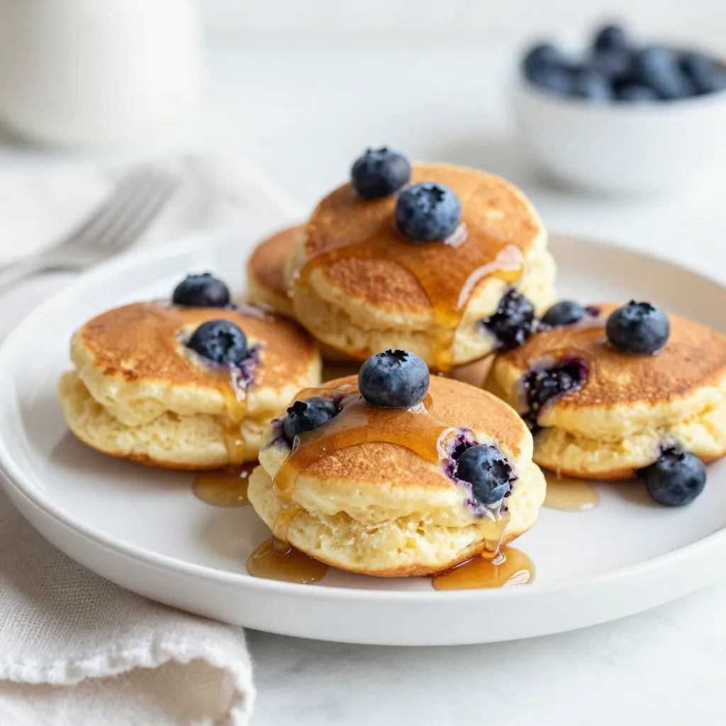 To make blueberry pancake bites, gather these items: - 1 cup all-purpose flour - 2 tablespoons sugar - 1 teaspoon baking powder - 1/2 teaspoon baking soda - 1/4 teaspoon salt - 1 cup buttermilk (or regular milk with 1 tablespoon vinegar added) - 1 large egg - 2 tablespoons melted butter - 1 cup fresh blueberries (or frozen, thawed) - Maple syrup, for serving You can swap some ingredients if needed: - Use whole wheat flour for more fiber. - Replace buttermilk with yogurt mixed with water. - Try a sugar alternative like honey or maple syrup. - Use coconut oil instead of butter for a dairy-free option. - For gluten-free bites, use a gluten-free flour blend. Each serving of blueberry pancake bites has about: - Calories: 80 - Protein: 2g - Fat: 3g - Carbohydrates: 12g - Fiber: 1g - Sugars: 3g This recipe makes 24 bites, so they are perfect for sharing. {{ingredient_image_1}} Start by gathering all your dry ingredients. Take a medium bowl. Add 1 cup of all-purpose flour, 2 tablespoons of sugar, 1 teaspoon of baking powder, 1/2 teaspoon of baking soda, and 1/4 teaspoon of salt. Use a whisk to mix these ingredients well. You want everything to blend nicely. This step helps your pancake bites rise well and taste great! In another bowl, mix your wet ingredients. Pour in 1 cup of buttermilk or regular milk with 1 tablespoon of vinegar added. Crack in 1 large egg and add 2 tablespoons of melted butter. Whisk until the mixture is smooth. This creamy blend brings moisture to your bites. It also helps the dry mix combine easily. Preheat your oven to 350°F (175°C). While it heats, lightly grease a mini muffin tin with cooking spray or butter. Using a scoop or tablespoon, fill each muffin cavity about 3/4 full with your pancake batter. Bake for 10 to 12 minutes. The bites should turn golden brown. Check if they are done by inserting a toothpick in the center. If it comes out clean, they are ready! Let them cool in the pan for a few minutes before moving them to a wire rack. Enjoy them warm with maple syrup for dipping! To make your blueberry pancake bites fluffy, follow these steps: - Use fresh ingredients. Fresh blueberries add moisture and flavor. - Don't overmix your batter. Stir until just combined. Some lumps are okay! - Allow the batter to rest for a few minutes. This helps the baking powder work better. - Preheat your oven fully. A hot oven helps the bites rise nicely. If you have extra pancake bites, store them right. Here’s how: - Let them cool completely before storing. This keeps them from getting soggy. - Place them in an airtight container. This keeps them fresh longer. - Store in the fridge for up to three days. They will still taste great! Here’s what you need for this recipe: - A medium mixing bowl for the batter. - A whisk for mixing dry and wet ingredients. - A mini muffin tin for baking. This helps shape the bites perfectly. - Cooking spray or butter for greasing the muffin tin. - A scoop or tablespoon for filling the muffin tin easily. With these tips and equipment, you can make the best blueberry pancake bites ever! Pro Tips Use Fresh Blueberries: Fresh blueberries add vibrant flavor and texture to your pancake bites. If using frozen, ensure they are thawed and drained to avoid excess moisture. Don’t Overmix: Gently fold the ingredients together. Overmixing can lead to tough pancake bites; a few lumps are perfectly fine! Grease the Tin Well: To prevent sticking, ensure your mini muffin tin is well-greased before adding the batter. This will help the bites release easily after baking. Customize Your Toppings: Feel free to top your pancake bites with whipped cream, fresh fruit, or even a sprinkle of powdered sugar for an extra special treat! {{image_2}} You can easily boost the taste of your blueberry pancake bites. Here are some fun ideas: - Chocolate chips: Add 1/2 cup of chocolate chips for a sweet twist. - Nuts: Try adding 1/4 cup of chopped walnuts or pecans for crunch. - Spices: Sprinkle in 1/2 teaspoon of cinnamon or nutmeg for warmth. - Zest: Grate some lemon or orange peel for a fresh zing. These extras can make your bites more exciting and unique. You can adapt this recipe to fit different diets. Here’s how: - Gluten-free: Substitute the all-purpose flour with a gluten-free blend. - Vegan: Use plant-based milk and replace the egg with 1/4 cup of applesauce. - Dairy-free: Choose almond milk or coconut milk instead of buttermilk. These swaps let everyone enjoy these pancake bites. Serving your pancake bites can be fun and creative. Here are some ideas: - Dipping sauces: Serve with maple syrup, honey, or fruit preserves. - Toppings: Add fresh fruit, whipped cream, or a dusting of powdered sugar. - Breakfast platter: Pair with yogurt and fresh fruit for a balanced meal. These options make your pancake bites a hit at any meal. To keep your blueberry pancake bites fresh, store them in an airtight container. Let them cool before putting them away. You can keep them at room temperature for up to two days. If you want them to last longer, put them in the fridge. They stay good in the fridge for about a week. When you're ready to enjoy your pancake bites again, reheating is easy. You can use a microwave or an oven. For the microwave, place them on a plate and heat for about 15-20 seconds. If you prefer the oven, preheat it to 350°F. Place the bites on a baking sheet and warm them for 5-7 minutes. This helps keep them soft and tasty. If you want to save some pancake bites for later, freezing works great. First, let them cool completely. Then, place them in a single layer on a baking sheet and freeze for about an hour. After that, transfer them to a freezer bag or container. They can stay in the freezer for up to three months. When you're ready to eat, just thaw and reheat as mentioned above. Enjoy your delicious bites anytime! Yes, you can use frozen blueberries in your pancake bites. Just make sure to thaw them first. Drain any extra water to avoid soggy bites. Frozen blueberries can add a nice burst of flavor, just like fresh ones. You can check if the pancake bites are done by inserting a toothpick into the center. If it comes out clean, they are ready. The bites should also look golden brown on top. Baking them for 10-12 minutes should give you the right texture. Blueberry pancake bites taste great with maple syrup. You can also serve them with honey or yogurt. Fresh fruit like strawberries or bananas adds a nice touch. For a fun twist, try adding whipped cream on top! You have all the tools to make delicious pancake bites. We covered the ingredients, detailed steps for mixing and baking, and even tips for fluffy bites. You can add flavors and make dietary changes too. Don’t forget how to store extras and reheat them later. These bites are fun and easy for any meal. Now you can enjoy them whenever you like!
