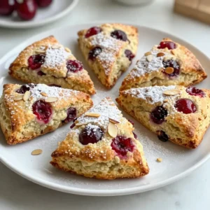 - 2 cups all-purpose flour - 1/2 cup granulated sugar - 1 tablespoon baking powder - 1/4 teaspoon salt - 1/2 cup cold unsalted butter, cubed - 1/2 cup buttermilk (or milk + 1/2 tablespoon vinegar) - 1 teaspoon almond extract - 1 cup fresh or frozen cherries, pitted and halved - 1/2 cup sliced almonds - 1 egg, beaten (for egg wash) - Optional: powdered sugar for dusting When I make cherry almond scones, I gather my ingredients with care. Each one plays a key role. The all-purpose flour is the base that holds everything together. Granulated sugar adds sweetness, balancing the tartness of the cherries. Baking powder helps the scones rise, giving them a light texture. Salt enhances the flavors, so don't skip it! The cold unsalted butter is crucial. It creates flaky layers in the scones. Buttermilk adds a slight tang and helps keep the scones moist. If you don’t have buttermilk, you can make a quick substitute with milk and vinegar. Almond extract gives a warm, nutty flavor that pairs perfectly with cherries. I love using fresh cherries when they are in season, but frozen ones work just as well. Sliced almonds add a nice crunch and extra almond flavor. Lastly, the beaten egg wash gives the scones a lovely golden finish. If you want to make them look extra special, dust the cooled scones with powdered sugar. These ingredients come together to create a breakfast treat that is both delicious and beautiful. {{ingredient_image_1}} - Preheat the oven to 400°F (200°C). - Line a baking sheet with parchment paper. Start by preheating your oven. This ensures even cooking. The parchment paper will help prevent sticking and make cleanup easy. - Whisk together flour, sugar, baking powder, and salt. In a large bowl, mix the flour, sugar, baking powder, and salt. Whisk them together until they blend well. This step adds air and makes your scones light. - Work in cold butter until crumbs form. - Mix buttermilk with almond extract. Next, add your cold butter to the flour mix. Use your fingers or a pastry cutter. You want it to look like coarse crumbs. In a separate bowl, combine buttermilk and almond extract. This will add flavor and moisture. - Combine wet and dry mixtures gently. - Fold in cherries and almonds. - Shape and cut the dough. Pour the buttermilk mix into the flour mix. Stir gently until just combined. Do not overmix! Then, fold in your cherries and sliced almonds carefully. Turn out the dough onto a floured surface. Pat it into a circle, about 1 inch thick, and cut it into 8 wedges. - Transfer to baking sheet and brush with egg wash. - Bake for 15-20 minutes until golden brown. Place the wedges on your baking sheet. Brush the tops with the beaten egg for a shiny finish. Bake for 15-20 minutes. You want them golden brown on top. When a toothpick comes out clean, they are ready! To make your scones soft, avoid overmixing. Mix just until the dough comes together. Overmixing can lead to tough scones, which we want to avoid. Also, use cold butter. Cold butter helps create a flaky texture. Cube the butter and keep it in the fridge until you're ready to use it. Using fresh cherries gives a vibrant taste and juicy bites. If fresh cherries are not available, frozen cherries work well too. They may add a bit more moisture, so reduce the buttermilk slightly to balance. You can also play with flavors. Try almond extract for a nutty kick, or use vanilla for a sweeter touch. Each extract gives a unique twist to your scones. Serve your scones with clotted cream or cherry jam for a delicious treat. The cream adds a rich flavor, and the jam adds sweetness. For a special touch, dust the cooled scones with powdered sugar. Arrange them on a pretty plate to impress your guests! Pro Tips Chill Your Ingredients: Make sure your butter and buttermilk are very cold. This helps create flaky layers in the scones. Don't Overmix: Mix the dough until just combined. Overmixing can lead to tough scones, so be gentle! Use Fresh Ingredients: If possible, use fresh cherries and high-quality almond extract for the best flavor. Adjust Bake Time for Size: If you make larger or smaller scones, adjust your baking time accordingly to ensure they cook through. {{image_2}} If you want to make nut-free scones, you can easily swap out the sliced almonds. Use sunflower seeds or pumpkin seeds instead. They add a nice crunch without the nuts. You can also try adding oats for texture. Cherries are a star in these scones, but you can mix it up! Use blueberries or raspberries instead of cherries. They will give a new twist. Blueberries burst with juice, while raspberries add a tart flavor. Both fruits work well with almond extract. Want a vegan version? Replace buttermilk with plant-based milk and add lemon juice. Mix 1/2 cup of almond milk with 1/2 tablespoon of vinegar. This creates a similar tang. Instead of butter, use coconut oil or vegan butter. It keeps the scones moist and tasty. To keep your cherry almond scones fresh, store them in an airtight container. This helps to keep them moist. You can store them at room temperature for up to two days. If you want to keep them longer, refrigerate them for up to a week. Just remember to let them cool completely before sealing them up. Freezing scones is a great way to enjoy them later. To freeze, place the cooled scones in a freezer-friendly bag. Make sure to remove as much air as possible before sealing. They can last in the freezer for up to three months. When you're ready to eat, just take them out and let them thaw at room temperature. To reheat, pop them in a 350°F (175°C) oven for about 10 minutes. This warms them up and restores their fresh-baked taste. Yes, you can prepare these scones in advance. First, mix all dry ingredients, then cut in the cold butter. You can store this mix in the fridge for up to two days. When ready to bake, add the wet ingredients, cherries, and almonds. This saves time on busy mornings! If you don't have buttermilk, you can make your own. Just mix 1/2 cup of milk with 1/2 tablespoon of vinegar. Let it sit for about five minutes. This makes a great substitute for buttermilk. You can also use plain yogurt or sour cream, thinned with a bit of milk. To check if the scones are done, look for a golden brown color on top. You can also insert a toothpick into the center. If it comes out clean, the scones are ready. They should feel firm to the touch but soft inside. You can use dried cherries, but the flavor and texture will change. Dried cherries are sweeter and chewier. If you choose them, soak them in warm water for about 15 minutes. This helps to soften them and adds moisture to your scones. This blog post explored making delicious cherry almond scones. We covered key ingredients, step-by-step baking instructions, and helpful tips for texture and flavor. You also learned how to store and freeze them. Remember, you can swap fruits or adapt the recipe to fit your needs. Enjoy these scones fresh, with clotted cream, or serve them at special events. Baking is fun and rewarding, so gather your ingredients and start today!