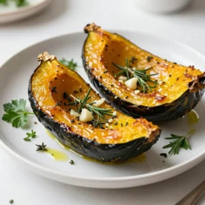 - 2 medium acorn squashes, halved and seeds removed - 4 tablespoons olive oil - 4 cloves garlic, minced - 2 teaspoons dried thyme - 2 teaspoons dried rosemary - 1 teaspoon smoked paprika - Salt and pepper to taste - 2 tablespoons maple syrup (optional) - Fresh parsley, chopped (for garnish) Garlic herb roasted acorn squash starts with simple, fresh ingredients. First, choose two medium acorn squashes. Their sweet, nutty taste makes them perfect for roasting. Halve the squashes and remove the seeds. This step is easy with a spoon. Next, olive oil adds richness. Four tablespoons will coat the squash well. Garlic brings bold flavor. Use four cloves, minced for the best taste. Dried thyme and rosemary add depth. Each herb adds its unique aroma. Smoked paprika gives a warm, smoky note. A teaspoon is all you need. Salt and pepper enhance the flavors, so adjust to your taste. If you want sweetness, maple syrup is an option. Just two tablespoons will do. Finally, fresh parsley makes a lovely garnish. It adds color and freshness. With these ingredients ready, you'll create a dish that shines on any table. {{ingredient_image_1}} 1. Preheat your oven to 400°F (200°C). This heat helps the squash cook evenly. 2. Cut the acorn squashes in half from top to bottom. Use a spoon to scoop out the seeds. 3. In a small bowl, mix together the olive oil, minced garlic, thyme, rosemary, smoked paprika, salt, and pepper. If you like sweetness, add maple syrup. 1. Brush the cut sides of the squash halves with the herb mix. Make sure to coat them well. 2. Place the squash cut side down on a baking sheet lined with parchment paper. 3. Roast in the oven for about 25-30 minutes. The squash should become tender and soft when poked with a fork. 4. Carefully flip the squash halves over. If you want, brush them with more herb mix. 5. Return them to the oven for an additional 10-15 minutes. Look for a slight caramelization on top. 1. Once done, remove the squash from the oven. Let it cool for about a minute. 2. Before serving, garnish with fresh chopped parsley. It adds a nice touch and flavor. To roast acorn squash perfectly, follow these tips. - Choose ripe squashes: Look for firm, heavy squashes with a rich green color. - Cut them evenly: Halve the squash straight down the middle to ensure even cooking. - Use parchment paper: Line your baking sheet to avoid sticking and for easy cleanup. - Check for doneness: Use a fork to test if the squash is soft enough when roasting. For more taste, try these ideas. - Add herbs: Fresh herbs like sage or basil can boost flavor. - Mix spices: Consider adding a dash of cayenne for heat or a sprinkle of cinnamon for warmth. - Use maple syrup: If you like sweetness, drizzle maple syrup over the squash before roasting. This adds a nice caramelized touch. - Garnish wisely: Fresh parsley not only brightens the dish but also adds a pop of color and flavor. Pro Tips Choosing the Right Squash: Look for acorn squashes that are firm and heavy for their size, with a deep green color and minimal blemishes for the best flavor and texture. Garlic Roasting Tip: For a milder garlic flavor, roast the minced garlic in the olive oil for a couple of minutes before mixing it with the herbs. This will mellow out the sharpness. Sweetness Adjustment: Feel free to adjust the amount of maple syrup based on your preference for sweetness. You can also substitute with honey or agave syrup for a different flavor profile. Presentation Matters: For an elegant presentation, serve the roasted acorn squash halves on a beautiful platter, garnished with fresh parsley and a drizzle of balsamic glaze for added color and flavor. {{image_2}} You can add a twist to your garlic herb roasted acorn squash. Here are two fun ideas: - Spicy garlic herb roasted squash: Add a kick by mixing a teaspoon of red pepper flakes into the herb blend. This will bring heat to the sweet squash. You can adjust the amount based on your spice preference. - Asian-inspired roasted acorn squash: Swap olive oil for sesame oil. Use soy sauce instead of salt. Add ginger and a sprinkle of sesame seeds for flavor. This blend gives a whole new taste that's exciting and unique. If you have special dietary needs, I have you covered. Here are some easy swaps: - Vegan substitutions: This recipe is already vegan-friendly. Just skip the maple syrup if you want. You can also use agave nectar for sweetness. - Gluten-free options: All the ingredients in this dish are gluten-free. Just ensure that any added sauces, like soy sauce, are gluten-free. This way, everyone can enjoy this tasty meal. Try these variations to keep your meals fresh and exciting! To store leftover garlic herb roasted acorn squash, let it cool first. Place it in an airtight container. It will stay fresh in the fridge for about three to five days. If you want to save it longer, you can freeze it. To properly freeze roasted acorn squash, slice it into pieces. Place the pieces in freezer bags. Remove as much air as possible before sealing. This way, it can last for up to three months. To reheat your squash in the oven, preheat it to 350°F (175°C). Place the squash on a baking sheet. Cover it with foil to keep it moist. Heat for 15 to 20 minutes, or until warmed through. If you're in a hurry, you can use the microwave. Place the squash on a microwave-safe plate. Cover it with a damp paper towel. Heat it in 30-second intervals until it’s hot. This method is quick and easy. Enjoy your tasty leftovers! How long does acorn squash last? Acorn squash can last about 1 to 2 weeks when stored in a cool, dry place. If you cut it, wrap it tightly in plastic wrap and store it in the fridge. It lasts about 3 to 5 days. Can I make this recipe ahead of time? Yes, you can prepare the acorn squash ahead of time. You can cut and season it, then store it in the fridge for up to 24 hours. Roast it when you're ready to serve. What’s the best way to cut acorn squash? To cut acorn squash, place it on a stable cutting board. Use a sharp knife to cut it in half from stem to bottom. Scoop out the seeds with a spoon. Always be careful, as the skin can be tough. Can I use other types of squash? Yes, you can use other types of squash like butternut or spaghetti squash. Each type has a unique taste and texture, but this garlic herb mix works well with them all. Is garlic herb roasted acorn squash healthy? Yes, garlic herb roasted acorn squash is healthy! It is low in calories and high in fiber. Acorn squash is rich in vitamins A and C, making it a nutritious choice. Calorie content and nutritional breakdown per serving One serving of garlic herb roasted acorn squash (1 half) contains about 150 calories. It has: - 6g fat - 24g carbohydrates - 3g protein - 4g fiber This breakdown helps you enjoy the dish while keeping track of your nutrition. Roasting acorn squash is simple and fun. You start with fresh ingredients, prep well, and follow the steps carefully. Remember, the right herbs and spices make it shine. Don’t shy away from experimenting with flavors or trying different squash types. Storing leftovers lets you enjoy this dish later. With these tips, you'll serve a warm, tasty dish that impresses everyone. Enjoy your cooking journey, and share your smiles over this delightful meal!
