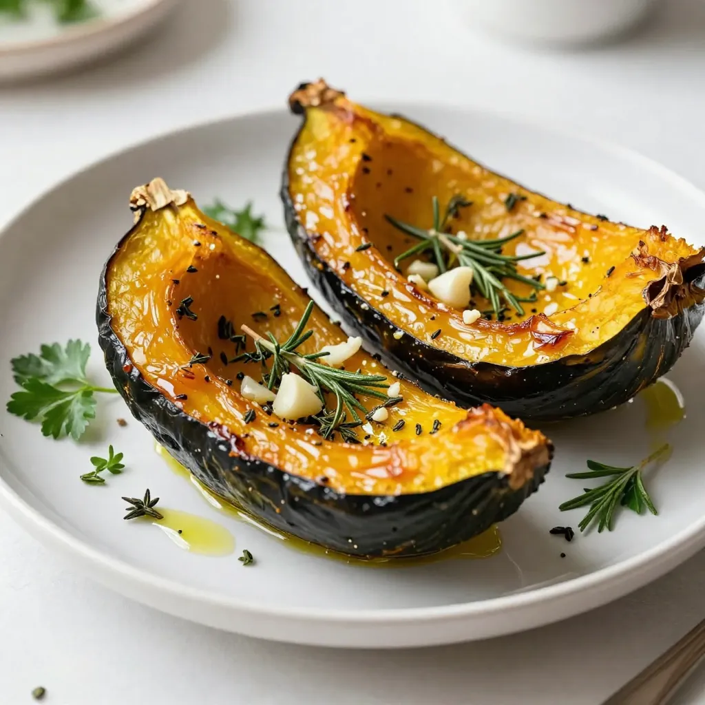 - 2 medium acorn squashes, halved and seeds removed - 4 tablespoons olive oil - 4 cloves garlic, minced - 2 teaspoons dried thyme - 2 teaspoons dried rosemary - 1 teaspoon smoked paprika - Salt and pepper to taste - 2 tablespoons maple syrup (optional) - Fresh parsley, chopped (for garnish) Garlic herb roasted acorn squash starts with simple, fresh ingredients. First, choose two medium acorn squashes. Their sweet, nutty taste makes them perfect for roasting. Halve the squashes and remove the seeds. This step is easy with a spoon. Next, olive oil adds richness. Four tablespoons will coat the squash well. Garlic brings bold flavor. Use four cloves, minced for the best taste. Dried thyme and rosemary add depth. Each herb adds its unique aroma. Smoked paprika gives a warm, smoky note. A teaspoon is all you need. Salt and pepper enhance the flavors, so adjust to your taste. If you want sweetness, maple syrup is an option. Just two tablespoons will do. Finally, fresh parsley makes a lovely garnish. It adds color and freshness. With these ingredients ready, you'll create a dish that shines on any table. {{ingredient_image_1}} 1. Preheat your oven to 400°F (200°C). This heat helps the squash cook evenly. 2. Cut the acorn squashes in half from top to bottom. Use a spoon to scoop out the seeds. 3. In a small bowl, mix together the olive oil, minced garlic, thyme, rosemary, smoked paprika, salt, and pepper. If you like sweetness, add maple syrup. 1. Brush the cut sides of the squash halves with the herb mix. Make sure to coat them well. 2. Place the squash cut side down on a baking sheet lined with parchment paper. 3. Roast in the oven for about 25-30 minutes. The squash should become tender and soft when poked with a fork. 4. Carefully flip the squash halves over. If you want, brush them with more herb mix. 5. Return them to the oven for an additional 10-15 minutes. Look for a slight caramelization on top. 1. Once done, remove the squash from the oven. Let it cool for about a minute. 2. Before serving, garnish with fresh chopped parsley. It adds a nice touch and flavor. To roast acorn squash perfectly, follow these tips. - Choose ripe squashes: Look for firm, heavy squashes with a rich green color. - Cut them evenly: Halve the squash straight down the middle to ensure even cooking. - Use parchment paper: Line your baking sheet to avoid sticking and for easy cleanup. - Check for doneness: Use a fork to test if the squash is soft enough when roasting. For more taste, try these ideas. - Add herbs: Fresh herbs like sage or basil can boost flavor. - Mix spices: Consider adding a dash of cayenne for heat or a sprinkle of cinnamon for warmth. - Use maple syrup: If you like sweetness, drizzle maple syrup over the squash before roasting. This adds a nice caramelized touch. - Garnish wisely: Fresh parsley not only brightens the dish but also adds a pop of color and flavor. Pro Tips Choosing the Right Squash: Look for acorn squashes that are firm and heavy for their size, with a deep green color and minimal blemishes for the best flavor and texture. Garlic Roasting Tip: For a milder garlic flavor, roast the minced garlic in the olive oil for a couple of minutes before mixing it with the herbs. This will mellow out the sharpness. Sweetness Adjustment: Feel free to adjust the amount of maple syrup based on your preference for sweetness. You can also substitute with honey or agave syrup for a different flavor profile. Presentation Matters: For an elegant presentation, serve the roasted acorn squash halves on a beautiful platter, garnished with fresh parsley and a drizzle of balsamic glaze for added color and flavor. {{image_2}} You can add a twist to your garlic herb roasted acorn squash. Here are two fun ideas: - Spicy garlic herb roasted squash: Add a kick by mixing a teaspoon of red pepper flakes into the herb blend. This will bring heat to the sweet squash. You can adjust the amount based on your spice preference. - Asian-inspired roasted acorn squash: Swap olive oil for sesame oil. Use soy sauce instead of salt. Add ginger and a sprinkle of sesame seeds for flavor. This blend gives a whole new taste that's exciting and unique. If you have special dietary needs, I have you covered. Here are some easy swaps: - Vegan substitutions: This recipe is already vegan-friendly. Just skip the maple syrup if you want. You can also use agave nectar for sweetness. - Gluten-free options: All the ingredients in this dish are gluten-free. Just ensure that any added sauces, like soy sauce, are gluten-free. This way, everyone can enjoy this tasty meal. Try these variations to keep your meals fresh and exciting! To store leftover garlic herb roasted acorn squash, let it cool first. Place it in an airtight container. It will stay fresh in the fridge for about three to five days. If you want to save it longer, you can freeze it. To properly freeze roasted acorn squash, slice it into pieces. Place the pieces in freezer bags. Remove as much air as possible before sealing. This way, it can last for up to three months. To reheat your squash in the oven, preheat it to 350°F (175°C). Place the squash on a baking sheet. Cover it with foil to keep it moist. Heat for 15 to 20 minutes, or until warmed through. If you're in a hurry, you can use the microwave. Place the squash on a microwave-safe plate. Cover it with a damp paper towel. Heat it in 30-second intervals until it’s hot. This method is quick and easy. Enjoy your tasty leftovers! How long does acorn squash last? Acorn squash can last about 1 to 2 weeks when stored in a cool, dry place. If you cut it, wrap it tightly in plastic wrap and store it in the fridge. It lasts about 3 to 5 days. Can I make this recipe ahead of time? Yes, you can prepare the acorn squash ahead of time. You can cut and season it, then store it in the fridge for up to 24 hours. Roast it when you're ready to serve. What’s the best way to cut acorn squash? To cut acorn squash, place it on a stable cutting board. Use a sharp knife to cut it in half from stem to bottom. Scoop out the seeds with a spoon. Always be careful, as the skin can be tough. Can I use other types of squash? Yes, you can use other types of squash like butternut or spaghetti squash. Each type has a unique taste and texture, but this garlic herb mix works well with them all. Is garlic herb roasted acorn squash healthy? Yes, garlic herb roasted acorn squash is healthy! It is low in calories and high in fiber. Acorn squash is rich in vitamins A and C, making it a nutritious choice. Calorie content and nutritional breakdown per serving One serving of garlic herb roasted acorn squash (1 half) contains about 150 calories. It has: - 6g fat - 24g carbohydrates - 3g protein - 4g fiber This breakdown helps you enjoy the dish while keeping track of your nutrition. Roasting acorn squash is simple and fun. You start with fresh ingredients, prep well, and follow the steps carefully. Remember, the right herbs and spices make it shine. Don’t shy away from experimenting with flavors or trying different squash types. Storing leftovers lets you enjoy this dish later. With these tips, you'll serve a warm, tasty dish that impresses everyone. Enjoy your cooking journey, and share your smiles over this delightful meal!