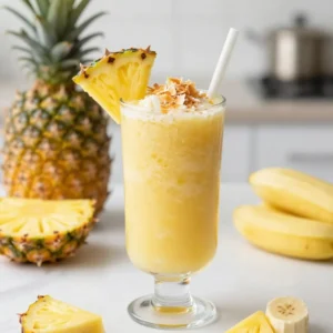 To create a great tropical pineapple smoothie, you need fresh and tasty fruit. Here are the key fresh ingredients: - 1 cup fresh pineapple chunks - 1 ripe banana, sliced Pineapple brings a sweet and tangy flavor. It also adds vitamins. Bananas add creaminess and natural sweetness. Together, they create a bright taste that is hard to beat. For a smooth texture, choose your liquid wisely. You have two great options: - 1 cup coconut milk (or almond milk) - 1/2 cup Greek yogurt (plain or vanilla) Coconut milk gives a creamy, tropical vibe. Almond milk is lighter but still tasty. Greek yogurt adds protein and creaminess, making your smoothie filling. Want to elevate your smoothie? Try these optional add-ins: - 1 tablespoon honey or maple syrup (optional for sweetness) - 1/2 teaspoon fresh ginger, grated - Ice cubes (optional, for a chillier smoothie) Honey or maple syrup can sweeten your drink. Fresh ginger adds a zesty kick, while ice cubes chill it for a refreshing sip. Each of these add-ins gives your smoothie a unique twist. {{ingredient_image_1}} Start with fresh pineapple chunks. Use about 1 cup. This gives a bright taste. Next, grab 1 ripe banana and slice it. This adds creaminess. Then, measure 1 cup of coconut milk. You can use almond milk if you prefer. Add 1/2 cup of Greek yogurt. This helps make the smoothie thick. If you like sweetness, add 1 tablespoon of honey or maple syrup. Finally, grate 1/2 teaspoon of fresh ginger. This adds a nice zing. Get some ice cubes if you want a chilled drink. Now it’s time to blend. Put the pineapple and banana into the blender first. Next, pour in the coconut milk and Greek yogurt. Add the ginger and any sweetener you chose. If you want ice, add it now. Blend on high speed. Keep blending for about 30 to 60 seconds. Stop to check the texture. It should be smooth and creamy. If it needs more sweetness, add a bit more honey or syrup. Blend again for a few seconds. Pour the smoothie into tall glasses. For a nice touch, garnish with a slice of pineapple on the rim. You can sprinkle toasted coconut flakes on top. This adds texture and looks great. Enjoy your refreshing and healthy smoothie! To get a smooth and creamy texture, blend your ingredients well. Start with the pineapple and banana. Add coconut milk and Greek yogurt next. If you want it chilled, toss in some ice cubes. Blend on high until it looks like a thick shake, about 30 to 60 seconds. You can stop and check the texture. If it's too thick, add a splash more coconut milk. Taste your smoothie after blending. If it needs more sweetness, add honey or maple syrup. Start with a small amount, about a tablespoon. Blend again to mix. If you want a healthier option, try using dates or agave nectar. You can also skip sweeteners if your fruit is ripe enough. You can prep this smoothie in advance. Just blend it and pour it into a jar. Seal it tight and store it in the fridge for up to a day. When you are ready to enjoy, give it a shake. If it separates, just stir it gently. This way, you have a tasty drink ready to go when you need it! Pro Tips Use Frozen Fruit: For an extra creamy and cold smoothie, try using frozen pineapple and banana instead of fresh. This will enhance the texture and chill factor without needing to add ice. Experiment with Flavors: Add a handful of spinach or kale for a nutrient boost without changing the flavor much. You can also try adding a splash of lime juice for a zesty twist. Adjust Consistency: If your smoothie is too thick, add more coconut milk or a splash of water to reach your desired consistency. Blend again until smooth. Garnish Creatively: Enhance the presentation by garnishing with mint leaves or a sprinkle of chia seeds on top. This adds a pop of color and a nutritious element to your smoothie. {{image_2}} You can boost your smoothie by adding greens. Spinach or kale works well. They add vitamins without changing the taste much. Just a handful is enough. Blend them in with the other ingredients. This small change makes your drink even healthier. Mixing different fruits can create fun flavors. Try adding mango for a sweeter taste. You can also use berries for a tart twist. Each fruit brings its own flair. Experimenting lets you find your favorite combo! Just keep the pineapple as your base. For a dairy-free smoothie, use almond or coconut milk. These alternatives keep it creamy and rich. You can also skip Greek yogurt and use a plant-based yogurt. This keeps your smoothie vegan and delicious. Sweeten it with maple syrup for extra flavor. Enjoy your tasty, healthy drink! If you have leftover smoothie, store it in an airtight container. Glass jars work great. Keep it in the fridge and drink within 24 hours. The smoothie may separate, so shake or stir before drinking. This keeps the flavors fresh. You can freeze leftover smoothie too! Pour it into ice cube trays. Once frozen, transfer the cubes to a ziplock bag. This way, you can blend them later for a quick drink. Just add a little milk or water when blending. Choose ripe, fresh fruits for the best taste. Store pineapple and bananas at room temperature. Once ripe, keep them in the fridge. Use coconut milk within a week after opening. For yogurt, check the date. Fresh ingredients make your smoothie better! Pineapple is a superfood packed with nutrients. It has vitamin C, which helps your immune system. The fruit also has bromelain, an enzyme that aids digestion. Eating pineapple can help reduce inflammation too. Plus, it has antioxidants that support overall health. Enjoying pineapple in your smoothie can give your body a boost! Yes, you can use frozen ingredients! Frozen pineapple and banana make your smoothie cold and thick. They also save you prep time. Just remember to adjust the amount of liquid. You may need a little more coconut milk or yogurt to get the right consistency. Frozen fruits are a great option for a quick, refreshing treat. If your smoothie is too runny, try adding more solid ingredients. You can use more banana or Greek yogurt. Adding a small amount of ice can also help. Blend it again until you reach the perfect thickness. Remember, a thick smoothie is often more satisfying! This blog post covers how to make the perfect tropical smoothie. We explored fresh ingredients, dairy alternatives, and tasty add-ins. I shared step-by-step instructions for blending and serving. You learned tips for the right texture and sweetness. We also discussed healthy variations, clever storage, and answered common questions. Enjoy experimenting with your unique smoothie combinations. Whether it’s a quick breakfast or a snack, delicious options are just a blend away!