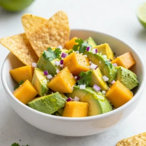 For a bright and tasty Mango Avocado Salsa, you need fresh ingredients. Each component adds to the flavor and texture. Here’s what you’ll need: - 1 ripe mango, diced - 2 ripe avocados, diced - 1 small red onion, finely chopped - 1 jalapeño pepper, deseeded and minced - 1/4 cup fresh cilantro, chopped - Juice of 2 limes - 1 tablespoon olive oil - Salt and pepper to taste - Optional: 1/2 teaspoon ground cumin for added depth The ripe mango brings sweetness, while the avocado adds creaminess. The red onion gives a little crunch, and jalapeño adds heat. Fresh cilantro brings a burst of flavor. Limes provide a zesty kick, and olive oil ties it all together. Salt and pepper help balance the flavors. Adding cumin can deepen the taste, but it’s optional. When you gather these ingredients, you set the stage for a fresh, flavorful dip that delights everyone. {{ingredient_image_1}} - Start by dicing the ripe mango into small cubes. Make sure they are even-sized. - Next, take the ripe avocados and dice them as well. This gives a nice creamy texture. - Chop the small red onion finely and place it in the bowl. It adds a nice crunch. - For some heat, mince the jalapeño pepper. Remove the seeds for less spice. - Finally, chop the fresh cilantro. This herb brings a burst of freshness to the salsa. - In a large bowl, combine all the prepared ingredients. - Squeeze the juice of two limes over everything. This adds bright flavor and keeps the avocados from browning. - Drizzle a tablespoon of olive oil into the bowl. Then, sprinkle salt, pepper, and optional ground cumin on top. - Gently toss all the ingredients together. Be careful not to mash the avocado. - Taste the salsa and adjust the seasoning as needed. Add more lime juice, salt, or pepper if you like. - Let the salsa sit for about 10-15 minutes. This resting time helps the flavors mix and deepen. *Choosing ripe mango and avocados*: Look for mangoes that give slightly when you press them. They should smell sweet near the stem. For avocados, check the skin. It should be dark and feel soft but not mushy. *Adjusting spice levels with jalapeño*: If you want more heat, keep some seeds in the jalapeño. If you prefer less spice, remove all seeds. Start with a small amount, then taste and add more if needed. *Importance of resting time for flavor*: Let the salsa sit for 10-15 minutes before serving. This wait helps all the flavors mix well. You’ll be amazed at how much better it tastes! *Presentation ideas for serving*: Use a bright bowl to serve the salsa. Place tortilla chips around the bowl for a fun look. Add a sprig of cilantro and a lime wedge on top for extra color. *Pairings with dishes*: This salsa pairs great with tortilla chips, tacos, or grilled fish. You can also spoon it over chicken or use it in wraps. The fresh taste will brighten up any meal! Pro Tips Choose Ripe Fruits: Ensure your mango and avocados are perfectly ripe for the best flavor and texture in your salsa. Adjust Heat Level: Customize the heat by adding more or less jalapeño, or consider using a milder pepper if you prefer a gentler kick. Fresh Ingredients Matter: Use fresh cilantro and lime juice for a vibrant, zesty flavor that enhances the overall dish. Let It Rest: Allowing the salsa to sit for 10-15 minutes before serving will help the flavors meld beautifully. {{image_2}} You can make mango avocado salsa even better! Try adding fruits like pineapple or peach. These fruits bring a sweet twist to the dish. They pair well with the creamy avocado and bright mango. Just chop them up and mix them in. Another great idea is to add beans. Black beans or white beans add protein and fiber to your salsa. This makes the dish heartier and more filling. Simply rinse and drain the beans, then fold them into the mix. This small change makes a big difference. Want to make your salsa vegan-friendly? No problem! The base of this recipe is already plant-based. Just make sure to use a good, fresh lime juice and skip any non-vegan extras. If you need gluten-free options, you're in luck! This salsa is naturally gluten-free. Just serve it with gluten-free tortilla chips or veggies. You can enjoy this fresh dip without worry. To keep your mango avocado salsa fresh, store it in an airtight container. Place the salsa in the refrigerator right after making it. This will help keep the flavors bright and the ingredients fresh. If you want to freeze it, use a freezer-safe container. Leave some space at the top, as the salsa will expand when frozen. It can stay good for up to three months in the freezer. Remember to thaw it in the fridge before serving. Mango avocado salsa stays fresh for about 3 days in the fridge. After that, the avocado may start to brown and the flavors fade. Look for signs of spoilage. If the salsa has a strange smell, or if you see mold, it’s best to throw it away. Enjoy your salsa while it’s at its best! Can I make this salsa ahead of time? Yes, you can make this salsa a few hours before serving. Just wait to add the avocado until close to serving time. This keeps the avocado fresh and green. What can I serve this salsa with? This salsa pairs great with tortilla chips, tacos, or grilled fish. You can also use it as a topping for chicken or salads. The options are endless! Is it possible to prepare this salsa without garlic? Absolutely! You can skip the garlic if you prefer a milder taste. The other ingredients still bring great flavor to the salsa. What should I do with leftovers? Store leftovers in an airtight container in the fridge. Use them within a day or two for the best taste. If the avocado browns, add a bit more lime juice to freshen it up. This blog post covered how to make a tasty mango avocado salsa. You learned about fresh ingredients, preparation steps, and mixing instructions. We also shared tips for the best results and storage info. Plus, we explored great variations and answered common questions. In conclusion, making this salsa is easy and rewarding. Fresh ingredients make it burst with flavor. Enjoy it with chips or as a topping for your favorite dishes. Give it a try and impress your guests!