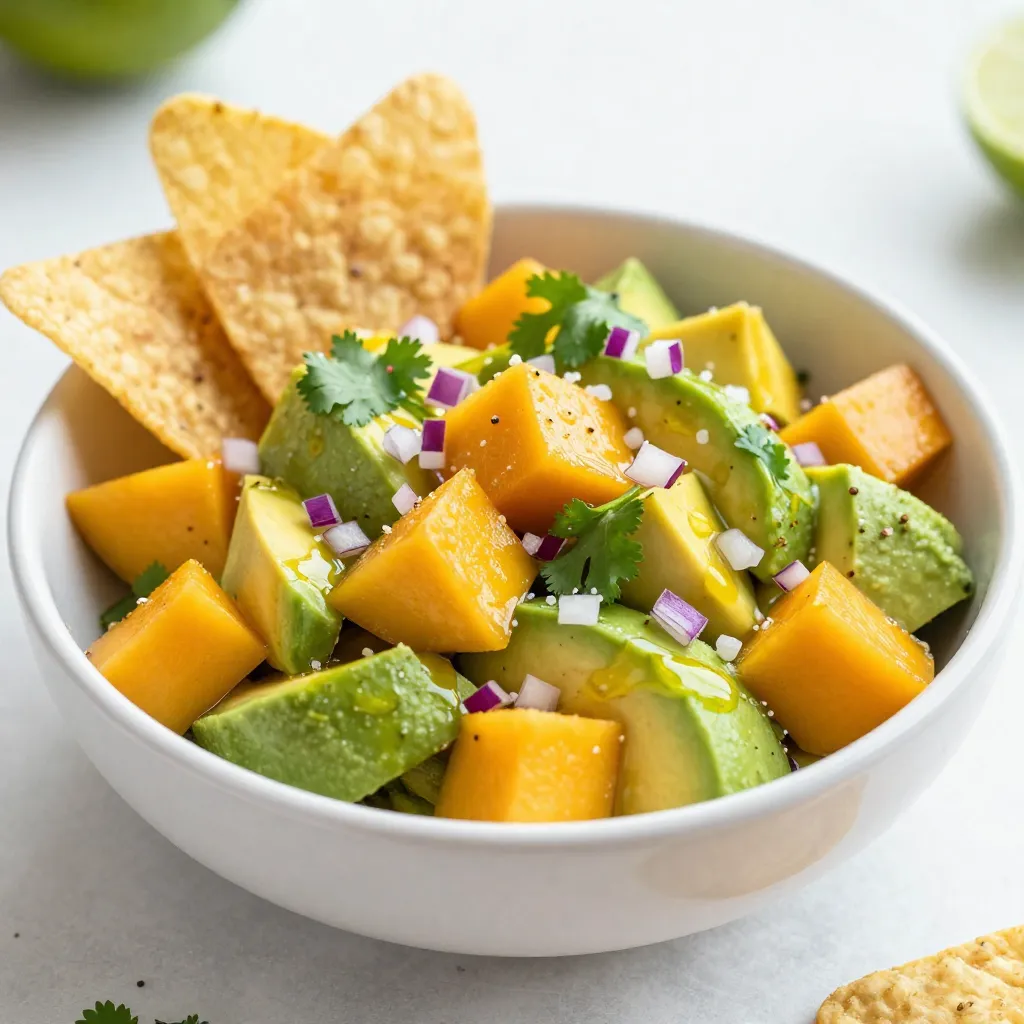 For a bright and tasty Mango Avocado Salsa, you need fresh ingredients. Each component adds to the flavor and texture. Here’s what you’ll need: - 1 ripe mango, diced - 2 ripe avocados, diced - 1 small red onion, finely chopped - 1 jalapeño pepper, deseeded and minced - 1/4 cup fresh cilantro, chopped - Juice of 2 limes - 1 tablespoon olive oil - Salt and pepper to taste - Optional: 1/2 teaspoon ground cumin for added depth The ripe mango brings sweetness, while the avocado adds creaminess. The red onion gives a little crunch, and jalapeño adds heat. Fresh cilantro brings a burst of flavor. Limes provide a zesty kick, and olive oil ties it all together. Salt and pepper help balance the flavors. Adding cumin can deepen the taste, but it’s optional. When you gather these ingredients, you set the stage for a fresh, flavorful dip that delights everyone. {{ingredient_image_1}} - Start by dicing the ripe mango into small cubes. Make sure they are even-sized. - Next, take the ripe avocados and dice them as well. This gives a nice creamy texture. - Chop the small red onion finely and place it in the bowl. It adds a nice crunch. - For some heat, mince the jalapeño pepper. Remove the seeds for less spice. - Finally, chop the fresh cilantro. This herb brings a burst of freshness to the salsa. - In a large bowl, combine all the prepared ingredients. - Squeeze the juice of two limes over everything. This adds bright flavor and keeps the avocados from browning. - Drizzle a tablespoon of olive oil into the bowl. Then, sprinkle salt, pepper, and optional ground cumin on top. - Gently toss all the ingredients together. Be careful not to mash the avocado. - Taste the salsa and adjust the seasoning as needed. Add more lime juice, salt, or pepper if you like. - Let the salsa sit for about 10-15 minutes. This resting time helps the flavors mix and deepen. *Choosing ripe mango and avocados*: Look for mangoes that give slightly when you press them. They should smell sweet near the stem. For avocados, check the skin. It should be dark and feel soft but not mushy. *Adjusting spice levels with jalapeño*: If you want more heat, keep some seeds in the jalapeño. If you prefer less spice, remove all seeds. Start with a small amount, then taste and add more if needed. *Importance of resting time for flavor*: Let the salsa sit for 10-15 minutes before serving. This wait helps all the flavors mix well. You’ll be amazed at how much better it tastes! *Presentation ideas for serving*: Use a bright bowl to serve the salsa. Place tortilla chips around the bowl for a fun look. Add a sprig of cilantro and a lime wedge on top for extra color. *Pairings with dishes*: This salsa pairs great with tortilla chips, tacos, or grilled fish. You can also spoon it over chicken or use it in wraps. The fresh taste will brighten up any meal! Pro Tips Choose Ripe Fruits: Ensure your mango and avocados are perfectly ripe for the best flavor and texture in your salsa. Adjust Heat Level: Customize the heat by adding more or less jalapeño, or consider using a milder pepper if you prefer a gentler kick. Fresh Ingredients Matter: Use fresh cilantro and lime juice for a vibrant, zesty flavor that enhances the overall dish. Let It Rest: Allowing the salsa to sit for 10-15 minutes before serving will help the flavors meld beautifully. {{image_2}} You can make mango avocado salsa even better! Try adding fruits like pineapple or peach. These fruits bring a sweet twist to the dish. They pair well with the creamy avocado and bright mango. Just chop them up and mix them in. Another great idea is to add beans. Black beans or white beans add protein and fiber to your salsa. This makes the dish heartier and more filling. Simply rinse and drain the beans, then fold them into the mix. This small change makes a big difference. Want to make your salsa vegan-friendly? No problem! The base of this recipe is already plant-based. Just make sure to use a good, fresh lime juice and skip any non-vegan extras. If you need gluten-free options, you're in luck! This salsa is naturally gluten-free. Just serve it with gluten-free tortilla chips or veggies. You can enjoy this fresh dip without worry. To keep your mango avocado salsa fresh, store it in an airtight container. Place the salsa in the refrigerator right after making it. This will help keep the flavors bright and the ingredients fresh. If you want to freeze it, use a freezer-safe container. Leave some space at the top, as the salsa will expand when frozen. It can stay good for up to three months in the freezer. Remember to thaw it in the fridge before serving. Mango avocado salsa stays fresh for about 3 days in the fridge. After that, the avocado may start to brown and the flavors fade. Look for signs of spoilage. If the salsa has a strange smell, or if you see mold, it’s best to throw it away. Enjoy your salsa while it’s at its best! Can I make this salsa ahead of time? Yes, you can make this salsa a few hours before serving. Just wait to add the avocado until close to serving time. This keeps the avocado fresh and green. What can I serve this salsa with? This salsa pairs great with tortilla chips, tacos, or grilled fish. You can also use it as a topping for chicken or salads. The options are endless! Is it possible to prepare this salsa without garlic? Absolutely! You can skip the garlic if you prefer a milder taste. The other ingredients still bring great flavor to the salsa. What should I do with leftovers? Store leftovers in an airtight container in the fridge. Use them within a day or two for the best taste. If the avocado browns, add a bit more lime juice to freshen it up. This blog post covered how to make a tasty mango avocado salsa. You learned about fresh ingredients, preparation steps, and mixing instructions. We also shared tips for the best results and storage info. Plus, we explored great variations and answered common questions. In conclusion, making this salsa is easy and rewarding. Fresh ingredients make it burst with flavor. Enjoy it with chips or as a topping for your favorite dishes. Give it a try and impress your guests!