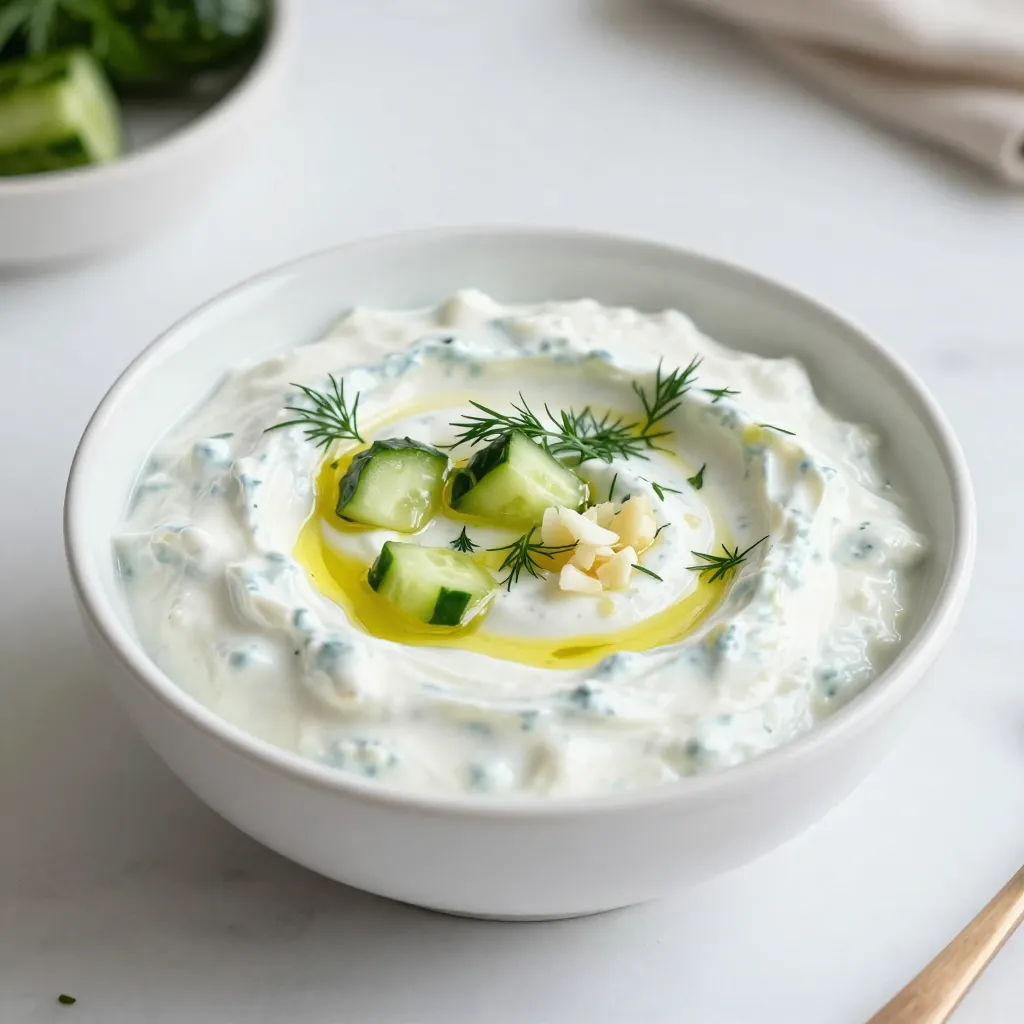 - 1 cup Greek yogurt - 1 medium cucumber, grated and excess moisture squeezed out - 2 cloves garlic, minced - 1 tablespoon extra-virgin olive oil - 1 tablespoon white vinegar or lemon juice - 1 tablespoon fresh dill, chopped (or 1 teaspoon dried dill) - Salt and pepper to taste Greek yogurt is the star of tzatziki. It adds a rich, creamy base. The yogurt should be thick and tangy. Look for full-fat Greek yogurt for the best flavor. Cucumber adds a refreshing crunch. Grating it makes it easier to mix in. Squeeze out excess moisture to avoid a watery dip. Garlic gives tzatziki its bold flavor. Use fresh cloves for the best taste. Minced garlic has a strong kick that pairs well with yogurt. Dill brightens the dip. Fresh dill is the best choice, but dried works too. It adds an earthy note to the flavor. When choosing yogurt, check the label for live cultures. This means it has good bacteria for health. For cucumbers, pick ones that are firm and smooth. Avoid cucumbers with soft spots or wrinkles. Always buy fresh garlic. Look for bulbs that are firm and tightly packed. If you can, get fresh dill from the produce aisle. If not, dried dill is a good backup. Using high-quality olive oil makes a big difference. Look for extra-virgin olive oil for the best taste. If you want a tangy kick, fresh lemon juice is a great choice over vinegar. {{ingredient_image_1}} To make creamy Greek tzatziki dip, start with a few simple steps. First, grab your ingredients and gather them on a clean surface. You need Greek yogurt, a cucumber, garlic, olive oil, vinegar or lemon juice, dill, salt, and pepper. Next, take the cucumber. Grate it using a box grater. After grating, squeeze the cucumber to remove extra moisture. This step is key. If you skip it, your dip may become watery. In a mixing bowl, add the cup of Greek yogurt and the grated cucumber. The yogurt gives the dip its creamy texture. Then, add the minced garlic. You want two cloves for a strong flavor. Now, pour in one tablespoon of olive oil and your choice of vinegar or lemon juice. This adds a nice tang. Finally, mix in the chopped dill. If you use dried dill, just one teaspoon will do. Stir everything together until well combined. This is where the magic happens. You want to see a nice blend of flavors and colors. Once mixed, taste the dip and add salt and pepper to your liking. This step lets you adjust the flavor. After seasoning, cover the bowl with plastic wrap. Place the bowl in the fridge for at least 30 minutes. This wait helps the flavors meld. When you're ready to serve, give the tzatziki a quick stir. Check the seasoning one last time before enjoying it with pita or veggies. To store tzatziki, place it in an airtight container. This keeps it fresh for longer. Homemade tzatziki can last up to four days in the fridge. If you notice any liquid on top, just stir it back in before serving. This dip tastes even better the next day as flavors blend. You can easily change the flavor of your tzatziki. Try using different herbs like mint or parsley instead of dill. You can also add a hint of spice by mixing in a pinch of cayenne or smoked paprika. For a creamier dip, swap in sour cream for part of the yogurt. Experiment with garlic; more can give it a stronger taste, while less keeps it mild. Tzatziki pairs well with many dishes. Serve it with warm pita bread for a tasty snack. It also goes great alongside grilled meats like chicken or lamb. Use it as a dip for fresh veggies, or dollop it on salads for extra flavor. If you like Mediterranean flavors, tzatziki complements falafel or gyros perfectly. Pro Tips Choosing the Right Yogurt: Use full-fat Greek yogurt for a creamier texture and richer flavor. Draining the Cucumber: Squeeze out as much moisture as possible from the grated cucumber to prevent the dip from becoming watery. Letting Flavors Marry: Allow the tzatziki to chill in the refrigerator for at least 30 minutes before serving to enhance the flavors. Serving Suggestions: Serve with pita bread, fresh vegetables, or as a condiment for grilled meats for a delicious twist. {{image_2}} You can change the taste of your tzatziki by using different herbs. Fresh mint gives a bright flavor. It pairs well with the cool cucumber. You might also try chives for a mild onion taste. Cilantro can add a fresh twist if you enjoy its strong flavor. Each herb changes the dip's taste, making it fun to experiment. Greek yogurt is the base of tzatziki, but you can swap it out. If you want less fat, try low-fat yogurt. For a dairy-free option, use coconut yogurt. It adds a hint of sweetness. You can also try cashew yogurt for a nutty flavor. Each yogurt choice will create a unique spin on this classic dip. Adding a few extra ingredients can elevate your tzatziki. You can mix in some roasted red pepper for a smoky taste. A pinch of chili flakes gives a spicy kick. For a tangy twist, add a bit of feta cheese. If you love lemon, a little zest can brighten the dip. Each enhancement adds depth and makes the dip even more enjoyable. To store your tzatziki dip, place it in an airtight container. This keeps the dip fresh and prevents it from picking up other flavors from your fridge. Make sure to cover the container tightly. You can use plastic wrap or a lid. Store it in the fridge for best results. Freezing tzatziki is not the best choice. The yogurt may separate when thawed. If you need to freeze it, use a freezer-safe container. Leave some space at the top for expansion. Thaw it in the fridge before using. Mix it well to restore some creaminess. Tzatziki dip lasts about 3 to 5 days in the fridge. Always check for signs of spoilage. If the dip looks or smells off, it’s best to throw it away. For the best taste, enjoy your tzatziki dip within this time. Tzatziki comes from Greece. This dip is very popular in Greek meals. It pairs well with grilled meats and pita bread. The base is yogurt, which gives it a creamy texture. It often has cucumbers, garlic, and herbs mixed in. Each family may have its own special way of making it. Yes, you can make tzatziki ahead of time. In fact, it tastes even better after resting. I suggest making it a day before your event. Just store it in the fridge until you are ready to serve. This allows the flavors to blend nicely. Make sure to stir it again before serving to refresh the taste. Tzatziki can last about 3 to 5 days in the fridge. Keep it in a sealed container. If it starts to smell off or looks watery, it's time to toss it. Always check for freshness before you eat. This dip is best enjoyed fresh, but it holds up well for a few days. You learned how to make tasty tzatziki dip. We explored the best ingredients, preparation steps, and tips for keeping it fresh. Remember to choose herbs and yogurt that fit your taste. Customize it to match your meals. Store leftovers properly for great flavor later. Tzatziki can bring joy to your table, adding fun to meals. Enjoy this creamy dip and share it with friends. It’s simple, delicious, and always a hit!