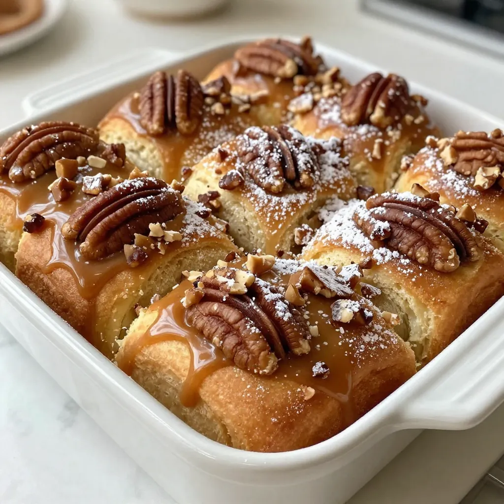 To make Caramel Pecan Sticky Buns, you need these key ingredients: - 3 cups all-purpose flour, plus extra for dusting - 1/4 cup granulated sugar - 1 packet (2 1/4 teaspoons) active dry yeast - 1/2 teaspoon salt - 1/2 cup milk, warmed - 1/4 cup unsalted butter, melted - 2 large eggs - 1 teaspoon vanilla extract - 1/2 cup brown sugar, packed - 1/4 cup corn syrup - 1/4 cup unsalted butter - 1 cup pecans, chopped - 1 tablespoon ground cinnamon - 1/4 cup raisins (optional) Each ingredient plays a special role in the final flavor and texture. The flour gives the buns structure. Sugar adds sweetness and helps with browning. Yeast makes the dough rise, creating that fluffy texture we love. Warm milk activates the yeast. Butter adds richness and flavor. Eggs help bind everything together and give moisture. Vanilla enhances the overall taste. Brown sugar and corn syrup create the sticky caramel that makes these buns irresistible. Chopped pecans add crunch and depth. Cinnamon gives a warm, cozy flavor. Raisins are optional, but they can add a nice chew and sweetness. Gather these ingredients, and you're on your way to making a delicious treat! {{ingredient_image_1}} 1. Activating the yeast: Start by warming the milk. Mix it with granulated sugar in a small bowl. Stir until the sugar melts. Add the yeast and let it sit. You want it to become frothy in about 5 minutes. 2. Mixing dry ingredients: In a large bowl, whisk together the flour and salt. Make a well in the center of this mix. 3. Combining wet ingredients: Pour the yeast mixture into the well you made. Add melted butter, eggs, and vanilla extract. Mix everything until the dough begins to form. 1. Kneading the dough: Lightly flour your surface. Knead the dough for about 5-7 minutes. It should feel smooth and elastic when you’re done. 2. First rise time: Place your dough in a greased bowl and cover it with a kitchen towel. Let it rise for about 1 hour in a warm spot. It should double in size. 1. Combining ingredients in a saucepan: In a small saucepan, mix brown sugar, corn syrup, and butter. Heat this over low heat, stirring until it melts and smooths out. 2. Cooling the caramel mixture: Once it’s ready, remove it from the heat. Let it cool for a bit while you prepare the dough. 1. Rolling out the dough: After the dough has risen, roll it out on a floured surface. Aim for a rectangle about 12x18 inches. 2. Adding toppings: Brush melted butter over the dough. Sprinkle the brown sugar mixture, cinnamon, chopped pecans, and raisins if you want them. 3. Shaping the buns: Roll the dough tightly from the long side. Cut the log into 12 equal pieces. 1. Arranging in the baking dish: Pour the cooled caramel mixture into a baking dish. Place the sliced buns in the dish, cut side up. 2. Second rise time: Cover the dish and let the buns rise again for about 30 minutes. 3. Baking details: Preheat your oven to 350°F (175°C). Bake the sticky buns for 25-30 minutes until they turn golden brown. Enjoy your baking! - Temperature matters The warmth of your milk helps wake up the yeast. If your milk is too hot, it can kill the yeast. Aim for a temperature around 110°F. This helps your dough rise well. - The importance of kneading Kneading helps develop gluten in the dough. This makes the sticky buns soft and chewy. Don’t rush this step. Knead for about 5-7 minutes until the dough feels smooth and elastic. - Adding spices You can make your sticky buns even better by adding spices. Try a pinch of nutmeg or cardamom to the brown sugar. This gives a warm flavor that delights your taste buds. - Incorporating different nuts While pecans are great, feel free to experiment. Walnuts or almonds can add a nice crunch. Mix different nuts for an exciting twist. - Checking for golden brown When baking, keep an eye on the buns. They should be golden brown on top. This color means they are cooked well and ready to enjoy. - Testing doneness To check if they are done, use a toothpick. Insert it in the center of a bun. If it comes out clean, they are ready. If not, give them a few more minutes in the oven. Pro Tips Activate Your Yeast: Ensure the milk is warm, not hot, to properly activate the yeast for a fluffy dough. Perfect Rolling Technique: Roll the dough tightly to ensure the buns hold their shape and have a beautiful swirl when baked. Use Fresh Ingredients: Opt for fresh pecans and high-quality butter for the best flavor and texture in your sticky buns. Let Them Cool: Allow the buns to cool for a few minutes in the pan before inverting to prevent the caramel from spilling. {{image_2}} You can change the toppings to make your sticky buns even better. Here are a couple of ideas: - Different nuts: Try walnuts or almonds instead of pecans. Each nut brings a new taste. - Chocolate chips: Add chocolate chips for a sweet twist. They melt into the buns and make them extra gooey. Making these sticky buns vegan or gluten-free is easy with some swaps: - Substituting dairy: Use almond milk or coconut milk instead of regular milk. For butter, try vegan butter or coconut oil. - Gluten-free flour choices: Use a gluten-free flour blend. This keeps the texture soft, just like the original. You can change the flavors with the seasons. Here are some fun ideas: - Autumn flavors: Add pumpkin spice or apples for a cozy fall taste. These flavors pair well with caramel. - Holiday-themed additions: Use nutmeg and cranberries for a festive touch. These make your buns perfect for any holiday gathering. To keep Caramel Pecan Sticky Buns fresh, store them in an airtight container. This helps prevent them from drying out. You can also wrap them in plastic wrap. This adds extra protection against air. Keep the container at room temperature for up to two days. If you want to store them longer, consider refrigeration. However, this may change their texture slightly. When it's time to enjoy your sticky buns again, you can reheat them in two ways: the oven or the microwave. The oven is best for keeping them soft. Preheat your oven to 350°F (175°C). Place the buns on a baking sheet and cover them with foil. Heat for about 10-15 minutes. This will warm them evenly. If you're in a hurry, the microwave works too. Heat one bun at a time for about 15-20 seconds. Remember to check if it's warm enough before serving. Freezing is a great option for sticky buns. To freeze them, first let them cool completely. Then, wrap each bun in plastic wrap. Place them in a freezer-safe bag or container. This will keep them fresh for up to three months. When you’re ready to eat, remove the buns from the freezer. Thaw them in the fridge overnight for the best results. If you're in a rush, you can also use the microwave. Just be sure to heat them gently so they stay soft. To check if yeast is active, mix it with warm milk and sugar. After 5 minutes, it should foam and bubble. If it does, your yeast is good. If nothing happens, the yeast may be old or the milk too hot or cold. Always use fresh yeast for the best rise in dough. Yes! You can prepare the dough and shape the buns. Then, cover them tightly and refrigerate overnight. The next day, let them rise for about 30 minutes before baking. This method saves time and allows flavors to develop, making your sticky buns even better. If you cannot use pecans, try walnuts or almonds. Both nuts add a nice crunch and flavor. You can also use seeds like sunflower or pumpkin seeds for a nut-free option. Just make sure to chop them to a similar size for even distribution. Caramel Pecan Sticky Buns last for about 2-3 days when stored in an airtight container. Keep them at room temperature. They may lose some softness over time, but they will still be tasty. For longer storage, freeze them. They can last for up to 3 months in the freezer. Yes, you can use instant yeast instead of active dry yeast. Use the same amount, but you don’t need to proof it. Just mix it directly with the dry ingredients. This saves time and simplifies the process, making your baking easier. You now know how to make delicious caramel pecan sticky buns from scratch. We covered all the important steps, from gathering ingredients to baking your buns. Remember to pay attention to yeast activation and kneading for perfect dough. Don’t hesitate to try different toppings or seasonal flavors to make the recipe your own. With proper storage, you can enjoy these tasty treats for days. Use these tips and tricks to impress friends and family. Happy baking and enjoy your sweet creations!
