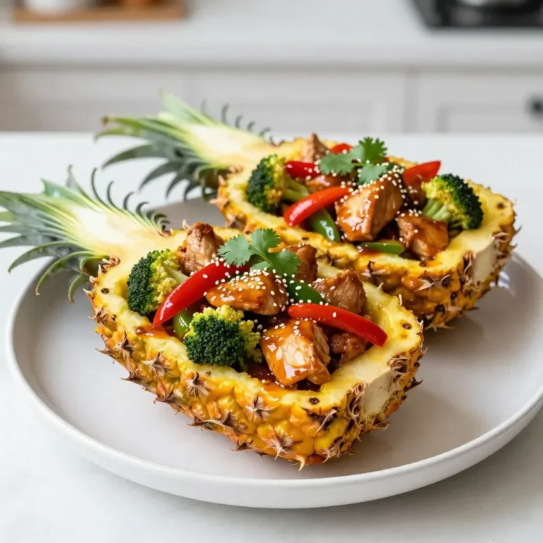 - 2 ripe pineapples - 2 boneless, skinless chicken breasts, diced - ½ cup teriyaki sauce - 1 bell pepper (red or green), diced - 1 small red onion, diced - 1 cup broccoli florets - 2 tablespoons sesame oil - 1 teaspoon garlic, minced - 1 teaspoon ginger, minced - ½ teaspoon black pepper - Sesame seeds for garnish - Fresh cilantro for garnish The main ingredients are fresh and bright. The ripe pineapples bring sweetness. The chicken adds protein. Teriyaki sauce gives a delicious glaze. The veggies add crunch and color. - Chopped green onions - Sliced jalapeños for heat - Crushed nuts for crunch - Other vegetables like carrots or snap peas You can swap in your favorites. Add some heat with jalapeños. Green onions can brighten the dish. Nuts give a great crunch. - Sharp knife for cutting - Large skillet for cooking - Baking sheet for roasting - Mixing spoon for stirring - Measuring cups and spoons These tools make cooking easier. A sharp knife helps with pineapple cutting. A skillet cooks the chicken perfectly. A baking sheet holds your boats while they bake. {{ingredient_image_1}} To start, grab two ripe pineapples. Cut each pineapple in half lengthwise. Use a sharp knife to scoop out the flesh carefully. Leave about a 1/2-inch thick shell. This shell will hold all the tasty filling. After scooping, chop the pineapple flesh into small pieces and set them aside. You will mix this with the chicken later. Next, heat two tablespoons of sesame oil in a large skillet over medium heat. Add the diced chicken breasts. Cook them for about 5 to 7 minutes until they turn brown. Then, add one teaspoon of minced garlic and one teaspoon of minced ginger. Stir these in until they smell great, about one minute. Now, pour in ½ cup of teriyaki sauce and ½ teaspoon of black pepper. Stir everything well to coat the chicken. Toss in one diced bell pepper, one small red onion, one cup of broccoli florets, and the chopped pineapple. Cook this mixture for an additional 5 to 7 minutes. The vegetables should be tender but still crisp. Now, it’s time to fill the pineapple boats. Carefully spoon the teriyaki chicken mixture into each pineapple shell. Make sure to pack it in firmly. Place the filled boats on a baking sheet. Bake in your preheated oven at 375°F (190°C) for 20 minutes. Once done, remove them from the oven. Let them cool for a minute. Finally, garnish with sesame seeds and fresh cilantro. This adds a nice touch to your dish! To pick the best pineapple, look for one that feels heavy. A ripe pineapple has a sweet smell at the base. Check the color; it should be golden yellow. Avoid pineapples with brown spots or soft areas. Their leaves should be green and fresh-looking. When you find a good one, it will make your dish shine. For tender chicken, start with diced, boneless, skinless breasts. Cook them on medium heat in sesame oil. This method keeps them juicy. Brown the chicken for 5-7 minutes, then add garlic and ginger. They add great flavor and aroma. Stir in teriyaki sauce and let it simmer. This helps the chicken absorb all the tasty sauce. Presentation matters in cooking. Use a large platter to show off the pineapple boats. Garnish with fresh cilantro for a pop of color. Sprinkle sesame seeds on top for crunch and style. Drizzle extra teriyaki sauce around the boats for a nice touch. This creates a vibrant and inviting dish that looks as good as it tastes. Pro Tips Choose Ripe Pineapples: Select pineapples that are slightly soft to the touch and have a sweet aroma, ensuring they are ripe and flavorful. Perfectly Cooked Chicken: Make sure to cook the chicken until it reaches an internal temperature of 165°F (75°C) to ensure it is safe to eat and juicy. Customize Your Veggies: Feel free to add or substitute vegetables based on your preference, such as snap peas or carrots for added crunch. Garnishing for Presentation: A sprinkle of sesame seeds and fresh cilantro not only enhances the dish's visual appeal but adds an extra layer of flavor. {{image_2}} If you want a vegetarian or vegan twist, use tofu instead of chicken. Tofu absorbs flavors well. Choose firm tofu for the best texture. Just cube it like chicken and cook it in the same way. You can also add more veggies, like mushrooms or zucchini, to bulk it up. For extra flavor, try marinating the tofu in teriyaki sauce before cooking. This adds a nice touch! Feel free to switch out the teriyaki sauce for different tastes. You can try sweet chili sauce for a kick. Another option is soy sauce mixed with honey and lime juice. This blend gives a tangy flavor. BBQ sauce works great too for a smoky taste. Just remember to adjust the cooking time as needed, especially if you use thicker sauces. Get creative with the fillings! You can add cooked quinoa or rice for a hearty meal. Try different vegetables like snap peas or carrots. Nuts, such as cashews or almonds, can add crunch and flavor. You can even add cheese for a creamy touch. Just sprinkle some cheese on top before baking for a nice melt. The options are endless, so have fun experimenting! To store leftover pineapple boats, let them cool first. Place the filled boats in an airtight container. Keep them in the fridge for up to three days. This way, they stay fresh and tasty. If you want to enjoy them later, make sure to cover them well to stop any smells from getting in. You can freeze the pineapple boats if you need to keep them longer. Wrap each boat tightly in plastic wrap. Then, put them in a freezer-safe bag. They will last for about two months in the freezer. To reheat, take them out and let them thaw in the fridge overnight. Then, place them in the oven at 350°F (175°C) for about 15 minutes. This will warm them up without drying them out. Using fresh ingredients makes a big difference. Always pick ripe pineapples. They should feel heavy and smell sweet at the stem end. When you buy chicken, choose quality cuts. Look for bright color and no bad smell. Keep veggies crisp by storing them in the fridge. Use them within a few days for the best taste. These simple tips help keep your dish delicious! Yes, you can! Try using cantaloupe, mango, or even zucchini. Each fruit adds a new flavor. Just make sure the fruit you choose can hold the filling well. Cut it in half and scoop out some flesh. This way, you create a sturdy base. Cooking the chicken takes about 5 to 7 minutes. You want it to brown nicely. Make sure to stir it often for even cooking. The chicken should be fully cooked with no pink inside. Using a meat thermometer can help, aiming for 165°F (75°C). Yes, many brands offer gluten-free teriyaki sauce. Look for ones made with tamari instead of soy sauce. Always check the label to ensure it fits your diet. Making your own sauce with gluten-free ingredients is also an option. Combine honey, rice vinegar, and ginger for a quick sauce. These boats pair well with rice or quinoa. You can also serve them with a fresh salad for a crunch. Steamed vegetables like green beans or snap peas add a nice touch too. For a fun twist, offer some spring rolls on the side. In this post, we explored how to make delicious pineapple boats filled with teriyaki chicken. We discussed main ingredients, optional ones for custom flair, and the tools you’ll need. Step-by-step, I shared how to prepare and cook the dish perfectly. I offered tips for selecting the best pineapple and cooking tender chicken. We also looked at fun variations and storage tips. Now, you can impress your friends with this tasty recipe. Get creative and enjoy every bite!