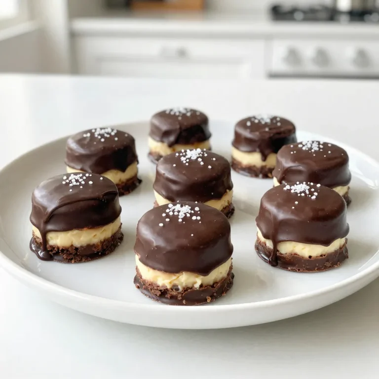 To make these cheesecake bites, you need: - 8 oz cream cheese, softened - 1/2 cup powdered sugar - 1 tsp vanilla extract - 1 cup graham cracker crumbs - 8 oz dark chocolate, chopped - Sea salt for garnish These ingredients create a creamy and sweet base. The cream cheese gives it richness. Powdered sugar adds sweetness, while vanilla brings in flavor. Graham cracker crumbs provide a nice crunch. Dark chocolate coats the bites for a decadent finish. You can enhance your bites with: - 1/4 cup mini chocolate chips - 1 tablespoon coconut oil Mini chocolate chips add extra sweetness and texture. Coconut oil helps chocolate melt smoothly. Both ingredients make the bites even more delicious. Feel free to mix and match to your taste! Gather these tools to make the process easier: - Mixing bowl - Electric mixer or whisk - Small cookie scoop or your hands - Parchment paper - Baking sheet - Microwave-safe bowl These tools help you mix, shape, and coat the bites easily. Parchment paper prevents sticking, and a baking sheet holds everything while it freezes. {{ingredient_image_1}} Start with a mixing bowl. Add 8 oz of softened cream cheese. Then, pour in 1/2 cup of powdered sugar. Next, add 1 tsp of vanilla extract. Beat this mixture until it is smooth and creamy. This step is key for a great texture. Gently fold in 1 cup of graham cracker crumbs. If you want a chocolate touch, add 1/4 cup of mini chocolate chips. Mix until everything is fully blended. Now, it's time to shape the bites. Use your hands or a small cookie scoop. Form the mixture into small balls, about 1 inch wide. This size is perfect for popping in your mouth. Place these balls on a baking sheet lined with parchment paper. Make sure they have space between them. Freeze the bites for at least 30 minutes. This helps them hold their shape when you dip them in chocolate. While your cheesecake bites chill, prepare the chocolate coating. Take 8 oz of chopped dark chocolate and place it in a microwave-safe bowl. If you want a smoother melt, add 1 tablespoon of coconut oil. Microwave in 30-second intervals. Stir in between until the chocolate is fully melted and smooth. Once your cheesecake bites are firm, dip each one into the melted chocolate. Let any excess chocolate drip off. Return them to the baking sheet. Just before the chocolate hardens, sprinkle a pinch of sea salt on top. This adds a nice flavor boost. Finally, put the baking sheet back in the freezer for 10-15 minutes. This will set the chocolate completely. To get a smooth chocolate coating, use high-quality chocolate. I recommend dark chocolate for rich flavor. Chop it into small pieces to melt evenly. Add coconut oil to the chocolate. This helps it melt smoother. Heat the chocolate in short bursts. Microwave it in 30-second intervals. Stir it often to prevent burning. Once melted, the chocolate should be glossy. Dip each cheesecake bite quickly for the best results. For uniform cheesecake bites, use a small cookie scoop. This keeps each bite the same size. Roll the mixture in your hands gently. Aim for about 1 inch in diameter. Place them on parchment paper to avoid sticking. Make sure they are evenly spaced. Chilling them in the freezer helps firm them up. This makes dipping easier and cleaner. To stop the chocolate from cracking, make sure it cools slightly before dipping. If it is too hot, it might crack when it sets. Ensure the cheesecake bites are very cold. This helps the chocolate set quickly. After dipping, return them to the freezer to set fully. Sprinkle sea salt while the chocolate is still wet. This adds flavor and looks great. Pro Tips Room Temperature Cream Cheese: Make sure your cream cheese is at room temperature for easier mixing and a smoother texture. Chill for Better Dipping: Ensure the cheesecake bites are thoroughly chilled before dipping in chocolate for a clean and even coating. Use Quality Chocolate: Opt for high-quality dark chocolate for the best flavor and a silky texture when melted. Experiment with Toppings: Get creative with toppings by adding crushed nuts, sprinkles, or even drizzling white chocolate for a decorative touch. {{image_2}} You can change the chocolate coating to fit your taste. Instead of dark chocolate, try white chocolate for a sweeter bite. Melt the white chocolate the same way as dark. You can also use milk chocolate for a creamier flavor. Each coating adds a new look and taste to your cheesecake bites. You can make these bites more fun with different flavors. Try mixing in fruit puree, like strawberry or raspberry, into the cream cheese. This will give your bites a fruity twist. You can also add zest from lemon or orange for a fresh taste. This way, every bite can surprise you with a new flavor. You can easily adapt this recipe for different diets. For a gluten-free option, use gluten-free graham crackers. This keeps the crust crunchy without gluten. If you want a vegan version, swap cream cheese for a vegan cream cheese. Use coconut milk or almond milk for the chocolate coating. This way, everyone can enjoy the deliciousness of cheesecake bites. After making these bites, you want to keep them fresh. Store your chocolate-covered cheesecake bites in an airtight container. This helps prevent them from drying out or absorbing other odors. Place a piece of parchment paper between layers if you stack them. This keeps the chocolate from sticking. If you want to enjoy these bites later, freezing works well. First, place the bites on a baking sheet in a single layer. Freeze them for about an hour until firm. Then, transfer them to a freezer-safe bag or container. Make sure to remove as much air as possible. These bites can last up to three months in the freezer. When you're ready to eat, let them thaw in the fridge overnight. Serve the bites chilled for the best taste. You can drizzle extra melted chocolate over them for a nice touch. Adding a sprinkle of sea salt right before serving enhances the flavor. For a pop of color, consider garnishing with fresh mint leaves. This makes your dessert look even more inviting. Yes, you can! Cream cheese gives a rich taste. But you can also try mascarpone or ricotta. Each cheese adds a unique flavor. Just remember, the texture may change a bit. If you want lighter bites, use whipped cream cheese. It works well, too! These bites stay fresh for up to one week in the fridge. Store them in an airtight container. If you freeze them, they can last for up to three months. Just let them thaw in the fridge before enjoying. They taste great both ways! Absolutely! Making these bites a day or two ahead is a smart idea. It saves time on the party day. Just follow the recipe and store them properly. When you’re ready, serve them chilled. Your guests will love them! You learned how to make tasty Chocolate Covered Cheesecake Bites. We talked about the main and optional ingredients and tools you need. I provided clear steps for mixing, shaping, and coating the bites. Tips helped you get a smooth finish and avoid cracks. We also explored fun variations and how to store your bites safely. Enjoy making these bites for yourself or your friends. They will be a hit at any event!