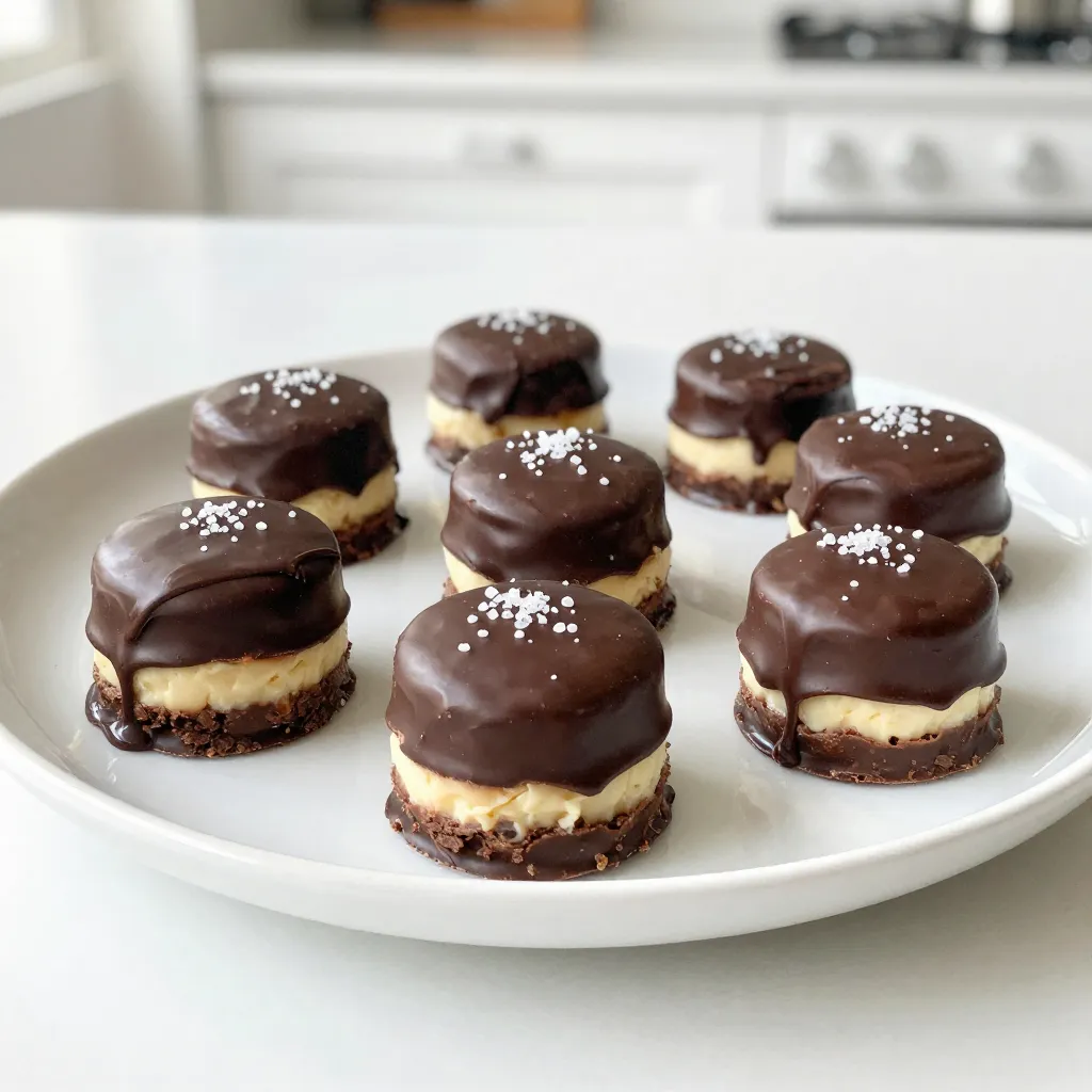 To make these cheesecake bites, you need: - 8 oz cream cheese, softened - 1/2 cup powdered sugar - 1 tsp vanilla extract - 1 cup graham cracker crumbs - 8 oz dark chocolate, chopped - Sea salt for garnish These ingredients create a creamy and sweet base. The cream cheese gives it richness. Powdered sugar adds sweetness, while vanilla brings in flavor. Graham cracker crumbs provide a nice crunch. Dark chocolate coats the bites for a decadent finish. You can enhance your bites with: - 1/4 cup mini chocolate chips - 1 tablespoon coconut oil Mini chocolate chips add extra sweetness and texture. Coconut oil helps chocolate melt smoothly. Both ingredients make the bites even more delicious. Feel free to mix and match to your taste! Gather these tools to make the process easier: - Mixing bowl - Electric mixer or whisk - Small cookie scoop or your hands - Parchment paper - Baking sheet - Microwave-safe bowl These tools help you mix, shape, and coat the bites easily. Parchment paper prevents sticking, and a baking sheet holds everything while it freezes. {{ingredient_image_1}} Start with a mixing bowl. Add 8 oz of softened cream cheese. Then, pour in 1/2 cup of powdered sugar. Next, add 1 tsp of vanilla extract. Beat this mixture until it is smooth and creamy. This step is key for a great texture. Gently fold in 1 cup of graham cracker crumbs. If you want a chocolate touch, add 1/4 cup of mini chocolate chips. Mix until everything is fully blended. Now, it's time to shape the bites. Use your hands or a small cookie scoop. Form the mixture into small balls, about 1 inch wide. This size is perfect for popping in your mouth. Place these balls on a baking sheet lined with parchment paper. Make sure they have space between them. Freeze the bites for at least 30 minutes. This helps them hold their shape when you dip them in chocolate. While your cheesecake bites chill, prepare the chocolate coating. Take 8 oz of chopped dark chocolate and place it in a microwave-safe bowl. If you want a smoother melt, add 1 tablespoon of coconut oil. Microwave in 30-second intervals. Stir in between until the chocolate is fully melted and smooth. Once your cheesecake bites are firm, dip each one into the melted chocolate. Let any excess chocolate drip off. Return them to the baking sheet. Just before the chocolate hardens, sprinkle a pinch of sea salt on top. This adds a nice flavor boost. Finally, put the baking sheet back in the freezer for 10-15 minutes. This will set the chocolate completely. To get a smooth chocolate coating, use high-quality chocolate. I recommend dark chocolate for rich flavor. Chop it into small pieces to melt evenly. Add coconut oil to the chocolate. This helps it melt smoother. Heat the chocolate in short bursts. Microwave it in 30-second intervals. Stir it often to prevent burning. Once melted, the chocolate should be glossy. Dip each cheesecake bite quickly for the best results. For uniform cheesecake bites, use a small cookie scoop. This keeps each bite the same size. Roll the mixture in your hands gently. Aim for about 1 inch in diameter. Place them on parchment paper to avoid sticking. Make sure they are evenly spaced. Chilling them in the freezer helps firm them up. This makes dipping easier and cleaner. To stop the chocolate from cracking, make sure it cools slightly before dipping. If it is too hot, it might crack when it sets. Ensure the cheesecake bites are very cold. This helps the chocolate set quickly. After dipping, return them to the freezer to set fully. Sprinkle sea salt while the chocolate is still wet. This adds flavor and looks great. Pro Tips Room Temperature Cream Cheese: Make sure your cream cheese is at room temperature for easier mixing and a smoother texture. Chill for Better Dipping: Ensure the cheesecake bites are thoroughly chilled before dipping in chocolate for a clean and even coating. Use Quality Chocolate: Opt for high-quality dark chocolate for the best flavor and a silky texture when melted. Experiment with Toppings: Get creative with toppings by adding crushed nuts, sprinkles, or even drizzling white chocolate for a decorative touch. {{image_2}} You can change the chocolate coating to fit your taste. Instead of dark chocolate, try white chocolate for a sweeter bite. Melt the white chocolate the same way as dark. You can also use milk chocolate for a creamier flavor. Each coating adds a new look and taste to your cheesecake bites. You can make these bites more fun with different flavors. Try mixing in fruit puree, like strawberry or raspberry, into the cream cheese. This will give your bites a fruity twist. You can also add zest from lemon or orange for a fresh taste. This way, every bite can surprise you with a new flavor. You can easily adapt this recipe for different diets. For a gluten-free option, use gluten-free graham crackers. This keeps the crust crunchy without gluten. If you want a vegan version, swap cream cheese for a vegan cream cheese. Use coconut milk or almond milk for the chocolate coating. This way, everyone can enjoy the deliciousness of cheesecake bites. After making these bites, you want to keep them fresh. Store your chocolate-covered cheesecake bites in an airtight container. This helps prevent them from drying out or absorbing other odors. Place a piece of parchment paper between layers if you stack them. This keeps the chocolate from sticking. If you want to enjoy these bites later, freezing works well. First, place the bites on a baking sheet in a single layer. Freeze them for about an hour until firm. Then, transfer them to a freezer-safe bag or container. Make sure to remove as much air as possible. These bites can last up to three months in the freezer. When you're ready to eat, let them thaw in the fridge overnight. Serve the bites chilled for the best taste. You can drizzle extra melted chocolate over them for a nice touch. Adding a sprinkle of sea salt right before serving enhances the flavor. For a pop of color, consider garnishing with fresh mint leaves. This makes your dessert look even more inviting. Yes, you can! Cream cheese gives a rich taste. But you can also try mascarpone or ricotta. Each cheese adds a unique flavor. Just remember, the texture may change a bit. If you want lighter bites, use whipped cream cheese. It works well, too! These bites stay fresh for up to one week in the fridge. Store them in an airtight container. If you freeze them, they can last for up to three months. Just let them thaw in the fridge before enjoying. They taste great both ways! Absolutely! Making these bites a day or two ahead is a smart idea. It saves time on the party day. Just follow the recipe and store them properly. When you’re ready, serve them chilled. Your guests will love them! You learned how to make tasty Chocolate Covered Cheesecake Bites. We talked about the main and optional ingredients and tools you need. I provided clear steps for mixing, shaping, and coating the bites. Tips helped you get a smooth finish and avoid cracks. We also explored fun variations and how to store your bites safely. Enjoy making these bites for yourself or your friends. They will be a hit at any event!