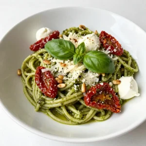 - Pasta options: You can use 8 oz of spaghetti or penne. Both work well with the pesto. - Sun-dried tomatoes: Choose between sun-dried tomatoes packed in oil or dry ones. The oil-packed ones add extra flavor. - Fresh basil: You need 1/2 cup of fresh basil leaves. It adds a bright taste to the dish. - Cheese options: I recommend 1/4 cup of grated Parmesan cheese. You can use nutritional yeast for a vegan option. - Toasted pine nuts: Add 1/4 cup of toasted pine nuts for crunch. You can swap them with walnuts if needed. - Additional garnishes: Fresh mozzarella balls make a great garnish. You can add more basil or pine nuts on top for color and taste. These ingredients make the dish rich and flavorful. Using the best quality items ensures a tasty meal. {{ingredient_image_1}} To make perfect pasta, start by boiling a large pot of salted water. Add the pasta and cook it according to the package instructions. You want it to be al dente, which means it should have a slight bite to it. This usually takes about 8 to 10 minutes, but check the package for exact times. Why reserve pasta water? Before draining the pasta, save about half a cup of the cooking water. This water is full of starch. It helps to loosen the sauce later and makes the dish creamy. Now, grab your food processor. Add the sun-dried tomatoes, fresh basil, grated Parmesan cheese, toasted pine nuts, and minced garlic. Pulse everything together until it's coarsely chopped. Next, while the processor runs, slowly drizzle in the extra virgin olive oil. This step is key. It helps to blend the ingredients into a smooth, spreadable pesto. Taste it and add salt and pepper to your liking. In a large mixing bowl, combine the drained pasta and the sun-dried tomato pesto. Mix well to coat the pasta evenly. If the pesto feels too thick, don’t worry! Just add a bit of the reserved pasta water. Stir until the pasta is well coated and creamy. Now, you’re ready to serve! Enjoy your Sun-Dried Tomato Pesto Pasta right away for the best taste. Sun-dried tomatoes add deep flavor to your dish. The best ones are packed in oil. They taste richer and have a smooth texture. Dried sun-dried tomatoes can be more chewy. If you choose these, soak them in water first. I recommend brands like Bella Sun Luci or Sun-Maid. They offer good quality and taste. Look for tomatoes with vibrant color and no added preservatives. This ensures freshness and flavor. To make your pesto shine, consider adding lemon juice. This adds brightness and a tangy kick. You can also mix in some extra herbs like parsley or oregano for added depth. For texture, you can adjust the amount of olive oil. If you like a thicker pesto, use less oil. If you prefer it smoother, add more oil. Always taste as you go! This way, you can find your perfect balance. Pair your dish with a simple green salad. A light vinaigrette works well to balance the rich pesto. You can also serve it with garlic bread for extra flavor. For a creative touch, try serving the pasta in bowls. Top it with fresh mozzarella balls. Sprinkle some extra pine nuts and basil leaves on top. This makes for a beautiful presentation that impresses everyone! Pro Tips Use Quality Ingredients: Opt for high-quality sun-dried tomatoes and fresh basil for the best flavor in your pesto. Toast Pine Nuts: Toasting the pine nuts enhances their flavor and adds a delicious crunch to your pesto. Adjust Consistency: If the pesto is too thick, add reserved pasta water gradually to achieve your desired consistency. Add Protein: For a heartier meal, consider adding grilled chicken or shrimp to your pasta for extra protein. {{image_2}} You can easily add protein to your sun-dried tomato pesto pasta. Here are a few tasty options: - Chicken: Grilled or sautéed chicken breast works great. - Shrimp: Lightly cooked shrimp adds a nice touch. - Vegetarian Proteins: Consider using chickpeas or tofu for a meat-free option. For meat alternatives, try tempeh or seitan. Both options give you protein without meat. If you need gluten-free options, many brands offer gluten-free pasta. Look for rice or quinoa pasta for great taste and texture. For dairy-free cheese, try nutritional yeast for a cheesy flavor. Vegan cheese is also a good option. Both work well in this dish. To change up the flavor, think about adding different herbs or spices. You can try: - Oregano: Adds a warm, earthy taste. - Crushed red pepper: For a spicy kick. Mix in roasted vegetables like bell peppers or zucchini for extra flavor and nutrition. They add color and texture, making your dish even better. To keep your pasta fresh, store it in an airtight container. This method keeps moisture out and flavors in. You should refrigerate the pasta within two hours of cooking. Adding a bit of olive oil helps prevent sticking. If you plan to eat it soon, it will stay fresh for up to three days in the fridge. If you want to save some for later, freezing is a great option. You can freeze the pesto and pasta separately or together. Use freezer-safe bags or containers. Make sure to remove as much air as possible to prevent freezer burn. To thaw, place it in the fridge overnight. For reheating, warm it on the stove over low heat. Add a splash of pasta water to help it come back to life. In the fridge, your sun-dried tomato pesto pasta lasts about three to five days. If you freeze it, expect it to stay good for about two to three months. Just remember that the pasta may get a bit softer after freezing, but it will still taste great! Yes, you can use fresh tomatoes, but the taste will change. Fresh tomatoes have more water and less concentrated flavor than sun-dried tomatoes. You may need to cook them down to get a thicker sauce. If you use fresh tomatoes, try adding some extra herbs to boost the flavor. To make it vegan, swap out the Parmesan cheese for a nut-based cheese or nutritional yeast. You can also add cooked lentils or chickpeas for protein. This keeps your meal hearty and satisfying while staying plant-based. This dish pairs well with a crisp green salad or garlic bread. You can also serve it with a light white wine or sparkling water with lemon. Adding roasted vegetables can bring more color and flavor to your meal. This blog post covered everything you need for Sun-Dried Tomato Pesto Pasta. We discussed key ingredients like pasta, sun-dried tomatoes, and fresh basil. I provided step-by-step instructions to ensure your dish shines. You learned tips and tricks for picking the best ingredients and creating variations. Remember, you can adjust this dish to fit your taste and dietary needs. Enjoy experimenting in the kitchen and savor your creations. Your journey with cooking should be fun and rewarding!