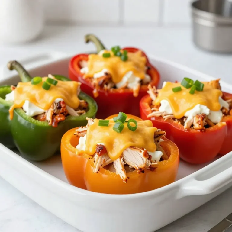 - 4 large bell peppers (any color) - 2 cups cooked shredded chicken - 1/2 cup buffalo sauce - 1 cup cream cheese, softened - 1 cup shredded cheddar cheese - 1/2 cup diced celery - 1/4 cup green onions, chopped - Salt and pepper to taste - Optional: Ranch dressing for serving The main components of this dish are the bell peppers, chicken, buffalo sauce, and cream cheese. The bell peppers serve as the vessel for the filling, adding color and crunch. You can choose any color bell pepper you like. I often go for a mix of red, yellow, and green for a vibrant plate. Next, the chicken is crucial. I recommend using cooked shredded chicken for ease. You can make this ahead of time or use leftovers from another meal. For the buffalo sauce, adjust the amount based on how spicy you want your dish. I like a good kick, but you can go milder if you prefer. Cream cheese adds a rich and creamy texture to the filling. It makes the dish smooth and balances the heat from the buffalo sauce. Now, let’s talk about the additional ingredients. Shredded cheddar cheese brings a nice cheesy flavor and a golden top. Celery adds a refreshing crunch, while green onions give a burst of mild onion flavor. Salt and pepper enhance all these tastes, so don’t skip these. I always keep ranch dressing nearby for serving. It pairs well with the spicy buffalo chicken and cools down the heat. This dish is not only simple but also packed with flavor! {{ingredient_image_1}} - Preheat the oven to 375°F (190°C). - Wash the bell peppers and slice off the tops. Remove seeds and membranes. - In a large bowl, combine the shredded chicken, buffalo sauce, cream cheese, and half of the cheddar cheese. - Mix well until everything is smooth. - Fold in diced celery and green onions. Season with salt and pepper to taste. - Spoon the buffalo chicken mixture into each pepper, packing it tightly. - Place the stuffed peppers upright in a baking dish. Trim the bottoms if needed to make them stand. - Sprinkle the remaining cheddar cheese on top of each pepper. - Cover the dish with foil and bake for 25 minutes. - Remove the foil and bake for another 10-15 minutes. The cheese should be bubbly and golden. - Let the peppers cool for a few minutes before serving. - You can adjust spice levels by choosing different buffalo sauces. - Ensure the mixture is packed tightly in the peppers for the best flavor. I like to use a mild sauce if I want it less spicy. A hot sauce gives it a kick. Packing the filling tightly helps keep the peppers from getting too soggy. It also makes each bite full of taste. - Serve on a platter drizzled with ranch dressing for a cool touch. - Garnish with additional green onions for color and crunch. When I serve these peppers, I drizzle ranch dressing over them. This adds creaminess and balances the heat. Adding chopped green onions on top not only makes it look pretty but also adds a fresh flavor. These tips make your meal look and taste great! Pro Tips Adjust the Spice: Feel free to modify the amount of buffalo sauce based on your spice tolerance. Start with less and add more to taste if needed. Use Leftover Chicken: This recipe is perfect for using up leftover rotisserie chicken or any cooked chicken you have on hand. Experiment with Cheese: Try mixing different types of cheese such as pepper jack for an extra kick or a blend of mozzarella for a gooey texture. Make Ahead: You can prepare the stuffed peppers a day in advance. Just cover and refrigerate them until you’re ready to bake. {{image_2}} You can easily change the protein in this dish. Ground turkey or tofu works well. Both options keep the meal tasty and satisfying. If you want a lighter dish, swap cream cheese for Greek yogurt. This switch still gives a creamy texture while cutting calories. Want to boost the taste? Add spices like garlic powder or onion powder. These spices can give the filling more depth. You can also try different cheese blends. Mixing mozzarella or pepper jack with cheddar adds unique flavors to your stuffed peppers. Each of these choices can help you create your own special version of this dish. To store leftovers, place the stuffed peppers in an airtight container. This keeps them fresh. You can safely store them in the fridge for about 3 to 4 days. Make sure they cool down before sealing. To freeze stuffed peppers, wrap each one tightly in plastic wrap. Then, place them in a freezer-safe bag or container. This helps prevent freezer burn. They can last in the freezer for up to 3 months. When you're ready to eat, thaw the peppers in the fridge overnight. Reheat them in the oven at 375°F (190°C) for about 20 minutes. Enjoy the cheesy goodness just like fresh! Yes, you can make Buffalo Chicken Stuffed Peppers ahead. Prepare the peppers and fill them with the chicken mix. Cover and store in the fridge. They can stay fresh for up to two days. When you're ready to bake, just pop them in the oven. Buffalo Chicken Stuffed Peppers go well with many sides. Here are some great options: - A fresh garden salad - Crispy potato wedges - Roasted vegetables - Rice or quinoa for a filling meal These sides add variety and balance to your plate. To check if your stuffed peppers are done, look for a few signs: - The cheese should be bubbly and golden on top. - The peppers should feel tender when pierced with a fork. - The stuffing should be hot throughout. If all these signs are met, your peppers are ready to serve! Buffalo Chicken Stuffed Peppers are a tasty dish made with fresh ingredients. You learned how to prepare them step-by-step, from mixing to baking. I shared tips to adjust spice and enhance flavor. Remember, you can swap proteins for variety and easily store leftovers. These peppers are not just delicious; they also let you be creative. Enjoy making this meal your own with your favorite twists and shares. Happy cooking!