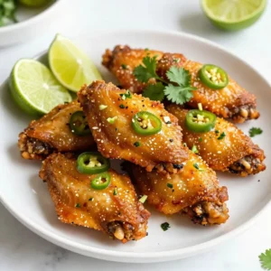 Let's dive into the tasty ingredients for Jalapeño Lime Chicken Wings. Each item plays a key role in creating that zesty flavor explosion. - Chicken wings: Use 2 lbs of chicken wings for a great base. - Fresh jalapeños: Grab 2 fresh jalapeños and chop them finely. Remove the seeds for less heat if you prefer. - Lime juice and zest: You will need 1/4 cup of fresh lime juice and the zest of 1 lime for that bright flavor. - Olive oil: Use 3 tablespoons of olive oil to help the wings cook and add richness. - Garlic, cumin, and smoked paprika: Add 3 cloves of minced garlic, 1 teaspoon of ground cumin, and 1 teaspoon of smoked paprika for depth. - Seasoning options: Don’t forget salt and pepper to taste, and fresh cilantro for garnish. These ingredients combine to make your wings truly shine. Each one adds its own special touch, making every bite a delight. Enjoy the process of cooking and the burst of flavors that follow! {{ingredient_image_1}} First, I preheat the oven to 400°F (200°C). This high heat helps the wings get crispy. I also line a baking sheet with parchment paper. This makes for easy cleanup later. Next, I make the marinade. In a large bowl, I mix minced garlic, chopped jalapeños, lime juice, and lime zest. Then, I add olive oil, ground cumin, and smoked paprika. A pinch of salt and pepper adds flavor. I stir everything well until it combines nicely. Now, I add the chicken wings to the bowl. I toss the wings until they are fully coated in the marinade. It’s important to cover the bowl, so the wings soak up all the flavors. I let them sit in the fridge for at least 30 minutes. For the best taste, I recommend marinating them overnight. After marinating, I place the wings in a single layer on the baking sheet. I bake them in the preheated oven for about 40-45 minutes. Halfway through, I turn them to ensure an even bake. They should turn golden brown and crispy. When the wings are ready, I take them out and let them cool slightly. Then, I move them to a serving platter. I sprinkle chopped cilantro on top for a fresh touch. I also serve lime wedges on the side for an extra zesty kick. Enjoy your flavorful feast! To make your wings crispy, you need to follow a few steps. First, make sure to dry the wings well before marinating. Moisture can make wings soggy. Then, coat the wings evenly in the marinade. This helps with crisping. When baking, use a wire rack on the baking sheet. This allows hot air to circulate around the wings. Bake them at 400°F (200°C) for a golden finish. Turning the wings halfway through helps them crisp up all over. Marinating is key for tasty wings. Aim for at least 30 minutes in the fridge. If you want a stronger flavor, marinate overnight. The lime juice and jalapeños soak into the meat. This makes every bite packed with zesty goodness. Don’t skip this step; it’s where the magic happens. To make cooking easier, gather a few key tools. You’ll need a large mixing bowl for your marinade. A baking sheet lined with parchment paper or foil helps with cleanup. Use a wire rack to bake the wings. Finally, have some tongs ready to turn the wings while they cook. These tools will help you create the best Jalapeño Lime Chicken Wings. Pro Tips Marinate Longer for Flavor: For an even more intense flavor, marinate the chicken wings overnight. This allows the spices and jalapeño to infuse the meat more thoroughly. Adjusting Spice Level: If you prefer milder wings, ensure to remove all the seeds and membranes from the jalapeños. Alternatively, use less jalapeño for a subtler heat. Getting Crispy Skin: For extra crispy wings, pat the chicken wings dry with paper towels before marinating. This removes excess moisture and helps achieve a crunchier texture during baking. Broil for Extra Crispiness: If the wings aren’t as crispy as you like after baking, switch your oven to broil for the last 2-3 minutes. Keep an eye on them to prevent burning! {{image_2}} If you want more heat, try spicy jalapeño lime wings. Use more jalapeños or leave some seeds in. You can also add a splash of hot sauce to the marinade. This extra kick makes your wings zesty and exciting. Combine the spice with fresh lime for a great taste. For a sweeter twist, make honey-lime chicken wings. Add 1/4 cup of honey to the marinade. This sweetness balances the heat from the jalapeños. The honey caramelizes during baking, giving a nice glaze. You get a sweet and tangy flavor that is hard to resist. Grilling adds a smoky flavor to your wings. Marinate the wings just like before. Then, grill them over medium heat. Cook for about 20-25 minutes, turning often to avoid burning. This method gives a nice char and keeps the wings juicy. Enjoy the smoky, zesty taste! After enjoying your Jalapeño Lime Chicken Wings, store any leftovers right away. Place them in an airtight container. They will stay fresh for up to three days in the fridge. To keep them from drying out, you can cover the wings with a bit of foil before sealing the container. This helps keep the flavor locked in. To reheat the wings, use your oven for the best results. Preheat your oven to 350°F (175°C). Spread the wings on a baking sheet in a single layer. Heat them for about 10 to 15 minutes. This method keeps the wings crispy and tasty. You can also use a microwave, but they may not be as crunchy. If you want to save wings for later, freezing is a great option. First, let the wings cool completely. Arrange them in a single layer on a baking sheet. Freeze them for about one hour until firm. Then, transfer the wings to a freezer-safe bag or container. They can stay in the freezer for up to three months. When ready to eat, just thaw them overnight in the fridge and reheat as mentioned above. You can serve many sides with these wings. They pair well with: - Celery sticks - Carrot sticks - Ranch dressing - Blue cheese dressing - Corn on the cob - Potato wedges - Rice or quinoa These sides help balance the heat and add freshness to your meal. Yes, you can. Marinate the wings up to one day in advance. Keep them in the fridge. When ready, just bake them as per the recipe. This saves time on busy days. To change the spice level, use fewer jalapeños. You can also remove the seeds for less heat. If you want more spice, add chili powder or cayenne pepper. Adjust to fit your taste. Great sides for chicken wings include: - French fries - Coleslaw - Macaroni and cheese - Chips and salsa - Garlic bread These sides add fun and flavor to your chicken wing feast. This blog post covered tasty Jalapeño Lime Chicken Wings. We explored ingredients, from chicken wings to spices. I shared step-by-step instructions for preparing, marinating, and baking. We also discussed tips for crispy wings and creative variations. In the end, enjoy your wings any way you like. These are fun to make and share. Trust me, they'll become a hit at your next gathering! Enjoy cooking and experimenting with flavors.