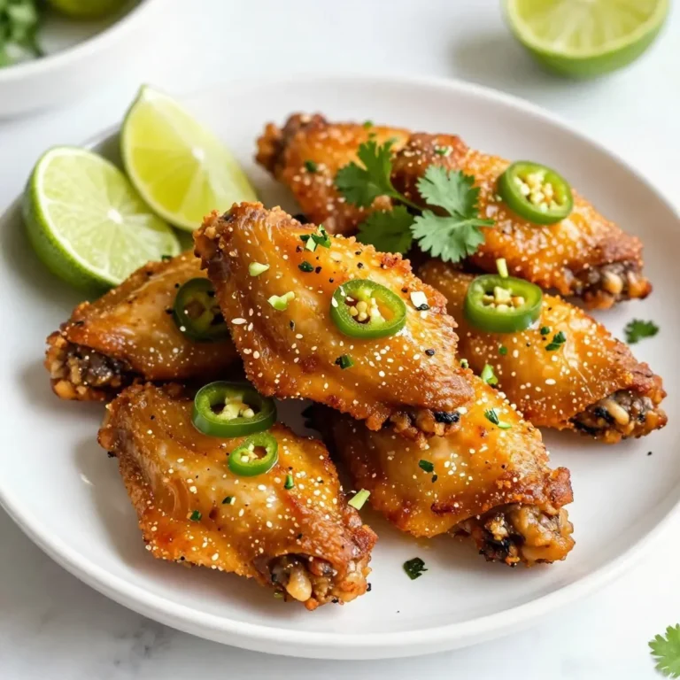 Let's dive into the tasty ingredients for Jalapeño Lime Chicken Wings. Each item plays a key role in creating that zesty flavor explosion. - Chicken wings: Use 2 lbs of chicken wings for a great base. - Fresh jalapeños: Grab 2 fresh jalapeños and chop them finely. Remove the seeds for less heat if you prefer. - Lime juice and zest: You will need 1/4 cup of fresh lime juice and the zest of 1 lime for that bright flavor. - Olive oil: Use 3 tablespoons of olive oil to help the wings cook and add richness. - Garlic, cumin, and smoked paprika: Add 3 cloves of minced garlic, 1 teaspoon of ground cumin, and 1 teaspoon of smoked paprika for depth. - Seasoning options: Don’t forget salt and pepper to taste, and fresh cilantro for garnish. These ingredients combine to make your wings truly shine. Each one adds its own special touch, making every bite a delight. Enjoy the process of cooking and the burst of flavors that follow! {{ingredient_image_1}} First, I preheat the oven to 400°F (200°C). This high heat helps the wings get crispy. I also line a baking sheet with parchment paper. This makes for easy cleanup later. Next, I make the marinade. In a large bowl, I mix minced garlic, chopped jalapeños, lime juice, and lime zest. Then, I add olive oil, ground cumin, and smoked paprika. A pinch of salt and pepper adds flavor. I stir everything well until it combines nicely. Now, I add the chicken wings to the bowl. I toss the wings until they are fully coated in the marinade. It’s important to cover the bowl, so the wings soak up all the flavors. I let them sit in the fridge for at least 30 minutes. For the best taste, I recommend marinating them overnight. After marinating, I place the wings in a single layer on the baking sheet. I bake them in the preheated oven for about 40-45 minutes. Halfway through, I turn them to ensure an even bake. They should turn golden brown and crispy. When the wings are ready, I take them out and let them cool slightly. Then, I move them to a serving platter. I sprinkle chopped cilantro on top for a fresh touch. I also serve lime wedges on the side for an extra zesty kick. Enjoy your flavorful feast! To make your wings crispy, you need to follow a few steps. First, make sure to dry the wings well before marinating. Moisture can make wings soggy. Then, coat the wings evenly in the marinade. This helps with crisping. When baking, use a wire rack on the baking sheet. This allows hot air to circulate around the wings. Bake them at 400°F (200°C) for a golden finish. Turning the wings halfway through helps them crisp up all over. Marinating is key for tasty wings. Aim for at least 30 minutes in the fridge. If you want a stronger flavor, marinate overnight. The lime juice and jalapeños soak into the meat. This makes every bite packed with zesty goodness. Don’t skip this step; it’s where the magic happens. To make cooking easier, gather a few key tools. You’ll need a large mixing bowl for your marinade. A baking sheet lined with parchment paper or foil helps with cleanup. Use a wire rack to bake the wings. Finally, have some tongs ready to turn the wings while they cook. These tools will help you create the best Jalapeño Lime Chicken Wings. Pro Tips Marinate Longer for Flavor: For an even more intense flavor, marinate the chicken wings overnight. This allows the spices and jalapeño to infuse the meat more thoroughly. Adjusting Spice Level: If you prefer milder wings, ensure to remove all the seeds and membranes from the jalapeños. Alternatively, use less jalapeño for a subtler heat. Getting Crispy Skin: For extra crispy wings, pat the chicken wings dry with paper towels before marinating. This removes excess moisture and helps achieve a crunchier texture during baking. Broil for Extra Crispiness: If the wings aren’t as crispy as you like after baking, switch your oven to broil for the last 2-3 minutes. Keep an eye on them to prevent burning! {{image_2}} If you want more heat, try spicy jalapeño lime wings. Use more jalapeños or leave some seeds in. You can also add a splash of hot sauce to the marinade. This extra kick makes your wings zesty and exciting. Combine the spice with fresh lime for a great taste. For a sweeter twist, make honey-lime chicken wings. Add 1/4 cup of honey to the marinade. This sweetness balances the heat from the jalapeños. The honey caramelizes during baking, giving a nice glaze. You get a sweet and tangy flavor that is hard to resist. Grilling adds a smoky flavor to your wings. Marinate the wings just like before. Then, grill them over medium heat. Cook for about 20-25 minutes, turning often to avoid burning. This method gives a nice char and keeps the wings juicy. Enjoy the smoky, zesty taste! After enjoying your Jalapeño Lime Chicken Wings, store any leftovers right away. Place them in an airtight container. They will stay fresh for up to three days in the fridge. To keep them from drying out, you can cover the wings with a bit of foil before sealing the container. This helps keep the flavor locked in. To reheat the wings, use your oven for the best results. Preheat your oven to 350°F (175°C). Spread the wings on a baking sheet in a single layer. Heat them for about 10 to 15 minutes. This method keeps the wings crispy and tasty. You can also use a microwave, but they may not be as crunchy. If you want to save wings for later, freezing is a great option. First, let the wings cool completely. Arrange them in a single layer on a baking sheet. Freeze them for about one hour until firm. Then, transfer the wings to a freezer-safe bag or container. They can stay in the freezer for up to three months. When ready to eat, just thaw them overnight in the fridge and reheat as mentioned above. You can serve many sides with these wings. They pair well with: - Celery sticks - Carrot sticks - Ranch dressing - Blue cheese dressing - Corn on the cob - Potato wedges - Rice or quinoa These sides help balance the heat and add freshness to your meal. Yes, you can. Marinate the wings up to one day in advance. Keep them in the fridge. When ready, just bake them as per the recipe. This saves time on busy days. To change the spice level, use fewer jalapeños. You can also remove the seeds for less heat. If you want more spice, add chili powder or cayenne pepper. Adjust to fit your taste. Great sides for chicken wings include: - French fries - Coleslaw - Macaroni and cheese - Chips and salsa - Garlic bread These sides add fun and flavor to your chicken wing feast. This blog post covered tasty Jalapeño Lime Chicken Wings. We explored ingredients, from chicken wings to spices. I shared step-by-step instructions for preparing, marinating, and baking. We also discussed tips for crispy wings and creative variations. In the end, enjoy your wings any way you like. These are fun to make and share. Trust me, they'll become a hit at your next gathering! Enjoy cooking and experimenting with flavors.