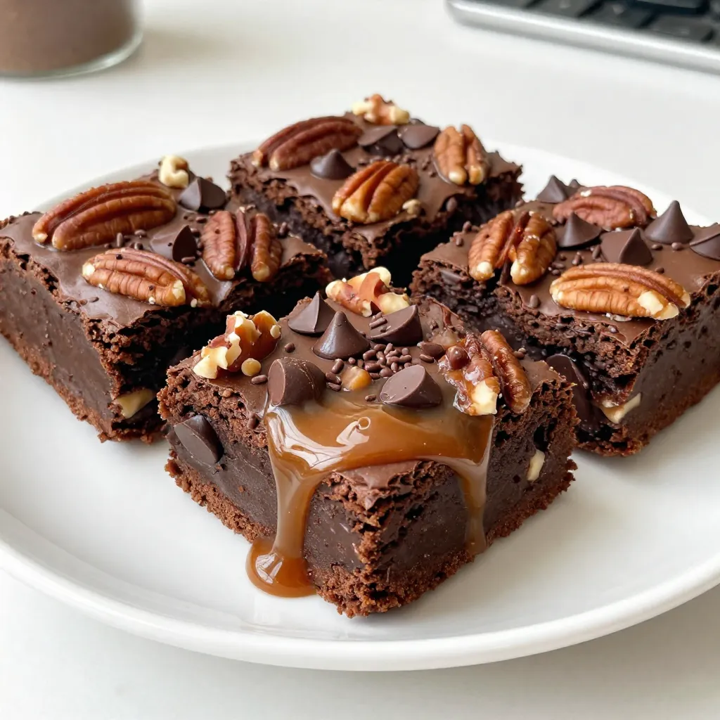 - 1 cup unsalted butter (2 sticks) - 2 cups granulated sugar - 4 large eggs - 1 tablespoon vanilla extract - 1 cup all-purpose flour - 1 cup unsweetened cocoa powder - 1 teaspoon baking powder - 1/2 teaspoon salt - 1 cup semi-sweet chocolate chips - 1 cup chopped pecans - 1 cup soft caramel candies, cut into small pieces - 1/4 cup heavy cream These ingredients bring rich flavors and textures to the brownies. The unsalted butter is key for a smooth batter. It creates a soft, chewy base. Granulated sugar adds sweetness and helps the brownies rise. Eggs bind everything together and give moisture. Vanilla extract adds a warm, comforting note. All-purpose flour gives structure, while cocoa powder brings deep chocolate taste. Baking powder helps the brownies rise, making them light. Salt balances the sweetness and enhances flavor. Semi-sweet chocolate chips melt into gooey pockets of chocolate. Chopped pecans add crunch and nutty flavor. Soft caramel candies create a luscious layer of sweetness. Heavy cream thins the caramel, making it easy to drizzle. Each ingredient plays a role in making these chocolate caramel turtle brownies truly special. {{ingredient_image_1}} Start by preheating your oven to 350°F (175°C). This warms up the oven for even baking. Next, grease a 9x13 inch baking pan. You can also line it with parchment paper for easy removal later. Make sure to cover all sides well. In a medium saucepan, melt 1 cup of unsalted butter over low heat. Stir it gently until it melts completely. Once melted, take it off the heat. Add 2 cups of granulated sugar and mix well. Next, add 4 large eggs, one at a time. Mix well after each egg. Finally, stir in 1 tablespoon of vanilla extract. In another bowl, whisk together 1 cup of all-purpose flour, 1 cup of unsweetened cocoa powder, 1 teaspoon of baking powder, and 1/2 teaspoon of salt. Mix these dry ingredients until they are well combined. This helps the brownies rise and have the right texture. Now, it’s time to bring the wet and dry mixtures together. Gradually add the dry mix to the wet mix. Stir until just combined, but don’t overmix. Fold in 1 cup of semi-sweet chocolate chips and 1 cup of chopped pecans, saving some for topping. Pour half of this brownie batter into your prepared pan. Spread it evenly. For the caramel layer, melt 1 cup of soft caramel candies with 1/4 cup of heavy cream in a small saucepan. Use low heat and stir until smooth. Once melted, drizzle this caramel over the first layer of brownie batter. Be generous, as this adds a great flavor. Spoon the rest of the brownie batter over the caramel layer. Spread it gently to cover. Sprinkle any reserved pecans and more chocolate chips on top for extra crunch. Bake in your preheated oven for 30-35 minutes. Use a toothpick to check for doneness; it should come out with moist crumbs, not wet batter. Once baked, let it cool in the pan for about 20 minutes before cutting into squares. Enjoy your delicious chocolate caramel turtle brownies! Testing for Doneness To know if your brownies are done, stick a toothpick in the center. If it comes out with moist crumbs, they are ready. If it has wet batter, bake a few more minutes. Every oven is different, so check often. Avoiding Overmixing Mix your batter until just combined. If you mix too long, your brownies can turn out tough. It’s okay to have a few lumps in the batter. This keeps them soft and chewy. Storing Leftovers Properly Cool the brownies completely before storing. Place them in an airtight container at room temperature. They stay fresh for about three days. If you want them longer, store them in the fridge for up to a week. Having the right tools makes baking easier. Use a good quality 9x13 inch baking pan. A spatula helps spread the batter evenly. A mixing bowl and whisk are also key for mixing wet and dry ingredients. To boost flavor, use high-quality cocoa powder. You can also add a pinch of espresso powder to enhance the chocolate taste. For extra texture, try mixing in more chopped pecans or even some sea salt on top before baking. These small changes can make a big difference! Pro Tips Use Room Temperature Ingredients: Allow eggs and butter to come to room temperature before starting. This ensures a smoother batter and better incorporation of ingredients. Don’t Overmix the Batter: Mix until just combined to keep the brownies fudgy and prevent them from becoming tough. Chill the Caramel: After melting the caramel, let it cool slightly before drizzling. This helps it maintain its shape when layering. Check for Doneness: Insert a toothpick into the center; it should come out with moist crumbs, not wet batter. This ensures the brownies are perfectly baked. {{image_2}} You can switch out the pecans for any nuts you like. Walnuts add a nice crunch. Almonds bring a sweet flavor. If you prefer no nuts, just leave them out. The brownies will still taste amazing without them. Feel free to experiment with different chocolates. Dark chocolate gives a richer taste. Milk chocolate creates a sweeter treat. You can even mix chocolates for fun flavors. Just remember to keep the same amount for the right texture. To make these brownies gluten-free, swap all-purpose flour for a gluten-free blend. Look for blends that don’t have added gums. They work great in brownies! Also, check that your chocolate chips and caramel are gluten-free. This way, everyone can enjoy this sweet delight! To keep your Chocolate Caramel Turtle Brownies fresh, store them in an airtight container. This helps keep the brownies soft and chewy. Place a layer of parchment paper between layers if you stack them. This prevents sticking. Keep them at room temperature for up to four days. If you want to keep them longer, consider freezing. To freeze your brownies, let them cool completely first. Cut them into squares and wrap each piece tightly in plastic wrap. Then, place them in a freezer-safe bag or container. This helps avoid freezer burn. You can freeze them for up to three months. When you're ready to eat, thaw them in the fridge overnight. If you want warm brownies, reheat them in the microwave. Place a square on a plate and heat it for 10-15 seconds. This warms them up without drying them out. You can also warm them in the oven. Set the oven to 350°F (175°C) and heat for about 5-10 minutes. This gives you that fresh-baked taste again. Yes, you can use different types of caramel for these brownies. Soft caramels work best as they melt easily. You can try caramel sauce or homemade caramel too. Just ensure that it stays gooey after melting. This helps create a rich layer in your brownies. You can swap pecans for other nuts. Walnuts or almonds are great choices. If you want a nut-free option, use chocolate chips or crushed cookies. The key is to add a crunch that balances the chewy brownies. To check if your brownies are done, use a toothpick. Insert it into the center of the brownies. If the toothpick comes out with moist crumbs, they are ready. If it has wet batter, bake them a bit longer. Keep an eye on the edges; they should look firm. Absolutely! You can make these brownies in advance. Once they cool, store them in an airtight container. They stay fresh for three to four days at room temperature. You can also freeze them for up to three months. Just thaw them before serving for the best taste. You now know how to make delicious caramel brownies with ease. We've covered ingredients, step-by-step instructions, and helpful tips for baking. Remember to experiment with variations and storage methods. Each choice adds your special touch. Enjoy the rich flavors and textures that come from this recipe. Share your own tips and tricks, and invite friends to join you in baking. The best brownie is one made with love and fun. Happy baking!