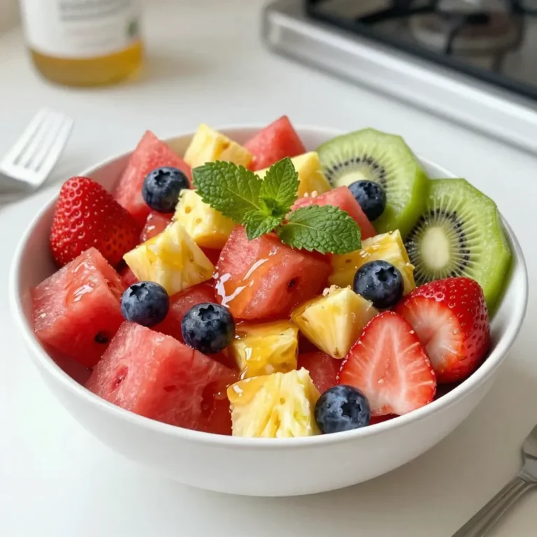 - 2 cups watermelon, cubed - 1 cup strawberries, sliced - 1 cup blueberries - 1 cup pineapple, diced - 2 kiwis, peeled and sliced This fruit salad shines because of its fresh fruits. Watermelon adds a sweet crunch. Strawberries bring bright color and juicy flavor. Blueberries offer a burst of sweetness. Pineapple adds tropical flair and zing. Kiwis give a tangy twist. Each fruit works together to create a beautiful dish. - 1/4 cup honey - 2 tablespoons fresh lime juice - Zest of 1 lime The honey lime dressing is simple yet special. Honey adds natural sweetness, making the fruit even better. Fresh lime juice gives a nice tang, balancing the sweetness. The zest of lime adds a pop of flavor and aroma. Together, they coat the fruit perfectly. - Fresh mint leaves Fresh mint leaves are a lovely touch. They add a splash of green and a hint of cool flavor. Placing them on top makes the salad look bright and fresh. You can use them or leave them out, based on your taste. {{ingredient_image_1}} Start with the watermelon. Cut it into cubes about one inch wide. This size helps everyone enjoy the juicy bites. Next, take your strawberries. Slice them into thin pieces. Their bright red color adds a nice touch. For the kiwis, peel them and slice them. You want half-moon shapes that are easy to eat. Lastly, take the pineapple. Dice it into small chunks. The sweet and tangy flavor will brighten up the salad. In a small bowl, add the honey. Then, pour in the fresh lime juice. Use a whisk to mix them well. Add some lime zest for extra flavor. The zest gives a nice citrus aroma. Make sure the dressing is smooth and combined. This dressing is the star of the show! Now, grab a large mixing bowl. Toss the cubed watermelon, sliced strawberries, blueberries, diced pineapple, and sliced kiwis into it. Drizzle the honey-lime dressing over the fruit. Gently toss everything together. Make sure all the fruit gets coated in the dressing. Let the salad sit for about ten minutes. This time helps the flavors meld together. It makes each bite taste even better! To make the best Honey Lime Fruit Salad, pick ripe fruits. Use seasonal fruits for the best taste. In summer, watermelon and strawberries shine. In winter, consider citrus fruits for zest. When choosing fruit, look for these signs of ripeness: - Watermelon: Heavy for its size, with a dull skin. - Strawberries: Bright red, with green caps. - Blueberries: Deep blue, plump, and firm. - Pineapple: Sweet scent at the base and slight give when pressed. - Kiwis: Soft to the touch but not mushy. You can adjust the sweetness of the salad with honey. If it’s too sweet, add more fruit to balance it. To make it sweeter, drizzle in more honey. If you prefer alternatives, try: - Maple syrup: Adds a rich flavor. - Agave nectar: A light and sweet option. - Stevia: A no-calorie sweetener for a lighter touch. For gatherings, make your salad pop! Serve in a big bowl or individual cups. Layer fruits for a colorful display. Creative plating methods: - Use a hollowed-out pineapple as a bowl. - Arrange fruits in a rainbow for a stunning effect. - Add mint leaves for a fresh touch and color contrast. Each of these tips helps make your salad not only tasty but also a feast for the eyes! Pro Tips Use Fresh Ingredients: Always choose ripe and fresh fruits for the best flavor and texture in your salad. Chill Before Serving: Let the fruit salad chill in the refrigerator for 30 minutes before serving to enhance the taste. Experiment with Fruits: Feel free to add or substitute other seasonal fruits like mango or peaches for variety. Mint for Freshness: Adding mint not only beautifies the dish but also adds a refreshing flavor that complements the fruits. {{image_2}} You can add many fruits to your Honey Lime Fruit Salad. Here are some tasty ideas: - Mango slices for a sweet twist - Orange segments for a citrus burst - Grapes for a juicy pop - Raspberries for tartness If you want a tropical vibe, try using fruits like papaya or dragon fruit. They bring fun colors and flavors that excite the palate. To make this salad even better, add spices. A pinch of cinnamon brings warmth. A bit of chili powder adds a kick. These spices can change the whole taste. You can also stir in yogurt for creaminess. Greek yogurt works well, adding protein and a smooth texture. It makes the salad richer and more filling. If you're vegan, this salad is naturally friendly. Just ensure your honey is plant-based. You can also use maple syrup as a sweet option. For gluten-free needs, this salad is perfect as is! All the fruits and the dressing are gluten-free. You can enjoy it without worry. Feel free to mix and match these ideas to make your perfect Honey Lime Fruit Salad! To keep your honey lime fruit salad fresh, use airtight containers. Glass or plastic containers work well. Make sure the lid seals tightly. This helps prevent the fruit from going bad. Store the salad in the fridge right away. This keeps it cool and fresh for later. You can store the fruit salad for up to three days. After that, the fruit may start to spoil. Look for signs like mushy fruit or a sour smell. If you see any of these signs, it's best to throw it away. For meal prep, you can cut the fruit a day ahead. Keep the cut fruit in airtight containers in the fridge. Mix the honey lime dressing when you are ready to serve. This way, the fruit stays crisp and doesn't get soggy. Enjoy the fresh taste! Using frozen fruit is a great option. Frozen fruit is often picked at peak ripeness. This means it can taste just as good as fresh fruit. However, there are some downsides. Frozen fruit can lose its shape and texture when thawed. It may also release extra juice, making the salad watery. If you use frozen fruit, drain any extra liquid before serving. If you want to swap honey, you have options. Maple syrup or agave nectar can work well. Both sweeteners add a different flavor. Keep in mind that these sweeteners may change the taste of the dish. You can also use sugar or stevia for a lower-calorie choice. Just adjust the amount to your liking. Letting the salad sit for about 10 minutes is best. This time helps the fruit soak in the honey-lime dressing. The flavors blend better this way. If you want a stronger taste, you can let it sit a bit longer. Just keep the salad covered in the fridge if you wait. This keeps the fruit fresh and tasty. This blog post showed you how to make a fresh fruit salad with honey lime dressing. We covered the best fruits to use, how to prepare them, and tips for adding your touch. Always choose ripe fruit for the best taste. Consider using alternative sweeteners if honey isn't for you. Store leftover salad properly to keep it fresh. With these steps, you can create a delightful dish for any gathering. Enjoy experimenting with flavors and variations to make it your own!