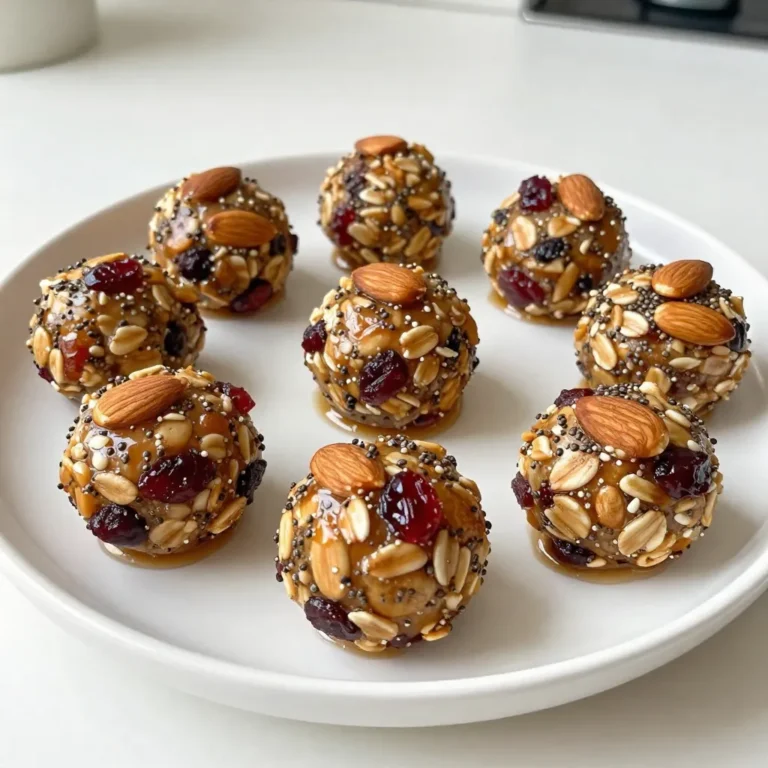 - 1 cup almonds, raw or roasted - 1/2 cup dried cranberries - 1/4 cup honey or maple syrup - 1/2 cup rolled oats - 2 tablespoons chia seeds - 1/4 teaspoon cinnamon - Pinch of salt - 1 tablespoon almond butter - 1/4 cup dark chocolate chips You can swap almonds for other nuts like cashews or walnuts. If you are not a fan of dried cranberries, use raisins or chopped dates instead. For sweetness, any liquid sweetener works. Try agave syrup if you want a vegan option. You can also add seeds like sunflower or pumpkin seeds for extra crunch. If you're looking for a protein boost, add protein powder to the mix. {{ingredient_image_1}} Start by getting your food processor ready. Add 1 cup of almonds. Pulse until they are chopped. You want them coarse, not smooth like butter. Next, add 1/2 cup of dried cranberries, 1/4 cup of honey or maple syrup, and 1/2 cup of rolled oats. Toss in 2 tablespoons of chia seeds, 1/4 teaspoon of cinnamon, and a pinch of salt. If you want almond butter or dark chocolate chips, add 1 tablespoon of almond butter and 1/4 cup of chocolate chips here. Pulse until it all mixes well. The mix should be sticky enough to form balls. If it feels dry, add more honey or syrup. Now it's time to roll the mixture into bites. Take small scoops of the mix with your hands. Aim for about 1 inch in size for each ball. Roll them carefully to keep them round. Place each bite on a baking sheet or plate lined with parchment paper. This helps with easy cleanup. Once all your bites are rolled, it's chilling time. Put the baking sheet in the fridge. Chill the bites for at least 30 minutes. This will help them firm up. After chilling, they are ready to eat! Store any extras in an airtight container. They will stay fresh in your fridge for up to a week. Enjoy your tasty Almond Cranberry Energy Bites! To get the right texture, pulse the almonds carefully. You want them chopped, not pureed. The mixture should feel sticky. If it’s too dry, add more honey or syrup. This helps bind the bites together. Each bite should be chewy yet firm. Store your energy bites in an airtight container. Keep them in the fridge for best results. They will stay fresh for up to a week. If you want to keep them longer, consider freezing them. Just make sure to wrap them well. These energy bites are great for snacks or breakfast. You can take them on hikes or trips. They also work well as a sweet treat after a meal. Pair them with a piece of fruit or a glass of milk for a balanced snack. Enjoy them anytime you need a quick energy boost! Pro Tips Choose Your Nuts Wisely: Experiment with different nuts like cashews or walnuts for varied flavors and textures in your energy bites. Sweetener Substitutions: If you prefer a lower glycemic option, try using agave syrup or coconut nectar instead of honey or maple syrup. Boosting Nutritional Value: Add a scoop of protein powder or some ground flaxseed to enhance the nutritional profile of your energy bites. Storing for Freshness: For longer shelf life, consider freezing your energy bites. They can be stored in the freezer for up to three months! {{image_2}} You can easily change the taste of your Almond Cranberry Energy Bites. Try adding a splash of vanilla extract for a sweet twist. A dash of orange zest can bring a fresh note. If you love chocolate, mix in cocoa powder or use dark chocolate chips. Each option gives a new flavor while keeping the same base recipe. Get creative with add-ins! You can swap dried cranberries for other dried fruits, like apricots or raisins. Nuts like walnuts or cashews are great for crunch too. If you want extra protein, add some protein powder. For a touch of spice, try nutmeg or ginger. Each choice makes your bites unique and fun. Need a gluten-free snack? Use certified gluten-free oats in your recipe. If you are vegan, stick to maple syrup instead of honey. You can also skip the almond butter if you prefer a nut-free option. Always adjust your ingredients to fit your diet. These bites can adapt to your needs and still taste amazing! To keep your almond cranberry energy bites fresh, store them in an airtight container. The fridge is best for this. They can stay fresh for about a week. If you want to keep them longer, freezing is a great option. You can freeze the energy bites for later use. Simply place them in a single layer on a baking sheet. Freeze them for about an hour. Once they are firm, move them to a freezer-safe bag or container. They will last up to three months in the freezer. Just remember to label the bag with the date! These energy bites have a short shelf life when stored in the fridge. They taste best within a week. If you freeze them, they will keep their flavor and texture for a longer time. When you’re ready to eat, just thaw them in the fridge or at room temperature. Enjoy your tasty, healthy snack anytime! Yes, you can use other nuts. Walnuts, cashews, or pecans work well. Just chop them like the almonds. Each nut adds its own taste and texture. This lets you mix things up. You can even try a nut blend for new flavors. Yes, these energy bites are healthy. They provide protein from almonds and oats. Dried cranberries add fiber and natural sweetness. Chia seeds bring omega-3s and antioxidants. Using honey or maple syrup gives natural sugar. They are a great snack for energy without junk. These energy bites last about a week in the fridge. Store them in an airtight container. This keeps them fresh and tasty. If you want to keep them longer, you can freeze them. They can last for a couple of months in the freezer. Energy bites are simple to make and easy to customize. We discussed key ingredients and how to prepare them. I shared tips for the best texture and storage. You can experiment with flavor and dietary needs to find what you like best. Don’t forget to check the FAQs for common questions. Now you can create your perfect energy bites and enjoy them anytime!