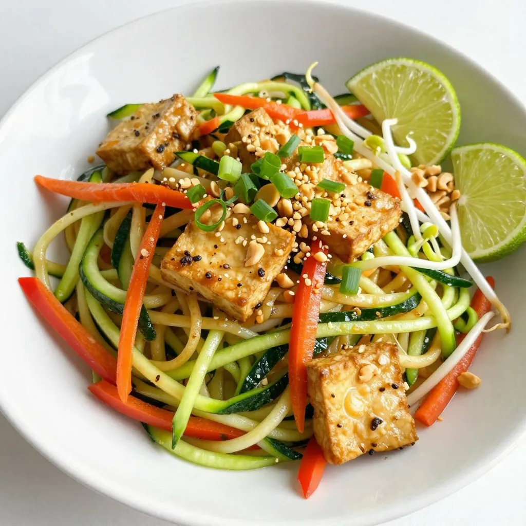 - 4 medium zucchinis, spiralized into noodles - 1 cup firm tofu, diced - 2 tablespoons peanut oil Zucchini is the star here. It gives us a light, fresh base. I love using firm tofu for protein. It soaks up flavors well. Peanut oil is my go-to for that rich taste. - 2 cloves garlic, minced - 3 tablespoons tamari or soy sauce - 2 tablespoons lime juice Garlic adds a punch. It makes everything smell amazing. Tamari or soy sauce brings that salty umami. Lime juice adds brightness to the dish. - Crushed peanuts - Lime wedges - 3 green onions, finely chopped Crushed peanuts give crunch. They add texture and flavor. Lime wedges are perfect for that zesty kick. Green onions bring a fresh note and color to the plate. {{ingredient_image_1}} To start, spiralize your zucchinis. This creates long, noodle-like strands. I like to use a spiralizer for even shapes. After spiralizing, place the noodles in a colander. Sprinkle with a little salt to help draw out moisture. Let them drain for about 15 minutes. This step is key to avoid soggy noodles later. Next, we will cook the tofu. Heat 1 tablespoon of peanut oil in a large skillet or wok over medium-high heat. Add the diced tofu and sauté until golden brown, which takes about 5-7 minutes. Make sure to stir often to avoid burning. Once golden, remove the tofu from the skillet and set it aside. In the same skillet, add another tablespoon of peanut oil. Then, add the minced garlic and sauté for about 30 seconds until it smells great. Next, toss in the sliced red bell pepper and julienned carrots. Stir-fry for 3-4 minutes. You want the veggies to be tender but still crisp. Now it’s time to mix everything together. Return the cooked tofu to the skillet. Add the zucchini noodles along with tamari or soy sauce, lime juice, peanut butter, and brown sugar. Toss everything together for 2-3 minutes. This ensures the noodles are well-coated and heated through. To add freshness, mix in the bean sprouts and chopped green onions. Toss gently to combine, cooking for an extra minute to warm the sprouts. This step gives your dish a nice crunch. Finally, serve the Zucchini Noodle Pad Thai in bowls or plates. Don’t forget to garnish with crushed peanuts and lime wedges for a zesty kick! To get the best texture from zucchini noodles, start by salting them. After spiralizing, place the noodles in a colander. Sprinkle them lightly with salt. Let them sit for about 15 minutes. This will draw out extra moisture. It helps prevent a soggy dish. After draining, pat them dry with a paper towel. This step ensures that the noodles stay firm when you cook them. Tofu can be tricky, but you'll want it crispy. First, use firm tofu and cut it into small cubes. Heat a large skillet or wok. Add one tablespoon of peanut oil over medium-high heat. Sauté the tofu for about 5 to 7 minutes. Look for a nice golden brown color. This gives it a great texture and flavor. Once done, remove it from the pan. Set it aside until you mix it back in later. To make your Pad Thai pop, consider adding spices or sauces. Tamari or soy sauce is essential for umami flavor. Lime juice adds brightness and freshness. You can also try adding a touch of chili flakes for heat. If you like nutty flavors, use natural peanut butter. This ingredient brings richness to the dish. Feel free to experiment with other spices too. It’s all about making it your own! Pro Tips Salt the Zucchini Noodles: This helps draw out excess moisture, preventing the dish from becoming watery. Use Firm Tofu: Firm tofu holds its shape better during cooking, providing a satisfying texture in your Pad Thai. Customize Your Veggies: Feel free to add or substitute other vegetables like snap peas or broccoli for added flavor and nutrition. Adjust the Sauce: Taste as you go! Feel free to add more tamari or lime juice to suit your personal flavor preferences. {{image_2}} You can switch out tofu for chicken, shrimp, or tempeh. Chicken adds a hearty flavor. Cook it until it's golden brown, just like the tofu. Shrimp cooks quick and brings a nice, sweet taste. Tempeh is a great choice for a plant-based option. It has a nutty flavor that pairs well with the sauce. Feel free to mix in other veggies. Broccoli, snap peas, and mushrooms work great in this dish. You can also add spinach for extra greens. Just make sure to cut them into small pieces for even cooking. Use whatever veggies you have on hand for a fun twist. Want some heat? Add chili flakes or a spicy sauce. Sriracha or sambal oelek gives a nice kick. Start with a small amount, then add more if you like it hotter. Spice can really elevate the dish and make it exciting. To keep your Zucchini Noodle Pad Thai fresh, place any leftovers in an airtight container. Make sure to cool the dish to room temperature first. Store it in the fridge for up to three days. This method helps keep the flavors intact and prevents spoilage. When reheating, use a skillet over medium heat. Add a splash of water or oil to help steam the noodles. Stir gently to avoid breaking the noodles. Heat for about 5-7 minutes until warm. This method keeps the textures nice and prevents the dish from drying out. You can freeze Zucchini Noodle Pad Thai, but it may change the texture. To freeze, let it cool completely. Place it in a freezer-safe bag or container, removing as much air as possible. It can last up to two months. To thaw, place it in the fridge overnight. Reheat gently to enjoy your meal again. Zucchini noodles are low in carbs. They are also rich in vitamins and minerals. Zucchini helps with hydration due to its high water content. These noodles are low in calories, making them great for weight loss. You get fiber from zucchini, which aids digestion. Plus, they bring antioxidants to your diet. Overall, zucchini noodles make a healthy choice for any meal. Yes, you can easily make this recipe gluten-free. Just swap regular soy sauce for tamari. Tamari is a gluten-free soy sauce alternative. It provides similar flavor without gluten. Always check labels to ensure your ingredients are gluten-free. You can also use coconut aminos for a soy-free option. This keeps your meal delicious and safe for gluten sensitivities. To make zucchini noodles taste great, follow a few simple tips. First, salt the noodles to remove excess moisture. This helps them absorb flavors better. Let them sit for 15 minutes before cooking. Use strong flavors like garlic and lime juice to enhance taste. Toss the noodles quickly in the pan with sauce for a short time. Avoid overcooking to keep them firm. This way, you can enjoy a tasty dish that feels like traditional Pad Thai. We explored how to create a delicious dish with zucchini noodles and tofu. You learned about key ingredients like zucchini, tofu, and flavor enhancers such as garlic and lime juice. We discussed cooking steps, tips for texture, and garnishes that elevate the meal. Finally, we shared variations and storage tips. Now, you have all the tools to make a vibrant and tasty dish that suits your preferences. Enjoy your culinary journey!
