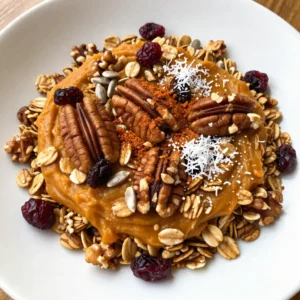 - 2 cups rolled oats - 1 cup pumpkin puree - 1/4 cup maple syrup - 1/2 cup chopped nuts (pecans and walnuts) - 1/4 cup sunflower seeds - 1/4 cup unsweetened shredded coconut - 2 teaspoons pumpkin pie spice - 1 teaspoon vanilla extract - 1/2 teaspoon salt - 1/2 cup dried cranberries or raisins (optional) To make pumpkin spice granola, you need simple yet tasty ingredients. The rolled oats serve as the base. They give crunch and fiber. The pumpkin puree adds moisture and rich flavor. Maple syrup sweetens the mix and brings a nice shine. Chopped nuts like pecans and walnuts add healthy fats and crunch. Sunflower seeds bring extra protein and a nutty flavor. Shredded coconut adds a chewy texture and sweetness. Pumpkin pie spice gives that warm, cozy flavor we love. The vanilla extract enhances the sweetness and aroma. Salt is key to balancing flavors. Finally, dried cranberries or raisins can add a fruity touch, but they are optional. Using these ingredients, you can create a delicious and healthy snack or breakfast option. Each bite is full of flavor and nutrition. This granola is easy to make and fun to eat! {{ingredient_image_1}} - Preheat the oven to 350°F (175°C). - Line a baking sheet with parchment paper. Starting with the right temperature is key. Preheating the oven helps the granola cook evenly. Parchment paper prevents sticking. It makes cleanup easy, too. - Combine dry ingredients in a large bowl. - Mix wet ingredients in a separate bowl. In a big bowl, add the rolled oats, chopped nuts, sunflower seeds, shredded coconut, pumpkin pie spice, and salt. Stir these together well. In another bowl, mix the pumpkin puree, maple syrup, and vanilla extract until smooth. This step ensures that the flavors blend nicely. - Combine wet and dry mixtures. - Spread on the baking sheet and bake. - Let cool before adding dried fruit. Now, pour the wet mixture over the dry ingredients. Stir until everything is coated. Spread the mixture evenly on the baking sheet. Bake for 25-30 minutes. Stir halfway through to toast it evenly. Watch for a golden brown color and a warm smell. Once done, take it out and let it cool completely. It will crisp up as it cools. After cooling, add dried cranberries or raisins if you want. This makes a tasty snack! To make great granola, stir it while it bakes. This helps it toast evenly. I usually stir it every 10 minutes. It keeps the granola from burning on the edges. Also, make sure your wet and dry ingredients mix well. Pour the pumpkin mixture over the oats and nuts, then stir until everything is coated. This step is key for flavor in every bite. Serving granola can be fun! You can use jars for a rustic look. They make great gifts too. If you want a quick snack, serve it in bowls. Add a dollop of yogurt and a drizzle of honey. This makes a tasty breakfast or snack. Plus, it looks beautiful! Pumpkin and oats are packed with nutrients. Pumpkin is high in fiber and vitamins. It’s great for your eyes and skin. Oats are good for your heart. They can help lower cholesterol. Nuts and seeds add healthy fats and protein. They keep you full and satisfied. This granola is not just tasty; it’s also good for you! Pro Tips Storage Tip: Store your granola in an airtight container to keep it fresh and crunchy for longer. Customizable Flavors: Feel free to experiment with different nuts, seeds, or dried fruits to suit your taste preferences. Less Sweet Option: Reduce the amount of maple syrup for a less sweet granola that pairs perfectly with yogurt. Perfect Texture: Make sure to stir the granola halfway through baking to achieve an even golden brown color and crispiness. {{image_2}} You can easily change the flavor of your granola. A fun option is to add chocolate chips or yogurt-covered raisins. These treats give a sweet touch. You can also try different nuts or seeds. Almonds and pumpkin seeds work great. Each choice adds its own unique crunch and taste. If you want less sweetness, reduce the maple syrup. You can swap it for honey as well. Honey has a nice floral flavor that pairs well with pumpkin. Another idea is to use coconut sugar. It has a rich taste that adds depth to the granola. To celebrate the seasons, add spices like cinnamon or nutmeg. These spices bring warmth and comfort to your granola. You can also include dried fruits like apricots or figs. They add chewiness and natural sweetness. These twists keep your granola exciting and fresh all year long. To keep your pumpkin spice granola fresh, use airtight containers. Glass jars work well. They keep out air and moisture. Zip-top bags are also a good option. Make sure to squeeze out any extra air before sealing. Store your granola in a cool and dry place. A pantry or cupboard is perfect. Avoid warm or humid areas. This helps maintain its crispness and flavor. Homemade granola lasts up to two weeks when stored correctly. After that, it may lose its crunch. Signs of spoilage include a stale smell or off taste. If it looks faded or has an odd texture, it’s best to toss it. You can freeze granola for longer storage. First, place it in a freezer-safe bag or container. Label it with the date to keep track. Granola can last for up to three months in the freezer. To use frozen granola, take it out and let it thaw at room temperature. It’s ready to eat once it’s soft. You can also add it to yogurt or smoothies for a tasty treat! To make your pumpkin spice granola gluten-free, use certified gluten-free oats. You can also swap in seeds or puffed rice for oats if you want a different texture. Instead of regular nuts, consider using gluten-free nuts like almonds or pecans. Always check labels on packaged items to ensure they are gluten-free. Yes, you can use fresh pumpkin! Start by cooking the pumpkin. Cut it in half, scoop out the seeds, and roast it at 350°F until soft. This usually takes about 30-45 minutes. Once cooked, scoop out the flesh and blend until smooth. This gives a fresh taste to your granola. If you want to use a different sweetener, you have options! Honey works well in this recipe. You can also try agave syrup or brown sugar. Just remember that each sweetener has a different flavor, so choose one that you enjoy. You can make a tasty pumpkin spice granola with simple steps. We covered key ingredients, easy instructions, and helpful tips. Feel free to explore variations and enjoy the health benefits of each component. Remember, your granola can be personalized to suit your taste. Proper storage keeps it fresh for longer. Whether for breakfast or as a snack, this granola offers delicious flavor and nutrition. Dive in and enjoy all the tasty options!