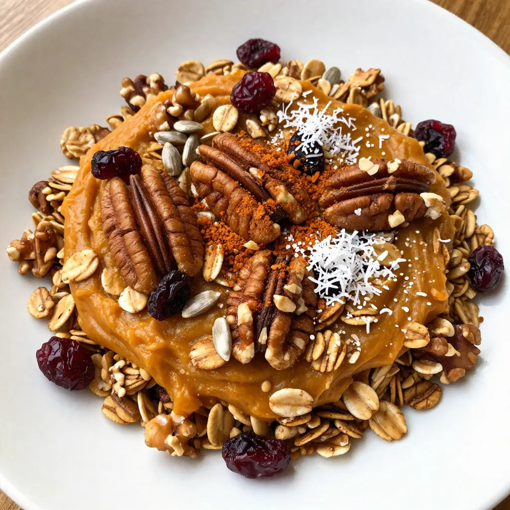 - 2 cups rolled oats - 1 cup pumpkin puree - 1/4 cup maple syrup - 1/2 cup chopped nuts (pecans and walnuts) - 1/4 cup sunflower seeds - 1/4 cup unsweetened shredded coconut - 2 teaspoons pumpkin pie spice - 1 teaspoon vanilla extract - 1/2 teaspoon salt - 1/2 cup dried cranberries or raisins (optional) To make pumpkin spice granola, you need simple yet tasty ingredients. The rolled oats serve as the base. They give crunch and fiber. The pumpkin puree adds moisture and rich flavor. Maple syrup sweetens the mix and brings a nice shine. Chopped nuts like pecans and walnuts add healthy fats and crunch. Sunflower seeds bring extra protein and a nutty flavor. Shredded coconut adds a chewy texture and sweetness. Pumpkin pie spice gives that warm, cozy flavor we love. The vanilla extract enhances the sweetness and aroma. Salt is key to balancing flavors. Finally, dried cranberries or raisins can add a fruity touch, but they are optional. Using these ingredients, you can create a delicious and healthy snack or breakfast option. Each bite is full of flavor and nutrition. This granola is easy to make and fun to eat! {{ingredient_image_1}} - Preheat the oven to 350°F (175°C). - Line a baking sheet with parchment paper. Starting with the right temperature is key. Preheating the oven helps the granola cook evenly. Parchment paper prevents sticking. It makes cleanup easy, too. - Combine dry ingredients in a large bowl. - Mix wet ingredients in a separate bowl. In a big bowl, add the rolled oats, chopped nuts, sunflower seeds, shredded coconut, pumpkin pie spice, and salt. Stir these together well. In another bowl, mix the pumpkin puree, maple syrup, and vanilla extract until smooth. This step ensures that the flavors blend nicely. - Combine wet and dry mixtures. - Spread on the baking sheet and bake. - Let cool before adding dried fruit. Now, pour the wet mixture over the dry ingredients. Stir until everything is coated. Spread the mixture evenly on the baking sheet. Bake for 25-30 minutes. Stir halfway through to toast it evenly. Watch for a golden brown color and a warm smell. Once done, take it out and let it cool completely. It will crisp up as it cools. After cooling, add dried cranberries or raisins if you want. This makes a tasty snack! To make great granola, stir it while it bakes. This helps it toast evenly. I usually stir it every 10 minutes. It keeps the granola from burning on the edges. Also, make sure your wet and dry ingredients mix well. Pour the pumpkin mixture over the oats and nuts, then stir until everything is coated. This step is key for flavor in every bite. Serving granola can be fun! You can use jars for a rustic look. They make great gifts too. If you want a quick snack, serve it in bowls. Add a dollop of yogurt and a drizzle of honey. This makes a tasty breakfast or snack. Plus, it looks beautiful! Pumpkin and oats are packed with nutrients. Pumpkin is high in fiber and vitamins. It’s great for your eyes and skin. Oats are good for your heart. They can help lower cholesterol. Nuts and seeds add healthy fats and protein. They keep you full and satisfied. This granola is not just tasty; it’s also good for you! Pro Tips Storage Tip: Store your granola in an airtight container to keep it fresh and crunchy for longer. Customizable Flavors: Feel free to experiment with different nuts, seeds, or dried fruits to suit your taste preferences. Less Sweet Option: Reduce the amount of maple syrup for a less sweet granola that pairs perfectly with yogurt. Perfect Texture: Make sure to stir the granola halfway through baking to achieve an even golden brown color and crispiness. {{image_2}} You can easily change the flavor of your granola. A fun option is to add chocolate chips or yogurt-covered raisins. These treats give a sweet touch. You can also try different nuts or seeds. Almonds and pumpkin seeds work great. Each choice adds its own unique crunch and taste. If you want less sweetness, reduce the maple syrup. You can swap it for honey as well. Honey has a nice floral flavor that pairs well with pumpkin. Another idea is to use coconut sugar. It has a rich taste that adds depth to the granola. To celebrate the seasons, add spices like cinnamon or nutmeg. These spices bring warmth and comfort to your granola. You can also include dried fruits like apricots or figs. They add chewiness and natural sweetness. These twists keep your granola exciting and fresh all year long. To keep your pumpkin spice granola fresh, use airtight containers. Glass jars work well. They keep out air and moisture. Zip-top bags are also a good option. Make sure to squeeze out any extra air before sealing. Store your granola in a cool and dry place. A pantry or cupboard is perfect. Avoid warm or humid areas. This helps maintain its crispness and flavor. Homemade granola lasts up to two weeks when stored correctly. After that, it may lose its crunch. Signs of spoilage include a stale smell or off taste. If it looks faded or has an odd texture, it’s best to toss it. You can freeze granola for longer storage. First, place it in a freezer-safe bag or container. Label it with the date to keep track. Granola can last for up to three months in the freezer. To use frozen granola, take it out and let it thaw at room temperature. It’s ready to eat once it’s soft. You can also add it to yogurt or smoothies for a tasty treat! To make your pumpkin spice granola gluten-free, use certified gluten-free oats. You can also swap in seeds or puffed rice for oats if you want a different texture. Instead of regular nuts, consider using gluten-free nuts like almonds or pecans. Always check labels on packaged items to ensure they are gluten-free. Yes, you can use fresh pumpkin! Start by cooking the pumpkin. Cut it in half, scoop out the seeds, and roast it at 350°F until soft. This usually takes about 30-45 minutes. Once cooked, scoop out the flesh and blend until smooth. This gives a fresh taste to your granola. If you want to use a different sweetener, you have options! Honey works well in this recipe. You can also try agave syrup or brown sugar. Just remember that each sweetener has a different flavor, so choose one that you enjoy. You can make a tasty pumpkin spice granola with simple steps. We covered key ingredients, easy instructions, and helpful tips. Feel free to explore variations and enjoy the health benefits of each component. Remember, your granola can be personalized to suit your taste. Proper storage keeps it fresh for longer. Whether for breakfast or as a snack, this granola offers delicious flavor and nutrition. Dive in and enjoy all the tasty options!