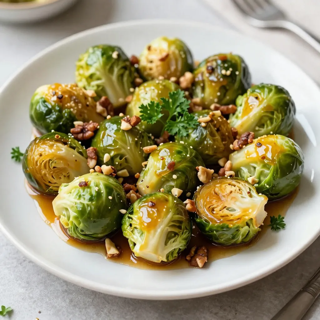 - 1 pound Brussels sprouts, trimmed and halved - 2 tablespoons olive oil - 2 tablespoons pure maple syrup - 1 tablespoon Dijon mustard - 1 teaspoon garlic powder - 1 teaspoon salt - ½ teaspoon black pepper - ¼ cup pecans or walnuts, chopped (optional) - Fresh parsley, chopped for garnish To make Maple Dijon Brussels sprouts, you need fresh Brussels sprouts. Start with one pound, trimmed and cut in half. The olive oil adds richness. You will use two tablespoons of it. For the sweet touch, grab two tablespoons of pure maple syrup. It pairs perfectly with one tablespoon of Dijon mustard, giving a nice tang. You will also need one teaspoon of garlic powder to enhance the flavor. Add one teaspoon of salt and half a teaspoon of black pepper for seasoning. If you want a crunch, use a quarter cup of chopped pecans or walnuts, but this is optional. Finally, fresh parsley adds color and brightness as a garnish. Gather these ingredients, and you are ready to create a tasty dish that brightens any table. {{ingredient_image_1}} 1. First, preheat your oven to 400°F (200°C). This step is key for getting that nice caramelization. 2. Next, line a baking sheet with parchment paper. This makes cleanup much easier. 3. In a large mixing bowl, add 2 tablespoons of olive oil, 2 tablespoons of pure maple syrup, and 1 tablespoon of Dijon mustard. 4. To this mix, include 1 teaspoon of garlic powder, 1 teaspoon of salt, and ½ teaspoon of black pepper. Whisk everything together until it blends well. 1. Take your 1 pound of trimmed and halved Brussels sprouts and add them to the bowl. 2. Toss the Brussels sprouts in the maple-dijon mixture. Make sure each sprout gets a good coat. 3. Then, spread the coated Brussels sprouts evenly on the baking sheet. Arrange them in a single layer for best results. 1. Place the baking sheet in your preheated oven. Roast the sprouts for 20-25 minutes. 2. Halfway through cooking, stir the Brussels sprouts. This helps them cook evenly and get that golden edge. 3. Keep an eye on them until they are tender and caramelized. Once ready, remove them from the oven. 4. Let them cool for a few minutes, then garnish with fresh chopped parsley. This adds a nice pop of color and flavor. When you bake Brussels sprouts, keep them in a single layer. This helps them cook well. If they are too close, they might steam instead of roast. Stir the sprouts halfway through cooking. This ensures they brown evenly and get that nice crunch. You can adjust the sweetness and tanginess in your dish. Add more maple syrup for sweetness. If you want it tangier, increase the Dijon mustard. Fresh herbs are best for flavor, but dried herbs work too. If using fresh parsley, chop it finely. It adds a nice touch when you serve the dish. Pro Tips Choose Fresh Brussels Sprouts: Look for bright green sprouts that are firm to the touch. Smaller sprouts tend to be sweeter and more tender. Adjust Sweetness: Depending on your preference, you can increase or decrease the amount of maple syrup to make the dish more or less sweet. Experiment with Nuts: Try using different types of nuts, like almonds or hazelnuts, for a unique flavor and crunch. Perfect Roasting: To ensure even cooking, make sure the Brussels sprouts are spread out in a single layer on the baking sheet. {{image_2}} You can change a few items to make this dish your own. - Substituting maple syrup with honey: Honey gives a sweet and rich flavor. It works great if you want a different taste. Just use the same amount of honey as maple syrup. - Using different nut options: You can swap pecans or walnuts with almonds or hazelnuts. Each nut adds its unique crunch and flavor. Try different nuts to see what you like best! You can cook Maple Dijon Brussels sprouts in different ways too. - Air fryer version: Using an air fryer cuts down the cooking time. Set it to 375°F (190°C) and cook for about 15-20 minutes. Shake the basket halfway through for even cooking. - Stovetop sautéing methods: If you prefer to cook on the stove, heat olive oil in a pan. Add the Brussels sprouts and cook for about 10-15 minutes. Stir often until they are tender and golden. This method gives you a nice, caramelized finish. These variations let you customize your dish and keep it exciting! After enjoying your Maple Dijon Brussels sprouts, you may have leftovers. Store them in the refrigerator for up to three days. Use an airtight container to keep them fresh. Make sure they cool down before sealing the container. This helps maintain their flavor and texture. You can also place a paper towel inside to absorb excess moisture. For longer storage, you can freeze Brussels sprouts. Start by blanching them in boiling water for two minutes. Then, quickly cool them in ice water. Drain and dry them well before placing them in freezer bags. Remove as much air as possible from the bags. They will stay fresh for up to six months. When you are ready to enjoy frozen Brussels sprouts, simply reheat them. You can roast or sauté them directly from the freezer. This keeps them from becoming mushy. They will still taste great with that Maple Dijon flavor! To reduce bitterness, start by trimming the ends. Cut them in half to expose more surface area. Soaking them in water for 10 minutes can also help. A good roasting method adds sweetness. The maple syrup in our recipe balances the bitter taste nicely. Yes, you can prepare Brussels sprouts ahead. Roast them and let them cool. Store them in the fridge for up to three days. When you’re ready to eat, just reheat them in the oven at 350°F (175°C) for about 10 minutes. This keeps them crisp and tasty. Maple Dijon Brussels sprouts go well with many dishes. They are great alongside roasted chicken or pork. You can serve them with quinoa or rice for a healthy meal. They also make a good side for holiday dinners. Enjoy these sprouts with your favorite main dish! In this post, I shared a simple recipe for Maple Dijon Brussels sprouts. We covered the ingredients, step-by-step instructions, and useful tips. I included variations to fit your taste. Plus, I discussed storage methods for your leftovers and answered common questions. These sprouts are easy to make and taste great. Try them as a side dish or a snack. Enjoy the burst of flavor while feeding your love for vegetables!