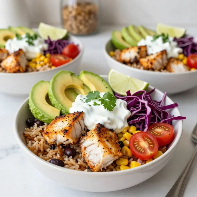 - 1 lb firm white fish (like tilapia or cod) - 2 cups cooked brown rice or quinoa - 1 cup black beans, rinsed and drained - 1 cup corn (fresh, frozen, or canned) - 1 tablespoon olive oil - Spices (chili powder, cumin, garlic powder, paprika) - 1/2 cup Greek yogurt or sour cream - Fresh cilantro, avocado, red cabbage, and cherry tomatoes - Lime wedges for squeezing - Optional: Hot sauce for serving In Baja Fish Taco Bowls, each ingredient plays a key role. The firm white fish, like tilapia or cod, forms the heart of the dish. It cooks quickly and takes on flavors well. Pair it with brown rice or quinoa for a filling base. I love using quinoa for its nutty taste and high protein content. Black beans are a must—they add creaminess and a protein boost. Corn brings sweetness, balancing the flavors beautifully. Next, you'll need some olive oil and spices. I use chili powder, cumin, garlic powder, and paprika for a warm kick. These spices transform plain fish into a flavor-packed delight. For toppings, I recommend Greek yogurt or sour cream. They add creaminess and tang. Fresh cilantro, avocado, red cabbage, and cherry tomatoes give the bowl color and crunch. Each bite should feel fresh and vibrant. Finally, don’t forget lime wedges. A squeeze of lime brightens up the flavors. Hot sauce is perfect if you like some heat. This combination makes for a tasty, colorful meal that's easy to prepare and fun to eat. {{ingredient_image_1}} - In a medium bowl, combine 1 tablespoon of olive oil with spices: - 1 teaspoon chili powder - 1 teaspoon cumin - 1/2 teaspoon garlic powder - 1/2 teaspoon paprika - Salt and pepper to taste - Add 1 lb of firm white fish, cut into bite-sized pieces. Toss the fish to coat it well with the spice mix. - Heat a non-stick skillet over medium-high heat. - Add the seasoned fish pieces to the skillet. Cook for about 3-4 minutes on each side. The fish should turn golden brown and be fully cooked. Remove it from heat and set aside. - While the fish cooks, prepare individual bowls. Divide 2 cups of cooked brown rice or quinoa among four serving bowls. - In each bowl, layer with: - 1 cup black beans, rinsed and drained - 1 cup corn (fresh, frozen, or canned) - Sliced avocado - 1 cup shredded red cabbage - 1/2 cup cherry tomatoes, halved - Add the cooked fish on top of these vibrant ingredients. - Drizzle 1/2 cup of Greek yogurt or sour cream over everything. - Finish with fresh cilantro and serve with lime wedges. You can also add hot sauce if you like it spicy! To cook fish perfectly, choose firm white fish like tilapia or cod. Cut it into bite-sized pieces for even cooking. Use a non-stick skillet and heat it over medium-high heat. This helps get a nice golden crust. Avoid overcrowding the pan. If you add too much fish at once, it will steam instead of sear. Cook each piece for about 3-4 minutes on each side. The fish should flake easily when done. If you want a vegetarian option, try using tofu or tempeh. You can marinate them just like the fish. For gluten-free options, use corn tortillas instead of flour. You can also skip the grains and use lettuce wraps for a fun twist. To boost flavor, think about adding spices like cayenne or smoked paprika. You can also mix in lime juice or zest for a fresh taste. For homemade sauces, blend Greek yogurt with lime juice and cilantro for a creamy dressing. This adds a delightful tang to your bowls. Hot sauce is great for those who love heat. Just drizzle it on top for a spicy kick! Pro Tips Choose the Right Fish: Opt for firm white fish like tilapia or cod to ensure the pieces hold together during cooking and provide a satisfying texture. Spice it Up: Feel free to adjust the spices to your liking; adding a pinch of cayenne or paprika can enhance the flavor profile of the fish. Fresh Ingredients Matter: Use fresh vegetables for toppings to add crunch and vibrant flavors. Fresh cilantro and ripe avocados can elevate your taco bowl. Meal Prep Friendly: Prepare the components in advance – cook the grains and beans, and chop the veggies to save time during busy weeknights. {{image_2}} You can change the base for your Baja Fish Taco Bowls. If you want a low-carb choice, try cauliflower rice. It adds a nice crunch and keeps the dish light. You can also use quinoa. Quinoa packs more protein than brown rice. Brown rice offers a hearty texture and fiber. Both options work well with the toppings. Fish is the star here, but you can switch things up! Grilled shrimp makes a fantastic choice. Chicken is another option that pairs well. For a plant-based meal, use tofu. It soaks up flavors and adds protein. You can also try tempeh for a nutty taste. Get creative with toppings! Different beans can add variety. Black beans are great, but pinto or kidney beans work too. You can add more veggies like bell peppers or zucchini. For sauces, consider a mango salsa or avocado crema. These add a fresh twist to your bowls. Don't forget to mix and match! To keep your Baja Fish Taco Bowls fresh, store leftovers right away. Use airtight containers to prevent air from getting in. Divide your fish and other ingredients. This helps keep flavors and textures. Make sure to cool everything before sealing. Store in the fridge for up to three days. When it's time to eat again, reheat carefully. Use a skillet over medium heat for the fish. This keeps it golden and tasty. For rice or quinoa, you can microwave it. Add a splash of water to keep it moist. Be aware that texture may change. Fish can dry out if reheated too long. If you want to freeze, do it right after cooking. Place the fish and other elements in separate bags. Remove as much air as possible to avoid freezer burn. When you're ready to eat, thaw everything in the fridge overnight. Reheat gently to bring back the flavors. Cooked rice and beans freeze well, but veggies may lose crunch. For Baja Fish Taco Bowls, I recommend using firm white fish. Tilapia and cod work great. They have a mild flavor and cook well. Their texture stays nice and flaky after cooking. You want fish that holds up when you pan-fry it. Other options include mahi-mahi or snapper for a twist. Yes, you can make these bowls ahead of time. Cook the fish and rice or quinoa in advance. Store them in separate containers in the fridge. They stay fresh for up to three days. When you're ready to eat, just reheat the fish. Add the fresh toppings just before serving for crunch. You can easily adapt this recipe for different diets. For gluten-free, use corn tortillas instead of flour. To make it dairy-free, skip the Greek yogurt and use avocado instead. For a vegetarian version, swap the fish for grilled tofu or seasoned jackfruit. You can enjoy these bowls while meeting your needs! Baja Fish Taco Bowls offer a tasty way to enjoy healthy ingredients. We explored the key components—fish, grains, beans, and spices. I shared steps for cooking and assembly, along with tips for perfecting each layer. You can customize substitutions and storage tips to suit your needs. In the end, these bowls are versatile and easy to make. Enjoy experimenting with flavors and ingredients. Your bowls can be as unique as you are!