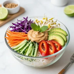 - 1 cup rice vermicelli noodles - 1 cup shredded purple cabbage - 1 cup shredded carrots - 1 cucumber, julienned - 1 red bell pepper, thinly sliced - 1 avocado, sliced - 1 cup bean sprouts - 2 green onions, sliced - 1/4 cup fresh cilantro, chopped - 1/4 cup fresh mint leaves, chopped - 2 tablespoons sesame seeds - 1 cup peanut dip or hoisin sauce (for drizzling) - Juice of 1 lime - Salt and pepper to taste - Cooking pot for noodles - Mixing bowl - Serving bowls When I make these summer roll bowls, I love to start with fresh ingredients. Each veggie adds flavor and crunch. You can find rice vermicelli noodles in most stores. They cook quickly and give a nice base. I always use a variety of colors for my veggies. Shredded purple cabbage gives a nice pop. Carrots add sweetness. Cucumber and red bell pepper bring crunch and freshness. Slices of avocado on top make it creamy and rich. I also add bean sprouts for extra texture. Green onions add a bit of sharpness. For seasonings, fresh cilantro and mint are key. They bring a burst of flavor. Sesame seeds add a nice crunch when sprinkled on top. I use peanut dip or hoisin sauce for drizzling. A squeeze of lime juice brightens everything. Don’t forget salt and pepper to taste. To make this dish, you need a cooking pot for the noodles and a mixing bowl for the veggies. Finally, choose nice serving bowls to show off your colorful creation. These ingredients make a fresh and crunchy meal that is both satisfying and delightful. {{ingredient_image_1}} - First, cook 1 cup of rice vermicelli noodles according to the package instructions. - Once they are cooked, rinse the noodles under cold water. This stops the cooking. Set the noodles aside. - In a large bowl, combine 1 cup of shredded purple cabbage, 1 cup of shredded carrots, and other veggies. - The other veggies include 1 julienned cucumber, 1 thinly sliced red bell pepper, 1 cup of bean sprouts, and 2 sliced green onions. - Toss the mixture gently to ensure even distribution of all the colorful vegetables. - Take your prepared noodles and divide them among four serving bowls. - Layer the veggie mixture over the noodles. Make sure to cover the noodles evenly. - Add slices of avocado on top for creaminess. - Sprinkle the chopped cilantro, mint leaves, and sesame seeds over each bowl. This adds flavor and texture. - Finally, drizzle the bowls with peanut dip or hoisin sauce. Squeeze fresh lime juice over everything. Season with salt and pepper to taste. - Serve right away, or chill briefly in the fridge if you prefer a cooler meal. This method creates a fresh and vibrant dish that’s packed with flavor and crunch. Enjoy the process as much as the meal! Using clear glass bowls makes your summer roll bowls look stunning. It shows off all the colors. Bright purple cabbage, orange carrots, and green veggies look great together. You can also garnish with fresh herbs like cilantro and mint. A sprinkle of sesame seeds adds a nice touch. To avoid overcooking the rice vermicelli noodles, keep an eye on the time. Follow the package instructions closely. As soon as they are cooked, rinse them in cold water. This stops the cooking. It helps them stay firm and not mushy. Make sure your vegetables stay fresh and crunchy. Use a sharp knife to cut them. Fresh vegetables have the best taste and texture. You can use a variety of colors to make the dish pop. This way, each bite is full of flavor and crunch. You can pair summer roll bowls with a tangy dipping sauce. Peanut dip or hoisin sauce works wonders. A squeeze of fresh lime juice adds zest. To enjoy the fresh flavors, take a bit of everything in one bite. This gives you the full experience of the dish. Serve them right after assembly for the best taste. If you like, chill them in the fridge for a bit before serving. Pro Tips Fresh Ingredients: Use the freshest vegetables and herbs you can find for the best flavor and crunch in your summer roll bowls. Customize Your Sauce: Feel free to experiment with different sauces like sriracha or soy sauce to give your bowls a unique twist. Make It a Meal: Add protein such as grilled shrimp, chicken, or tofu to make the bowls more filling and satisfying. Prep Ahead: Prepare the veggies and noodles in advance and store them separately in the fridge for an easy assembly on busy days. {{image_2}} You can add protein to your summer roll bowls. Tofu is a great choice. It soaks up flavors well. You can also use shrimp for a seafood twist. Cook the shrimp until they turn pink. Chicken is another option. Grilled or shredded chicken adds nice taste. All these protein options make the meal more filling. Sauces bring your bowl to life. Peanut dip is creamy and rich. Hoisin sauce is sweet and savory. If you want something zesty, try a spicy chili sauce. For a fresh kick, mix lime juice with soy sauce. You can also use a sesame dressing for nutty flavor. Experiment with different sauces to find your favorite. Seasonal veggies make your bowl fresh and fun. In summer, use juicy tomatoes or sweet corn. In fall, add roasted squash or kale. Winter brings hearty greens like spinach or Swiss chard. Spring is great for snap peas or radishes. Use what you find at the market. This keeps your bowls colorful and tasty all year round. To store leftovers, place the summer roll bowls in airtight containers. I suggest separating the noodles and veggies to keep everything fresh. Use parchment paper between layers if needed. This prevents sogginess. Keep the containers in the fridge for up to three days. Always check for odors or discoloration before eating. You can freeze some components, like the noodles and veggies. First, let them cool completely. Then, place them in freezer bags. Squeeze out as much air as possible to avoid freezer burn. For best taste, use them within a month. When ready to eat, thaw the bags in the fridge overnight. This keeps everything fresh and crunchy. To reheat the noodles, put them in a pot with a splash of water. Heat on low until warm. Stir gently to avoid clumps. For veggies, you can microwave them for short bursts, checking often. This keeps them from getting mushy. Enjoy your meal warm and fresh! If you want gluten-free or low-carb options, try these: - Zucchini noodles: Spiralize zucchini for a fresh twist. - Shirataki noodles: These are low in carbs and calories. - Quinoa: This adds protein and a nutty flavor. - Cabbage leaves: Use them as wraps for a crunchy bite. Each option brings a unique taste and texture. Feel free to experiment! Yes, you can prep ahead! Here are some tips: - Cook the noodles: Make them a day early and store them in the fridge. - Chop the veggies: Shred cabbage and carrots, and slice cucumbers and bell peppers. Store in an airtight container. - Keep avocado slices fresh: Add lime juice to prevent browning. - Assemble right before serving: This keeps everything fresh and crunchy. By prepping in advance, you can save time and enjoy your meal stress-free. These bowls are packed with nutrition! Here’s a quick look: - Calories: About 300 per serving, depending on the sauce. - Vitamins: Rich in Vitamin A, C, and K from veggies. - Fiber: Great for digestion, thanks to the veggies and noodles. - Healthy fats: Avocado adds beneficial fats for heart health. These bowls provide a balanced meal with flavors and health benefits. Enjoying them helps you feel good inside and out! In this post, we explored the delicious Veggie Packed Summer Roll Bowls. We covered fresh ingredients, seasonings, and easy steps to prepare them. I shared tips for presentation and suggested protein options to customize your bowls. Remember, you can store leftovers and even freeze components for later. Enjoying these colorful bowls brings a burst of flavor in every bite. Feel free to get creative with your ingredients. The fresh tastes and crispy textures make these bowls a great choice all year round. Enjoy making your own!
