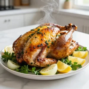 - 1 (4-6 lbs) turkey breast, skin-on - 4 cloves garlic, minced - 2 tablespoons fresh rosemary, chopped - 2 tablespoons fresh thyme, chopped - 2 tablespoons olive oil - 1 teaspoon salt - 1/2 teaspoon black pepper - 1 lemon, zested and juiced - 1 onion, quartered - 2 cups low-sodium chicken broth The turkey breast is the star of this dish. Choose a fresh one for the best taste. The skin helps keep the meat moist. Garlic adds a strong flavor. Fresh rosemary and thyme bring a green note that brightens the dish. Olive oil helps the herbs stick and gives richness. Salt and black pepper enhance all the flavors. Lemon adds a nice zing. Onion forms a sweet bed for the turkey and gives flavor to the broth. Chicken broth moistens the turkey and adds depth. Use a mix of fresh herbs and spices. The garlic herb paste makes the turkey burst with flavor. To make this paste, mix minced garlic, chopped rosemary, chopped thyme, olive oil, salt, black pepper, lemon zest, and lemon juice. Rub half of this paste under the turkey skin. This method infuses the meat with flavor as it cooks. The other half goes on top of the skin for a nice crust. You can add more flavor if you wish. Consider using a few slices of apple or orange in the roasting pan. They add sweetness and aroma. A splash of white wine can also enhance the broth. For heat, try a pinch of red pepper flakes in the herb paste. Each of these options can give your turkey a unique twist. {{ingredient_image_1}} To make the herb paste, start by gathering your ingredients. You need garlic, rosemary, thyme, olive oil, salt, pepper, lemon zest, and juice. Mince the garlic finely. Chop the rosemary and thyme into small bits. In a small bowl, mix all these ingredients well. This paste will add great flavor to your turkey. Next, you need to prepare the turkey breast. First, take a paper towel and dry the turkey well. This helps the skin get crispy. Carefully slide your fingers between the skin and meat. Create a pocket but don’t remove the skin. This step lets the herb paste flavor the meat directly. Now, take half of the herb paste and spread it under the skin. Rub it evenly across the breast. Then, take the rest of the paste and rub it over the skin. Now it’s time to roast the turkey. Preheat your oven to 375°F (190°C). Place quartered onion in a roasting pan to create a bed for the turkey. This adds flavor and keeps the turkey moist. Set the turkey breast on top of the onions. Pour low-sodium chicken broth around it, avoiding the top. Roast the turkey for about 1.5 to 2 hours. Check the internal temperature; it should reach 165°F (75°C). Baste the turkey with pan juices every 30 minutes. This adds moisture and flavor. When done, let the turkey rest for 15-20 minutes. This helps keep it juicy when you slice it. To keep your turkey breast juicy, start with a skin-on cut. The skin traps moisture during cooking. Next, make sure to season under the skin. This lets the flavors soak into the meat. Use a meat thermometer to check the internal temperature. Aim for 165°F (75°C) for safety. Let the turkey rest after cooking. This helps the juices stay inside the meat when you slice it. Basting adds flavor and moisture. Every 30 minutes, use a baster to pour pan juices over the turkey. This keeps the meat from drying out. You can also add a bit of chicken broth to the pan if it gets dry. If you want extra flavor, try basting with melted butter or olive oil. This gives a nice golden color to the skin. For a beautiful presentation, slice the turkey breast neatly. Arrange the slices on a large platter. Garnish with fresh herbs and lemon wedges. This adds color and freshness to your dish. Place some roasted vegetables on the side for a complete meal. You want your table to look inviting and delicious! Pro Tips Resting the Turkey: Letting the turkey rest after roasting is crucial. It helps the juices redistribute, ensuring every slice is moist and flavorful. Use a Meat Thermometer: To ensure the turkey is perfectly cooked, use a meat thermometer. The internal temperature should reach 165°F (75°C) for safe consumption. Experiment with Herbs: Feel free to mix and match your favorite herbs. Sage, parsley, or even a hint of oregano can add unique flavors to your turkey. Basting for Moisture: Basting the turkey every 30 minutes with the pan juices will keep it moist and enhance the flavor. Don’t skip this step! {{image_2}} You can change the herbs in this recipe. If you do not have rosemary, use sage. It gives a nice flavor too. Basil or oregano works well if you want something fresh. Mix and match your favorites. You can even try dry herbs if fresh ones aren't available. Use about one-third the amount since they are stronger. Citrus adds a bright taste. You can squeeze orange juice instead of lemon. The zest of an orange will also work well. For a more complex flavor, add garlic cloves or shallots to the roasting pan. They will caramelize and add depth to the dish. Fresh herbs like parsley or dill make great garnishes too. You can cook your turkey breast in a slow cooker. This method keeps the meat moist and tender. Just set the slow cooker on low for 6 to 8 hours. If you prefer a crispy skin, stick with the oven. The oven gives that golden, crunchy texture. Each method has its perks. Choose what fits your schedule and taste! Store leftover turkey in an airtight container. Make sure the turkey is cool before sealing. Keep it in the fridge for up to four days. If you want to keep it longer, freezing is best. To reheat, place turkey slices in a baking dish. Add a splash of chicken broth to keep it moist. Cover the dish with foil to trap steam. Heat it in the oven at 325°F (163°C) for about 20 minutes. This method helps to keep the meat juicy and flavorful. To freeze turkey, slice it first. Wrap each slice in plastic wrap, then place in a freezer bag. Remove as much air as possible to prevent freezer burn. It can last up to three months in the freezer. When you're ready to eat, thaw it overnight in the fridge before reheating. The best way to season turkey breast is to use fresh herbs. I recommend using garlic, rosemary, and thyme. Mix them with olive oil, salt, and pepper to create a tasty herb paste. This paste goes under the skin and over the meat for great flavor. Always use lemon zest and juice for a bright taste. Cooking a 4-6 lb turkey breast takes about 1.5 to 2 hours. You should roast it in an oven at 375°F (190°C). The key is to check the internal temperature. It should reach 165°F (75°C) to be safe to eat. Basting every 30 minutes helps keep it juicy. Yes, you can use frozen turkey breast for this recipe. However, you need to thaw it first. Place it in the fridge for 24 hours before cooking. This ensures even cooking and keeps the meat juicy. Never cook turkey from frozen without thawing first. Many sides pair well with Garlic Herb Roasted Turkey Breast. Here are a few ideas: - Mashed potatoes - Green beans - Roasted vegetables - Stuffing - Cranberry sauce These sides add color and flavor to your meal. Enjoy creating a full feast! You now have all the keys to create a tasty garlic herb roasted turkey breast. Start by mixing your herbs and spices to pack in flavor. Use my steps to ensure your turkey is juicy and perfectly roasted. Remember the tips for presenting your dish beautifully. Feel free to experiment with different herbs and cooking methods. Leftovers can be stored and enjoyed later, ensuring no meal goes to waste. Take these simple techniques and make your next meal special. Happy cooking!