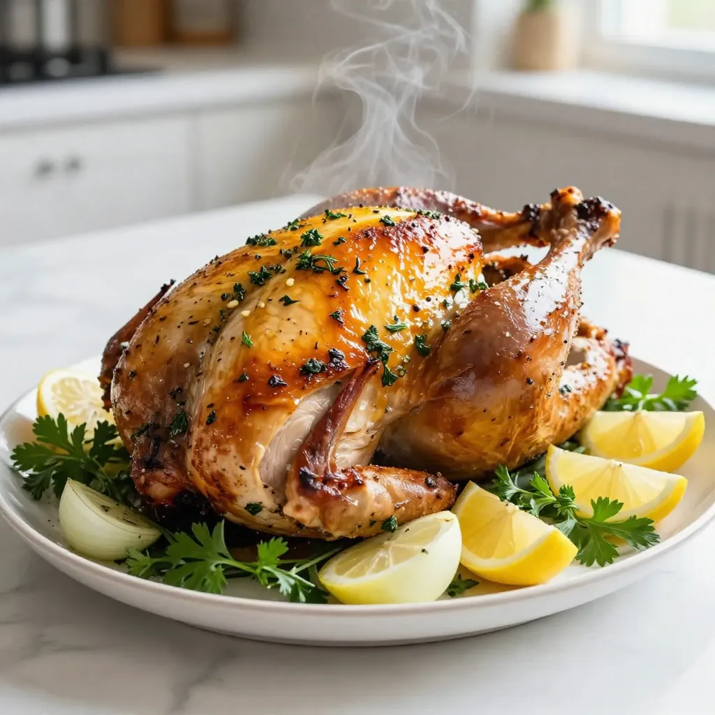 - 1 (4-6 lbs) turkey breast, skin-on - 4 cloves garlic, minced - 2 tablespoons fresh rosemary, chopped - 2 tablespoons fresh thyme, chopped - 2 tablespoons olive oil - 1 teaspoon salt - 1/2 teaspoon black pepper - 1 lemon, zested and juiced - 1 onion, quartered - 2 cups low-sodium chicken broth The turkey breast is the star of this dish. Choose a fresh one for the best taste. The skin helps keep the meat moist. Garlic adds a strong flavor. Fresh rosemary and thyme bring a green note that brightens the dish. Olive oil helps the herbs stick and gives richness. Salt and black pepper enhance all the flavors. Lemon adds a nice zing. Onion forms a sweet bed for the turkey and gives flavor to the broth. Chicken broth moistens the turkey and adds depth. Use a mix of fresh herbs and spices. The garlic herb paste makes the turkey burst with flavor. To make this paste, mix minced garlic, chopped rosemary, chopped thyme, olive oil, salt, black pepper, lemon zest, and lemon juice. Rub half of this paste under the turkey skin. This method infuses the meat with flavor as it cooks. The other half goes on top of the skin for a nice crust. You can add more flavor if you wish. Consider using a few slices of apple or orange in the roasting pan. They add sweetness and aroma. A splash of white wine can also enhance the broth. For heat, try a pinch of red pepper flakes in the herb paste. Each of these options can give your turkey a unique twist. {{ingredient_image_1}} To make the herb paste, start by gathering your ingredients. You need garlic, rosemary, thyme, olive oil, salt, pepper, lemon zest, and juice. Mince the garlic finely. Chop the rosemary and thyme into small bits. In a small bowl, mix all these ingredients well. This paste will add great flavor to your turkey. Next, you need to prepare the turkey breast. First, take a paper towel and dry the turkey well. This helps the skin get crispy. Carefully slide your fingers between the skin and meat. Create a pocket but don’t remove the skin. This step lets the herb paste flavor the meat directly. Now, take half of the herb paste and spread it under the skin. Rub it evenly across the breast. Then, take the rest of the paste and rub it over the skin. Now it’s time to roast the turkey. Preheat your oven to 375°F (190°C). Place quartered onion in a roasting pan to create a bed for the turkey. This adds flavor and keeps the turkey moist. Set the turkey breast on top of the onions. Pour low-sodium chicken broth around it, avoiding the top. Roast the turkey for about 1.5 to 2 hours. Check the internal temperature; it should reach 165°F (75°C). Baste the turkey with pan juices every 30 minutes. This adds moisture and flavor. When done, let the turkey rest for 15-20 minutes. This helps keep it juicy when you slice it. To keep your turkey breast juicy, start with a skin-on cut. The skin traps moisture during cooking. Next, make sure to season under the skin. This lets the flavors soak into the meat. Use a meat thermometer to check the internal temperature. Aim for 165°F (75°C) for safety. Let the turkey rest after cooking. This helps the juices stay inside the meat when you slice it. Basting adds flavor and moisture. Every 30 minutes, use a baster to pour pan juices over the turkey. This keeps the meat from drying out. You can also add a bit of chicken broth to the pan if it gets dry. If you want extra flavor, try basting with melted butter or olive oil. This gives a nice golden color to the skin. For a beautiful presentation, slice the turkey breast neatly. Arrange the slices on a large platter. Garnish with fresh herbs and lemon wedges. This adds color and freshness to your dish. Place some roasted vegetables on the side for a complete meal. You want your table to look inviting and delicious! Pro Tips Resting the Turkey: Letting the turkey rest after roasting is crucial. It helps the juices redistribute, ensuring every slice is moist and flavorful. Use a Meat Thermometer: To ensure the turkey is perfectly cooked, use a meat thermometer. The internal temperature should reach 165°F (75°C) for safe consumption. Experiment with Herbs: Feel free to mix and match your favorite herbs. Sage, parsley, or even a hint of oregano can add unique flavors to your turkey. Basting for Moisture: Basting the turkey every 30 minutes with the pan juices will keep it moist and enhance the flavor. Don’t skip this step! {{image_2}} You can change the herbs in this recipe. If you do not have rosemary, use sage. It gives a nice flavor too. Basil or oregano works well if you want something fresh. Mix and match your favorites. You can even try dry herbs if fresh ones aren't available. Use about one-third the amount since they are stronger. Citrus adds a bright taste. You can squeeze orange juice instead of lemon. The zest of an orange will also work well. For a more complex flavor, add garlic cloves or shallots to the roasting pan. They will caramelize and add depth to the dish. Fresh herbs like parsley or dill make great garnishes too. You can cook your turkey breast in a slow cooker. This method keeps the meat moist and tender. Just set the slow cooker on low for 6 to 8 hours. If you prefer a crispy skin, stick with the oven. The oven gives that golden, crunchy texture. Each method has its perks. Choose what fits your schedule and taste! Store leftover turkey in an airtight container. Make sure the turkey is cool before sealing. Keep it in the fridge for up to four days. If you want to keep it longer, freezing is best. To reheat, place turkey slices in a baking dish. Add a splash of chicken broth to keep it moist. Cover the dish with foil to trap steam. Heat it in the oven at 325°F (163°C) for about 20 minutes. This method helps to keep the meat juicy and flavorful. To freeze turkey, slice it first. Wrap each slice in plastic wrap, then place in a freezer bag. Remove as much air as possible to prevent freezer burn. It can last up to three months in the freezer. When you're ready to eat, thaw it overnight in the fridge before reheating. The best way to season turkey breast is to use fresh herbs. I recommend using garlic, rosemary, and thyme. Mix them with olive oil, salt, and pepper to create a tasty herb paste. This paste goes under the skin and over the meat for great flavor. Always use lemon zest and juice for a bright taste. Cooking a 4-6 lb turkey breast takes about 1.5 to 2 hours. You should roast it in an oven at 375°F (190°C). The key is to check the internal temperature. It should reach 165°F (75°C) to be safe to eat. Basting every 30 minutes helps keep it juicy. Yes, you can use frozen turkey breast for this recipe. However, you need to thaw it first. Place it in the fridge for 24 hours before cooking. This ensures even cooking and keeps the meat juicy. Never cook turkey from frozen without thawing first. Many sides pair well with Garlic Herb Roasted Turkey Breast. Here are a few ideas: - Mashed potatoes - Green beans - Roasted vegetables - Stuffing - Cranberry sauce These sides add color and flavor to your meal. Enjoy creating a full feast! You now have all the keys to create a tasty garlic herb roasted turkey breast. Start by mixing your herbs and spices to pack in flavor. Use my steps to ensure your turkey is juicy and perfectly roasted. Remember the tips for presenting your dish beautifully. Feel free to experiment with different herbs and cooking methods. Leftovers can be stored and enjoyed later, ensuring no meal goes to waste. Take these simple techniques and make your next meal special. Happy cooking!