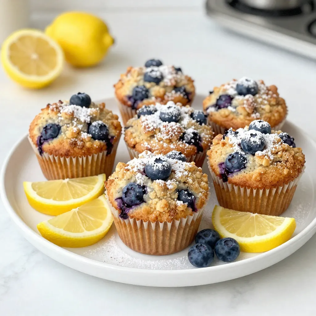 To start, gather your dry ingredients. You will need: - 2 cups all-purpose flour - 1 tablespoon baking powder - 1/2 teaspoon salt - 1/2 cup granulated sugar These ingredients create the base of your muffins. The flour gives structure, while the baking powder helps them rise. The salt enhances flavor, and sugar adds sweetness. Next, let’s move to the wet ingredients. You will need: - 1/4 cup unsalted butter, melted - 1 large egg - 1 cup buttermilk (or milk + 1 tablespoon vinegar) - Zest of 1 lemon These ingredients bring moisture and richness. The melted butter adds flavor, while the egg binds everything together. Buttermilk makes the muffins tender, and lemon zest gives a fresh, bright taste. Finally, gather the blueberries and topping ingredients. You will need: - 1 cup fresh or frozen blueberries - For the streusel topping: - 1/3 cup all-purpose flour - 1/4 cup brown sugar, packed - 1/2 teaspoon ground cinnamon - 2 tablespoons cold unsalted butter, cubed Blueberries add a burst of flavor and color. The streusel topping adds a crunchy, sweet layer. Mixing flour, brown sugar, and cinnamon creates a tasty contrast to the soft muffins. The cold butter gives the topping a crumbly texture. {{ingredient_image_1}} 1. First, preheat your oven to 375°F (190°C). This will help your muffins bake evenly. 2. While the oven heats, prepare your muffin tin. Line it with paper liners or grease it with cooking spray. This keeps muffins from sticking. 3. In a large mixing bowl, mix the dry ingredients. Add 2 cups of all-purpose flour, 1 tablespoon of baking powder, 1/2 teaspoon of salt, and 1/2 cup of granulated sugar. Whisk them together until they are well combined. This step is key for a nice rise. 4. In another bowl, blend the wet ingredients. Combine 1/4 cup of melted unsalted butter, 1 large egg, 1 cup of buttermilk, and the zest of 1 lemon. Stir until everything is well mixed. 5. Now, carefully add the wet mixture to the dry ingredients. Stir gently until just combined. Do not overmix; it’s okay if there are a few lumps. Finally, fold in 1 cup of fresh blueberries. This adds bursts of flavor to each bite. 6. For the streusel topping, mix 1/3 cup of all-purpose flour, 1/4 cup of packed brown sugar, and 1/2 teaspoon of ground cinnamon in a small bowl. Cut in 2 tablespoons of cold unsalted butter with a fork or pastry cutter. You want it to look like coarse crumbs. 7. Divide the muffin batter evenly among the cups in the muffin tin. Fill each cup about 2/3 full. This allows room for the muffins to rise. Then, sprinkle the streusel topping generously over each muffin. 8. Bake your muffins in the preheated oven for 18 to 20 minutes. Check for doneness by inserting a toothpick into the center. If it comes out clean, your muffins are ready. Let them cool in the tin for 5 minutes, then transfer them to a wire rack to cool completely. Enjoy your delightful lemon blueberry muffins! To make the best Lemon Blueberry Streusel Muffins, avoid overmixing the batter. When you mix the wet and dry ingredients, stir gently. Overmixing can make the muffins tough, not soft. When you add blueberries, fold them in carefully. Use a spatula to lift and turn the batter. This helps keep the blueberries intact. Serve your muffins warm on a pretty platter. Dust them with powdered sugar for a nice look. You can also add lemon slices to brighten the dish. Pair these muffins with a nice drink. A cup of tea or coffee goes well. You can also serve them with fresh lemonade for a zesty touch. Oven temperatures can vary, so check your muffins early. If your oven runs hot, start checking at 15 minutes. To check for doneness, insert a toothpick in the center. If it comes out clean, your muffins are ready. If it has batter on it, bake a bit longer. Pro Tips Use Fresh Blueberries: For the best flavor and texture, opt for fresh blueberries whenever possible. They will burst beautifully during baking and enhance the muffins' overall taste. Don't Overmix: When combining the wet and dry ingredients, mix just until combined. Overmixing can lead to dense muffins; a few lumps are perfectly fine! Chill the Butter: For a crumbly streusel topping, ensure the butter is very cold. This helps create the perfect texture when mixed with the other topping ingredients. Adjust Baking Time: Keep an eye on your muffins as baking times can vary based on your oven. Start checking them at 18 minutes to prevent overbaking. {{image_2}} You can make your lemon blueberry streusel muffins even better! Here are some fun ideas. - Adding nuts: Try mixing in some chopped walnuts or pecans. They add a nice crunch and flavor. - Different fruits: You can swap blueberries for raspberries or strawberries. Each fruit gives a unique taste. If you have specific diet needs, I have you covered! - Gluten-free options: Use gluten-free flour for a tasty alternative. Just make sure your baking powder is also gluten-free. - Vegan substitutions: Replace the egg with a flax egg. Mix one tablespoon of ground flaxseed with three tablespoons of water. Use plant-based milk in place of buttermilk. You can change your muffins to match the seasons! - Incorporating different spices or flavors: In fall, add cinnamon or nutmeg. For a summer twist, try a hint of basil or mint. - Holiday themed muffins: During the holidays, add some orange zest or cranberries. They give a festive look and taste. These variations make your lemon blueberry streusel muffins special. Enjoy experimenting! To keep your Lemon Blueberry Streusel Muffins fresh, store them in an airtight container at room temperature. This method keeps them soft and tasty for a few days. If you want to extend their shelf life, you can refrigerate them. Just place them in the fridge, but be aware they may dry out a bit. For long-term storage, freezing muffins is your best bet. Wrap each muffin tightly in plastic wrap or foil. Then, place them in a freezer bag. This method keeps them fresh for up to three months. When you’re ready to enjoy them, simply remove the muffins from the freezer. Let them thaw at room temperature or reheat them in the oven at 350°F (175°C) for about 10 minutes. These muffins stay fresh for about 3 to 5 days at room temperature. In the fridge, they last about a week. Keep an eye out for signs of spoilage. If you notice any mold, an off smell, or a dry texture, it's best to toss them. Enjoy your muffins while they are still at their best! Yes, you can use frozen blueberries. They work well in muffins too. To get the best results, do not thaw them before mixing. This helps keep the blueberries from turning the batter blue. Just fold them in gently when making the batter. Freezing muffins is easy if you follow these steps: 1. Cool the muffins completely: Let them cool on a wire rack. 2. Wrap each muffin: Use plastic wrap or foil to wrap each muffin tightly. 3. Store in a freezer bag: Place wrapped muffins in a freezer-safe bag. Squeeze out the air before sealing. 4. Label and date: Write the date on the bag for easy tracking. 5. Thawing: To thaw, leave them at room temperature for a few hours or heat in the microwave for 20-30 seconds. To check if your muffins are done, use these tips: - Toothpick test: Insert a toothpick into the center of a muffin. If it comes out clean or with a few crumbs, they are ready. - Look for golden tops: The tops should be golden brown and slightly springy to the touch. - Feel the sides: The sides should pull away from the muffin tin a bit. If they look wet or sticky, they need more time. These steps will help you bake perfect lemon blueberry streusel muffins every time. Enjoy your baking! Making blueberry muffins is fun and tasty. We covered all the ingredients, from dry to wet, plus the blueberries and delicious topping. I explained each step, from prep to baking, and shared tips for perfect muffins. You learned about variations to suit your taste and how to store them. Now, you have the tools to bake wonderful muffins. Enjoy making them and sharing with friends and family! Your baking journey starts here—happy baking!