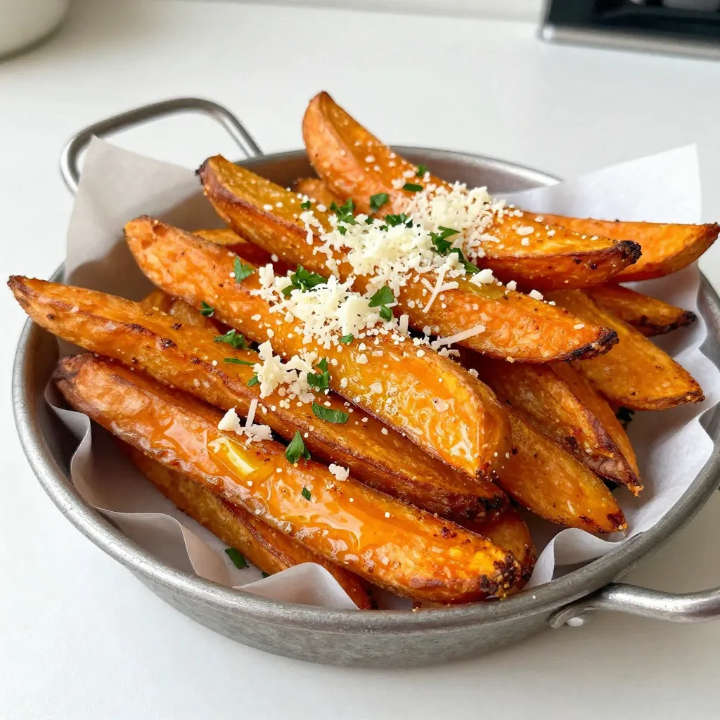 - 2 large sweet potatoes, cut into thin fries - 3 tablespoons olive oil - 4 cloves garlic, minced - 1 teaspoon paprika - ½ teaspoon salt - ¼ teaspoon black pepper - ½ cup grated Parmesan cheese - 2 tablespoons fresh parsley, chopped (for garnish) Garlic Parmesan sweet potato fries need fresh and simple ingredients. Start with two large sweet potatoes. I prefer sweet potatoes for their natural sweetness. They make the perfect base for fries. Next, you need three tablespoons of olive oil. This oil helps the fries crisp up nicely. It also adds a rich flavor that enhances the dish. Then, grab four cloves of garlic. Minced garlic gives your fries a bold taste. It’s the star of this recipe. You’ll also need some seasonings. Use one teaspoon of paprika for a little warmth. Half a teaspoon of salt adds flavor, and a quarter teaspoon of black pepper gives it a slight kick. Don’t forget the cheese! You’ll need half a cup of grated Parmesan cheese. It melts beautifully and adds a savory touch. To finish, chop two tablespoons of fresh parsley for garnish. This adds a pop of color and freshness to your fries. With these ingredients, you’re ready to create a crispy delight that’s sure to please! {{ingredient_image_1}} First, you need two large sweet potatoes. Cut them into thin fries. Aim for uniform pieces for even cooking. Next, take a large bowl and add the cut fries. Pour in three tablespoons of olive oil. Toss the fries well. This step ensures every fry gets a nice coat of oil, which helps them crisp up in the oven. Now for the fun part! Add four cloves of minced garlic to the bowl. Then sprinkle in one teaspoon of paprika, half a teaspoon of salt, and a quarter teaspoon of black pepper. Toss everything together until the fries are evenly coated. The garlic and spices will add a tasty kick to your fries, making them irresistible. Preheat your oven to 425°F (220°C). Line a baking sheet with parchment paper. Spread the fries in a single layer on the sheet. Make sure they don’t overlap. This helps them become crispy. Bake the fries for 20 minutes. After 20 minutes, flip them over and bake for another 10 to 15 minutes. Look for a golden color and crispy texture. Once the fries are done, take them out of the oven. Immediately sprinkle half a cup of grated Parmesan cheese over the hot fries. Toss gently to mix in the cheese. Let the fries cool for a couple of minutes. This cooling time helps them firm up. Transfer them to a serving platter and garnish with two tablespoons of fresh chopped parsley. Your garlic Parmesan sweet potato fries are ready to enjoy! To get crispy sweet potato fries, proper spacing is key. Place the fries on the baking sheet in a single layer. If they touch, they will steam instead of crisp. This simple trick helps them cook evenly. The oven temperature matters, too. Preheat your oven to 425°F (220°C). A hot oven cooks the fries quickly, making them crispy on the outside and soft on the inside. You can add more flavor with extra spices. Consider adding cayenne pepper for heat or a dash of cumin for earthiness. Each spice gives a different twist to your fries. Choosing the right Parmesan is also important. Freshly grated cheese melts better than pre-grated types. It sticks well to the fries and adds a rich flavor that makes every bite delightful. Serving is part of the fun! Use a rustic basket lined with parchment paper for a cozy look. This makes your fries feel special. Add a small bowl of your favorite dipping sauce. Ranch or spicy mayo works well and adds a tasty touch. A sprinkle of fresh parsley on top makes the dish bright and inviting. Pro Tips Cut Evenly: Ensuring your sweet potato fries are cut into uniform sizes helps them cook evenly and achieve that perfect crispiness. Soak for Crispiness: For extra crispy fries, soak the cut sweet potatoes in cold water for at least 30 minutes before baking. This helps remove excess starch. Use Fresh Garlic: Freshly minced garlic gives a more vibrant flavor compared to pre-minced or powdered garlic, enhancing the overall taste of the fries. Experiment with Seasoning: Feel free to mix in other spices like cayenne pepper or Italian herbs for a unique twist on the flavor profile of your fries. {{image_2}} You can spice up your garlic Parmesan sweet potato fries in fun ways. Want some heat? Add cayenne pepper. Just a pinch will give your fries a nice kick without overpowering the garlic. If you prefer fresh herbs, try rosemary or thyme. These herbs add a lovely aroma and boost the flavor. You can also change how you cook the fries. Air frying is a great option. It makes the fries crispy while using less oil. Just toss the fries in olive oil and seasonings. Then, cook in the air fryer for about 15-20 minutes at 400°F (200°C). If you want a classic taste, try deep frying. This method gives a crunchy texture. Just remember to watch the time so they don’t burn. Not a fan of sweet potatoes? You can use regular potatoes instead. They will still be tasty when seasoned. Zucchini is another option. Cut it into strips, but be careful; they cook faster. Adjust the baking time as needed. This way, you can enjoy fries made from different veggies. To keep your garlic Parmesan sweet potato fries fresh, store them in an airtight container. Place a paper towel at the bottom to absorb excess moisture. This helps keep the fries crispy. Refrigerate them for up to three days. When reheating, I recommend using an oven or an air fryer. Preheat your oven to 375°F (190°C). Spread the fries in a single layer on a baking sheet. Bake for about 10-15 minutes until they are warm and crispy again. You can also use an air fryer. Just heat it to 350°F (175°C) and cook for 5-7 minutes. If you want to freeze your fries, do it before cooking them. Cut the sweet potatoes, coat them in olive oil and seasonings, but skip the baking. Lay the uncooked fries on a baking sheet in a single layer. Freeze them for about 1-2 hours until firm. Then, transfer the fries to a freezer bag. They can stay in the freezer for up to three months. To cook the frozen fries, you don’t need to thaw them. Preheat your oven to 425°F (220°C). Spread the frozen fries on a baking sheet. Bake for about 25-30 minutes, flipping halfway through, until they are crispy and golden. Enjoy! It takes about 35 to 40 minutes to cook these fries. First, preheat your oven to 425°F (220°C). After you prepare the fries, bake them for 20 minutes. Then, flip them and bake for another 10 to 15 minutes. You want them golden and crispy. Yes, you can prep these fries ahead of time. Cut the sweet potatoes and coat them with olive oil and spices. Place them in the fridge for up to 24 hours. When you’re ready, bake them straight from the fridge. This keeps them fresh and tasty. There are many great dipping sauces for sweet potato fries. Here are a few popular choices: - Ranch dressing - Spicy mayo - Ketchup - Garlic aioli For a simple homemade sauce, try mixing mayo with sriracha for a spicy kick! This blog shared an easy way to make garlic Parmesan sweet potato fries. First, we discussed the ingredients you’ll need, like sweet potatoes and olive oil. Then, you learned to prep and season the fries before baking. I shared tips for crispy texture and flavor. You saw different variations and cooking methods. Lastly, we covered storage and FAQs. Now, you can enjoy these tasty fries any time you want. Happy cooking!