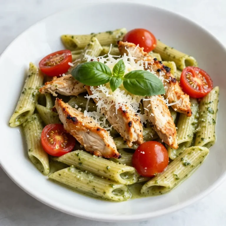 - 8 oz penne pasta - 1 pound chicken breast, sliced into strips - 1 cup heavy cream - 1 cup basil pesto - 1 cup cherry tomatoes, halved - 2 tablespoons olive oil - ½ cup grated Parmesan cheese - Fresh basil leaves for garnish - Salt and pepper to taste - Large pot - Large skillet - Measuring cups - Cooking utensils Gathering the right ingredients is key to making creamy pesto chicken penne delicious. The penne pasta serves as a great base. It holds the sauce well and offers a nice bite. Chicken breast adds protein and a hearty texture. Heavy cream gives the dish its rich, creamy flavor. Basil pesto adds a burst of herbal taste. Cherry tomatoes bring a pop of color and sweetness. You will also need olive oil to sauté the chicken. Parmesan cheese helps make the sauce even cheesier. Fresh basil leaves are perfect for garnishing. Don't forget salt and pepper for seasoning. For equipment, a large pot is needed to cook the pasta. A large skillet is essential for sautéing the chicken and making the sauce. Measuring cups help with accuracy, and basic cooking utensils complete your kitchen tools. Getting these right sets you up for success! {{ingredient_image_1}} - Boil salted water in a large pot. - Add the penne pasta and cook it as the package says, usually about 10-12 minutes. - Drain the pasta and save a bit of the water for later. - Heat two tablespoons of olive oil in a large skillet over medium heat. - Season your sliced chicken breast with salt and pepper. - Cook the chicken until it turns golden brown, about 5-7 minutes. Remove it from the skillet and set it aside. - Lower the heat on your skillet. - Pour in one cup of heavy cream. - Add one cup of basil pesto and mix it well until it warms up. - Taste the sauce and adjust the seasoning if needed. - Toss the cooked penne pasta back into the skillet. - Add the sautéed chicken and halved cherry tomatoes. - If the sauce is too thick, add some reserved pasta water. - Mix everything until it's well combined and creamy. - Stir in half a cup of grated Parmesan cheese until it melts and blends into the sauce. - Taste again and adjust seasoning with more salt or pepper if necessary. - Finally, garnish with fresh basil leaves for a pop of color and flavor. - Use room temperature ingredients. This helps the cream blend well. - Avoid boiling after adding cream. High heat can cause the cream to separate. A smooth and creamy sauce makes this dish shine. When you use room temperature cream, it mixes easily with other ingredients. After adding cream, keep the heat low. This keeps the sauce silky and rich. - Fresh herbs and spices boost taste. Basil, parsley, or thyme work well. - Try alternative cheeses for different flavors. Goat cheese or mozzarella add unique twists. Don't be shy with herbs. Fresh ones can brighten your dish. Adding a bit of garlic or lemon zest can also lift the flavors. Experimenting with cheese gives you new taste experiences. - Pair with a side salad or bread for balance. A crisp salad adds freshness. - Best served fresh. Enjoy it right after cooking for the best taste. Serving this meal right away is key. The flavors meld beautifully when hot. A simple side salad or some crusty bread makes the meal complete. Enjoy every bite! Pro Tips Use Fresh Pesto: If possible, use homemade basil pesto for a fresher and more vibrant flavor in your dish. Perfect Pasta: Be sure to cook the penne pasta al dente, which means firm to the bite, for the best texture in your dish. Reserve Pasta Water: Always reserve a cup of pasta water before draining. It’s great for adjusting the sauce’s consistency. Garnish Wisely: Fresh basil leaves not only add color but also enhance the aroma and flavor of your creamy pesto chicken penne. {{image_2}} You can easily change the protein in this dish. If you want a seafood twist, use shrimp instead of chicken. Shrimp cooks fast and adds a sweet flavor. Just sauté it until pink and tender. If you prefer a plant-based option, swap chicken for tofu. Press and cube firm tofu, then sauté until golden. It absorbs flavors well and adds a nice texture. Another quick option is using store-bought rotisserie chicken. Just shred it and add it to the creamy sauce. This saves time and still gives you great taste. For a vegan version, replace heavy cream with coconut cream. This keeps the dish rich and creamy. The coconut flavor adds a fun twist, too. Use vegan pesto and cheese alternatives to keep it plant-based. Many stores sell great vegan pesto now. Look for cheese made from nuts or soy to mimic Parmesan. These swaps keep your dish flavorful and satisfying. Feel free to switch up the pasta shape. Fusilli or rigatoni are great choices. They hold sauce well, making every bite tasty. If you need gluten-free options, many brands offer gluten-free penne. These work well without changing the overall taste. Look for options made from rice or chickpeas for added nutrition. To keep your creamy pesto chicken penne fresh, store it in an airtight container. Place it in the fridge. This method works best to keep flavors intact. Your dish will stay fresh for about 3 to 4 days. For reheating, I prefer using the stove. This method warms the dish evenly. Just place it in a skillet over low heat. Stir often to maintain the creamy texture. If you use the microwave, do it in short bursts. Check and stir every 30 seconds to avoid drying it out. You can freeze creamy pesto chicken penne! First, let it cool completely. Then, transfer it to a freezer-safe container. This way, you can enjoy it later. It can last up to 2 months in the freezer. To thaw, place it in the fridge overnight. Reheat it on the stove for the best results. Yes, you can easily make this meal in advance. Cook the penne pasta and chicken, then mix them with the sauce. Store everything in a container in the fridge. When ready to eat, reheat it gently on the stove. You might want to add a splash of cream or pasta water to keep it creamy. This way, you save time for busy days. If you need a substitute for basil pesto, try sun-dried tomato pesto. It offers a rich flavor that pairs well with chicken. You can also use Alfredo sauce for a creamy twist. If you want something lighter, consider a spinach or arugula pesto. Each option adds a unique taste to your dish. To add some heat, sprinkle in red pepper flakes while cooking the chicken. You can also use a spicy pesto instead of the regular one. If you want more flavor, add diced jalapeños or a dash of hot sauce. These simple changes will give your creamy pesto chicken penne a spicy kick! This blog post shared a tasty penne pasta dish with chicken and creamy pesto. I covered main and additional ingredients, essential equipment, and easy cooking steps. You learned tips for flavor, serving, and storage, plus variations for different diets. Exploring these options can make cooking fun and simple. Remember, you can mix flavors and ingredients to make the dish your own. Enjoy your cooking adventure!