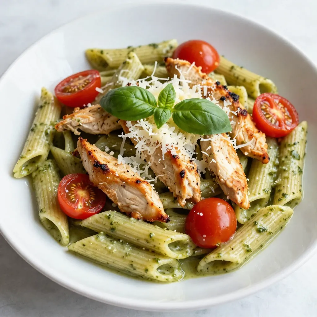 - 8 oz penne pasta - 1 pound chicken breast, sliced into strips - 1 cup heavy cream - 1 cup basil pesto - 1 cup cherry tomatoes, halved - 2 tablespoons olive oil - ½ cup grated Parmesan cheese - Fresh basil leaves for garnish - Salt and pepper to taste - Large pot - Large skillet - Measuring cups - Cooking utensils Gathering the right ingredients is key to making creamy pesto chicken penne delicious. The penne pasta serves as a great base. It holds the sauce well and offers a nice bite. Chicken breast adds protein and a hearty texture. Heavy cream gives the dish its rich, creamy flavor. Basil pesto adds a burst of herbal taste. Cherry tomatoes bring a pop of color and sweetness. You will also need olive oil to sauté the chicken. Parmesan cheese helps make the sauce even cheesier. Fresh basil leaves are perfect for garnishing. Don't forget salt and pepper for seasoning. For equipment, a large pot is needed to cook the pasta. A large skillet is essential for sautéing the chicken and making the sauce. Measuring cups help with accuracy, and basic cooking utensils complete your kitchen tools. Getting these right sets you up for success! {{ingredient_image_1}} - Boil salted water in a large pot. - Add the penne pasta and cook it as the package says, usually about 10-12 minutes. - Drain the pasta and save a bit of the water for later. - Heat two tablespoons of olive oil in a large skillet over medium heat. - Season your sliced chicken breast with salt and pepper. - Cook the chicken until it turns golden brown, about 5-7 minutes. Remove it from the skillet and set it aside. - Lower the heat on your skillet. - Pour in one cup of heavy cream. - Add one cup of basil pesto and mix it well until it warms up. - Taste the sauce and adjust the seasoning if needed. - Toss the cooked penne pasta back into the skillet. - Add the sautéed chicken and halved cherry tomatoes. - If the sauce is too thick, add some reserved pasta water. - Mix everything until it's well combined and creamy. - Stir in half a cup of grated Parmesan cheese until it melts and blends into the sauce. - Taste again and adjust seasoning with more salt or pepper if necessary. - Finally, garnish with fresh basil leaves for a pop of color and flavor. - Use room temperature ingredients. This helps the cream blend well. - Avoid boiling after adding cream. High heat can cause the cream to separate. A smooth and creamy sauce makes this dish shine. When you use room temperature cream, it mixes easily with other ingredients. After adding cream, keep the heat low. This keeps the sauce silky and rich. - Fresh herbs and spices boost taste. Basil, parsley, or thyme work well. - Try alternative cheeses for different flavors. Goat cheese or mozzarella add unique twists. Don't be shy with herbs. Fresh ones can brighten your dish. Adding a bit of garlic or lemon zest can also lift the flavors. Experimenting with cheese gives you new taste experiences. - Pair with a side salad or bread for balance. A crisp salad adds freshness. - Best served fresh. Enjoy it right after cooking for the best taste. Serving this meal right away is key. The flavors meld beautifully when hot. A simple side salad or some crusty bread makes the meal complete. Enjoy every bite! Pro Tips Use Fresh Pesto: If possible, use homemade basil pesto for a fresher and more vibrant flavor in your dish. Perfect Pasta: Be sure to cook the penne pasta al dente, which means firm to the bite, for the best texture in your dish. Reserve Pasta Water: Always reserve a cup of pasta water before draining. It’s great for adjusting the sauce’s consistency. Garnish Wisely: Fresh basil leaves not only add color but also enhance the aroma and flavor of your creamy pesto chicken penne. {{image_2}} You can easily change the protein in this dish. If you want a seafood twist, use shrimp instead of chicken. Shrimp cooks fast and adds a sweet flavor. Just sauté it until pink and tender. If you prefer a plant-based option, swap chicken for tofu. Press and cube firm tofu, then sauté until golden. It absorbs flavors well and adds a nice texture. Another quick option is using store-bought rotisserie chicken. Just shred it and add it to the creamy sauce. This saves time and still gives you great taste. For a vegan version, replace heavy cream with coconut cream. This keeps the dish rich and creamy. The coconut flavor adds a fun twist, too. Use vegan pesto and cheese alternatives to keep it plant-based. Many stores sell great vegan pesto now. Look for cheese made from nuts or soy to mimic Parmesan. These swaps keep your dish flavorful and satisfying. Feel free to switch up the pasta shape. Fusilli or rigatoni are great choices. They hold sauce well, making every bite tasty. If you need gluten-free options, many brands offer gluten-free penne. These work well without changing the overall taste. Look for options made from rice or chickpeas for added nutrition. To keep your creamy pesto chicken penne fresh, store it in an airtight container. Place it in the fridge. This method works best to keep flavors intact. Your dish will stay fresh for about 3 to 4 days. For reheating, I prefer using the stove. This method warms the dish evenly. Just place it in a skillet over low heat. Stir often to maintain the creamy texture. If you use the microwave, do it in short bursts. Check and stir every 30 seconds to avoid drying it out. You can freeze creamy pesto chicken penne! First, let it cool completely. Then, transfer it to a freezer-safe container. This way, you can enjoy it later. It can last up to 2 months in the freezer. To thaw, place it in the fridge overnight. Reheat it on the stove for the best results. Yes, you can easily make this meal in advance. Cook the penne pasta and chicken, then mix them with the sauce. Store everything in a container in the fridge. When ready to eat, reheat it gently on the stove. You might want to add a splash of cream or pasta water to keep it creamy. This way, you save time for busy days. If you need a substitute for basil pesto, try sun-dried tomato pesto. It offers a rich flavor that pairs well with chicken. You can also use Alfredo sauce for a creamy twist. If you want something lighter, consider a spinach or arugula pesto. Each option adds a unique taste to your dish. To add some heat, sprinkle in red pepper flakes while cooking the chicken. You can also use a spicy pesto instead of the regular one. If you want more flavor, add diced jalapeños or a dash of hot sauce. These simple changes will give your creamy pesto chicken penne a spicy kick! This blog post shared a tasty penne pasta dish with chicken and creamy pesto. I covered main and additional ingredients, essential equipment, and easy cooking steps. You learned tips for flavor, serving, and storage, plus variations for different diets. Exploring these options can make cooking fun and simple. Remember, you can mix flavors and ingredients to make the dish your own. Enjoy your cooking adventure!