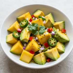 To make a delicious Mango Avocado Salsa, gather these fresh ingredients: - 1 ripe mango, diced - 2 ripe avocados, diced - 1 small red onion, finely chopped - 1 red bell pepper, diced - 1 jalapeño, deseeded and minced - 2 tablespoons fresh lime juice - 1 tablespoon olive oil - ¼ cup fresh cilantro, chopped - Salt and pepper to taste Each ingredient brings unique flavors. The mango adds sweetness, while the avocado provides creaminess. The red onion and bell pepper give crunch, and the jalapeño adds a spicy kick. Fresh lime juice and olive oil tie everything together. Finally, cilantro adds a fresh taste. Make sure your mango and avocados are ripe for the best flavor. Ripe mangoes should give slightly when pressed. Avocados should feel soft but not mushy. Using fresh ingredients makes your salsa vibrant and tasty. Feel free to adjust the jalapeño for heat. If you prefer less spice, remove the seeds and ribs. For more heat, add a little more. This salsa is versatile and fun to make. Enjoy preparing it for your next gathering or snack! {{ingredient_image_1}} To start, let's prepare the main ingredients for our salsa. - How to dice mango and avocado: Begin with the mango. Cut off the sides of the mango around the pit. Score the flesh in a crisscross pattern. Use a spoon to scoop out the diced fruit. For the avocado, cut it in half and remove the pit. Score the flesh into cubes, then scoop it out with a spoon. - Chopping techniques for onion and bell pepper: For the red onion, slice it in half, then chop it finely. This helps it blend well in the salsa. For the red bell pepper, cut off the top and bottom. Remove the seeds, then dice it into small pieces. - Mince jalapeño (with glove recommendation): When handling jalapeño, wear gloves. Cut the jalapeño in half and remove the seeds if you want less heat. Mince it finely to distribute the spice evenly in the salsa. Next, it’s time to mix everything together. - Mixing lime juice and olive oil: In a small bowl, combine two tablespoons of fresh lime juice with one tablespoon of olive oil. This adds flavor and helps the salsa stay fresh. - Gently tossing the salsa: In a large mixing bowl, add the diced mango, avocado, onion, bell pepper, and minced jalapeño. Pour the lime juice and olive oil over the top. Using a spatula, gently toss the ingredients together. Be careful not to mash the avocado. Now, let’s prepare the salsa for serving. - Recommended resting time for flavor melding: Allow the salsa to sit at room temperature for 10 to 15 minutes. This lets the flavors blend nicely. - Presentation of the finished salsa: Serve the salsa in a colorful bowl. You can garnish it with extra cilantro leaves. Pair it with tortilla chips or add it to grilled fish or chicken for a tasty meal. To make great mango avocado salsa, choosing ripe fruit is key. For mangoes, look for these signs: - They should feel slightly soft when you press them. - The color should be vibrant. Ripe mangoes can be yellow, red, or even green. - Smell the stem; a sweet aroma means it’s ready to eat. For avocados, check for: - A slight give when pressed gently. - Dark green or black skin, depending on the type. - No large indentations or blemishes. If you like spice, adjust the jalapeño quantity. Start with half if you prefer milder heat. Remember, you can always add more later. If you want to try different flavors, consider these spices: - A pinch of cayenne for extra heat. - Smoked paprika for a deeper flavor. - A dash of cumin for warmth. To make your salsa pop, try adding fresh herbs like basil or mint. They bring a unique taste. You can also mix in fruits or spices for variety: - Pineapple adds sweetness and pairs well with mango. - Chopped tomatoes for extra juiciness. - A sprinkle of garlic powder for depth. These tips will help you craft a mango avocado salsa that suits your taste. Pro Tips Choose Ripe Fruits: Ensure that your mangoes and avocados are perfectly ripe. A ripe mango should give slightly when pressed, while avocados should yield gently to pressure. This will give your salsa the best flavor and texture. Adjusting Heat Level: The jalapeño can significantly affect the heat of your salsa. Start with a small amount, taste, and add more as needed to suit your heat preference. Fresh Ingredients: Use fresh cilantro and lime juice for the best flavor. Avoid bottled lime juice as it can be overly acidic and lack the vibrant flavor of fresh lime. Let it Rest: Allowing the salsa to sit for 10-15 minutes at room temperature before serving enhances the flavors. This resting time allows the ingredients to meld together beautifully. {{image_2}} You can add fun twists to your mango avocado salsa. Try mixing in pineapple or kiwi for a sweet touch. Pineapple adds a juicy burst, while kiwi brings a tart flavor. You can also toss in pomegranate seeds for a pop of color and a crunch. These fruits make the salsa even fresher and more exciting. This salsa works great with proteins too. Serve it on top of grilled fish or chicken for a tasty meal. The bright flavors of the salsa complement the rich taste of the meat. You can also use it as a topping for tacos. The salsa adds a fresh layer to each bite, making your tacos even better. To make a heartier version, mix in black beans or quinoa. Black beans add protein and fiber, making the dish filling. Quinoa brings a nutty taste and a nice texture. This way, your mango avocado salsa can be a complete meal. It’s perfect for lunch or a light dinner. To keep your mango avocado salsa fresh, use airtight containers. Glass jars work well, as they do not retain odors. When you store the salsa, cover it tightly to limit air exposure. This helps slow down browning, especially for avocados. - Prepare small portions if you plan to share. - Label containers with the date to track freshness. You can freeze mango avocado salsa, but some ingredients may change in texture. To freeze it, follow these steps: 1. Place the salsa in a freezer-safe container. 2. Leave some space at the top for expansion. 3. Seal the container tightly to avoid freezer burn. When you want to use the salsa, thaw it in the fridge overnight. This keeps the flavors tasty. If you need it quickly, place the container in cold water. If you have leftovers, use them within a few days. Reheating is not ideal for salsa, but you can repurpose it. Try mixing it into cooked grains or as a topping for tacos. This way, you can enjoy the flavors without losing the fresh taste. Mango avocado salsa lasts about 2 to 3 days in the fridge. Keep it in an airtight container. The lime juice helps slow browning, but avocado can still oxidize. If you see brown spots, just stir them in or remove them. Yes, you can make mango avocado salsa ahead of time. However, I recommend adding the avocado just before serving. This keeps it fresh and green. If you must prepare it in advance, add a bit more lime juice to help prevent browning. If you don’t have lime juice, use lemon juice as a substitute. It has a similar tangy flavor. You can also use vinegar, like apple cider vinegar, for a different twist. Adjust the amount based on how tangy you want your salsa. Making mango avocado salsa is easy and fun. You learned how to prepare fresh ingredients and mix them for a tasty dish. Remember, choosing ripe fruit is key for the best flavor. Customize the spice level to suit your taste. You can even add fruits or proteins for variety. Store your salsa correctly to keep it fresh. Enjoy this vibrant salsa with tacos or grilled meats. It’s a great addition to any meal!