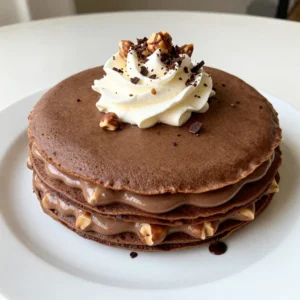 To make a delicious Chocolate Hazelnut Crepe Cake, you will need the following ingredients: - 1 cup all-purpose flour - 3 large eggs - 2 cups milk - 2 tablespoons melted butter - 1 tablespoon sugar - 1 teaspoon vanilla extract - 1/2 teaspoon salt - 1 cup hazelnut spread (like Nutella) - 1 cup heavy whipping cream - 3 tablespoons powdered sugar - 1 teaspoon vanilla extract (for whipped cream) - Chopped hazelnuts for garnish - Dark chocolate shavings for decoration These ingredients work together to create a rich and creamy dessert. The all-purpose flour serves as the base for the crepes. Eggs add structure and richness. Milk creates a smooth batter, while melted butter adds flavor and moisture. Sugar and vanilla give sweetness and aroma. Hazelnut spread is the star filling, bringing a nutty sweetness. Heavy whipping cream, mixed with powdered sugar, transforms into a light and airy whipped topping. Finally, the chopped hazelnuts and dark chocolate shavings add a crunchy texture and visual appeal. Each layer brings a unique taste that makes this cake truly special. {{ingredient_image_1}} To start, gather your ingredients. You need flour, eggs, milk, melted butter, sugar, vanilla extract, and salt. In a bowl, whisk these items together until smooth. Make sure there are no lumps. This is key for great crepes. After mixing, let the batter rest for 30 minutes. This resting time helps make your crepes tender and easy to flip. Next, it's time to cook. Heat a non-stick skillet over medium heat. Lightly grease it with butter or oil. Pour about 1/4 cup of batter into the skillet. Quickly swirl it to coat the bottom. Cook the crepe for 1-2 minutes. When the edges lift slightly, it's time to flip. Cook for another minute on the other side. Repeat this process. You want about 12-15 crepes for the cake. For the whipped cream, you need heavy whipping cream, powdered sugar, and more vanilla extract. In a mixing bowl, combine these ingredients. Use a mixer to whip until you see stiff peaks form. This will give your cake a light and fluffy texture. Set the whipped cream aside for later. Now, it's time to build the cake. Start with one crepe on a serving plate. Spread a layer of hazelnut spread over it. Then, add a layer of whipped cream. Repeat this layering process. Keep adding crepes, hazelnut spread, and whipped cream until you use all the crepes. Finish with a layer of whipped cream on top. This will create a beautiful tower of flavors. Cover the assembled cake with plastic wrap. Refrigerate it for at least 4 hours, or overnight if you can. Chilling is important because it helps the layers set and makes cutting easier. The cake will taste even better after it chills. Enjoy your delicious creation! To make your batter smooth, mix the flour with eggs in a bowl. Then, slowly add milk while whisking. This helps prevent lumps. Let the batter rest for at least 30 minutes. This step makes the crepes tender and easy to cook. To avoid tearing, use a non-stick skillet. Heat it over medium heat and grease it lightly. Pour enough batter to cover the bottom. Cook until the edges lift, then flip gently. If a crepe tears, try a thinner layer of batter next time. If you want alternatives to heavy cream, try coconut cream or whipped topping. Both can give you a light texture. You can also use Greek yogurt for a different flavor and texture. For flavor variations, mix in cocoa powder for chocolate whipped cream. Adding a splash of coffee or almond extract can also change the taste. Just remember to keep it balanced. To serve, use a decorative cake stand. This adds height and beauty. You can drizzle melted chocolate around the base for extra flair. For garnishing, sprinkle chopped hazelnuts and dark chocolate shavings on top. This makes the cake look fancy and appealing. You can also add fresh berries for color and freshness. Pro Tips Rest the Batter: Letting the crepe batter rest for at least 30 minutes helps to relax the gluten, resulting in more tender and delicate crepes. Use a Non-Stick Skillet: A good quality non-stick skillet ensures that your crepes cook evenly and release easily, preventing any tearing. Layering Technique: For a beautiful finish, make sure each layer of hazelnut spread and whipped cream is spread evenly and thinly to avoid a heavy cake. Chill Before Serving: Allowing the cake to chill for several hours or overnight helps the layers set, making it easier to slice and enhancing the flavors. {{image_2}} You can make this cake even more fun by adding different extracts. Try using almond or orange extract in the crepe batter. This will bring a new twist to the flavors. You can also mix in fruit layers. Adding fresh strawberries or bananas between the crepes adds a burst of flavor and color. These fruits pair nicely with hazelnut spread, making each bite exciting. If you need gluten-free options, swap all-purpose flour with gluten-free flour. Look for blends that work well for baking. They will give you a similar texture. For dairy-free choices, use coconut milk instead of regular milk. Replace heavy whipping cream with coconut cream for a rich and creamy layer. These swaps keep the cake delicious while meeting dietary needs. You can switch the hazelnut spread for chocolate ganache. Just melt chocolate with cream and let it cool before spreading. This gives a rich flavor that is hard to resist. You can also experiment with fruit preserves, like raspberry or apricot. Spread them between the crepes for a sweet and tangy surprise. Each of these filling options will create a unique cake. To keep your Chocolate Hazelnut Crepe Cake fresh, proper storage is key. First, cover the cake tightly with plastic wrap or place it in an airtight container. This helps prevent the cake from drying out. Refrigerating it is the best method. The cool air will keep the flavors intact. If you want to save it for later, freezing is an option. Wrap the whole cake in plastic wrap, then place it in a freezer bag. This will help keep it fresh for up to two months. When you're ready to enjoy it, thaw it in the fridge overnight. In the fridge, your cake will last for about five days. Make sure to check it often. If you notice any changes in smell or texture, it may be time to toss it. Signs of spoilage include a sour smell or a change in color. If it looks dry or has spots, it’s best to throw it away. Enjoy your cake while it’s fresh for the best taste! To make the batter smooth, whisk the flour and eggs first. Then, slowly add the milk while whisking. This helps blend the ingredients better. Let the batter rest for 30 minutes after mixing. This rest time helps the flour absorb moisture, reducing lumps. Yes, you can! Make the cake a day before serving. Just follow the recipe and chill it overnight. This allows the flavors to blend well. It also makes the cake easier to slice. If you don’t have hazelnut spread, try using chocolate spread. You can also use peanut butter or almond butter. For a healthier option, consider using fruit preserves or a layer of chocolate ganache. To keep the whipped cream stable, use cold heavy cream. Whip it until stiff peaks form. Adding a bit of powdered sugar also helps. For extra stability, mix in a little cream cheese or gelatin. Yes, you can! Use whole wheat flour for a nuttier taste. Gluten-free flour works too, but the texture may change. Experiment with different flours and find the one you like best. You now have the tools to create a delicious crepe cake. With simple ingredients and clear steps, making this treat is easy. Remember to enjoy the process, from whisking the batter to layering the cake. Feel free to experiment with flavors and fillings that suit your taste. Store it well to keep it fresh longer. Use the tips shared to perfect your crepes and whipped cream. Dive in and create something special that everyone will love!