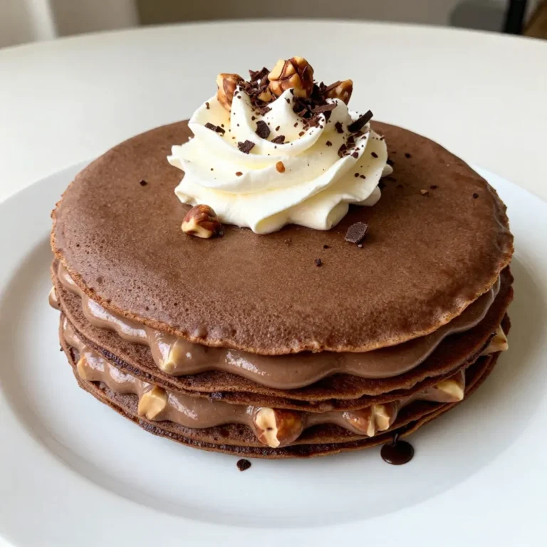 To make a delicious Chocolate Hazelnut Crepe Cake, you will need the following ingredients: - 1 cup all-purpose flour - 3 large eggs - 2 cups milk - 2 tablespoons melted butter - 1 tablespoon sugar - 1 teaspoon vanilla extract - 1/2 teaspoon salt - 1 cup hazelnut spread (like Nutella) - 1 cup heavy whipping cream - 3 tablespoons powdered sugar - 1 teaspoon vanilla extract (for whipped cream) - Chopped hazelnuts for garnish - Dark chocolate shavings for decoration These ingredients work together to create a rich and creamy dessert. The all-purpose flour serves as the base for the crepes. Eggs add structure and richness. Milk creates a smooth batter, while melted butter adds flavor and moisture. Sugar and vanilla give sweetness and aroma. Hazelnut spread is the star filling, bringing a nutty sweetness. Heavy whipping cream, mixed with powdered sugar, transforms into a light and airy whipped topping. Finally, the chopped hazelnuts and dark chocolate shavings add a crunchy texture and visual appeal. Each layer brings a unique taste that makes this cake truly special. {{ingredient_image_1}} To start, gather your ingredients. You need flour, eggs, milk, melted butter, sugar, vanilla extract, and salt. In a bowl, whisk these items together until smooth. Make sure there are no lumps. This is key for great crepes. After mixing, let the batter rest for 30 minutes. This resting time helps make your crepes tender and easy to flip. Next, it's time to cook. Heat a non-stick skillet over medium heat. Lightly grease it with butter or oil. Pour about 1/4 cup of batter into the skillet. Quickly swirl it to coat the bottom. Cook the crepe for 1-2 minutes. When the edges lift slightly, it's time to flip. Cook for another minute on the other side. Repeat this process. You want about 12-15 crepes for the cake. For the whipped cream, you need heavy whipping cream, powdered sugar, and more vanilla extract. In a mixing bowl, combine these ingredients. Use a mixer to whip until you see stiff peaks form. This will give your cake a light and fluffy texture. Set the whipped cream aside for later. Now, it's time to build the cake. Start with one crepe on a serving plate. Spread a layer of hazelnut spread over it. Then, add a layer of whipped cream. Repeat this layering process. Keep adding crepes, hazelnut spread, and whipped cream until you use all the crepes. Finish with a layer of whipped cream on top. This will create a beautiful tower of flavors. Cover the assembled cake with plastic wrap. Refrigerate it for at least 4 hours, or overnight if you can. Chilling is important because it helps the layers set and makes cutting easier. The cake will taste even better after it chills. Enjoy your delicious creation! To make your batter smooth, mix the flour with eggs in a bowl. Then, slowly add milk while whisking. This helps prevent lumps. Let the batter rest for at least 30 minutes. This step makes the crepes tender and easy to cook. To avoid tearing, use a non-stick skillet. Heat it over medium heat and grease it lightly. Pour enough batter to cover the bottom. Cook until the edges lift, then flip gently. If a crepe tears, try a thinner layer of batter next time. If you want alternatives to heavy cream, try coconut cream or whipped topping. Both can give you a light texture. You can also use Greek yogurt for a different flavor and texture. For flavor variations, mix in cocoa powder for chocolate whipped cream. Adding a splash of coffee or almond extract can also change the taste. Just remember to keep it balanced. To serve, use a decorative cake stand. This adds height and beauty. You can drizzle melted chocolate around the base for extra flair. For garnishing, sprinkle chopped hazelnuts and dark chocolate shavings on top. This makes the cake look fancy and appealing. You can also add fresh berries for color and freshness. Pro Tips Rest the Batter: Letting the crepe batter rest for at least 30 minutes helps to relax the gluten, resulting in more tender and delicate crepes. Use a Non-Stick Skillet: A good quality non-stick skillet ensures that your crepes cook evenly and release easily, preventing any tearing. Layering Technique: For a beautiful finish, make sure each layer of hazelnut spread and whipped cream is spread evenly and thinly to avoid a heavy cake. Chill Before Serving: Allowing the cake to chill for several hours or overnight helps the layers set, making it easier to slice and enhancing the flavors. {{image_2}} You can make this cake even more fun by adding different extracts. Try using almond or orange extract in the crepe batter. This will bring a new twist to the flavors. You can also mix in fruit layers. Adding fresh strawberries or bananas between the crepes adds a burst of flavor and color. These fruits pair nicely with hazelnut spread, making each bite exciting. If you need gluten-free options, swap all-purpose flour with gluten-free flour. Look for blends that work well for baking. They will give you a similar texture. For dairy-free choices, use coconut milk instead of regular milk. Replace heavy whipping cream with coconut cream for a rich and creamy layer. These swaps keep the cake delicious while meeting dietary needs. You can switch the hazelnut spread for chocolate ganache. Just melt chocolate with cream and let it cool before spreading. This gives a rich flavor that is hard to resist. You can also experiment with fruit preserves, like raspberry or apricot. Spread them between the crepes for a sweet and tangy surprise. Each of these filling options will create a unique cake. To keep your Chocolate Hazelnut Crepe Cake fresh, proper storage is key. First, cover the cake tightly with plastic wrap or place it in an airtight container. This helps prevent the cake from drying out. Refrigerating it is the best method. The cool air will keep the flavors intact. If you want to save it for later, freezing is an option. Wrap the whole cake in plastic wrap, then place it in a freezer bag. This will help keep it fresh for up to two months. When you're ready to enjoy it, thaw it in the fridge overnight. In the fridge, your cake will last for about five days. Make sure to check it often. If you notice any changes in smell or texture, it may be time to toss it. Signs of spoilage include a sour smell or a change in color. If it looks dry or has spots, it’s best to throw it away. Enjoy your cake while it’s fresh for the best taste! To make the batter smooth, whisk the flour and eggs first. Then, slowly add the milk while whisking. This helps blend the ingredients better. Let the batter rest for 30 minutes after mixing. This rest time helps the flour absorb moisture, reducing lumps. Yes, you can! Make the cake a day before serving. Just follow the recipe and chill it overnight. This allows the flavors to blend well. It also makes the cake easier to slice. If you don’t have hazelnut spread, try using chocolate spread. You can also use peanut butter or almond butter. For a healthier option, consider using fruit preserves or a layer of chocolate ganache. To keep the whipped cream stable, use cold heavy cream. Whip it until stiff peaks form. Adding a bit of powdered sugar also helps. For extra stability, mix in a little cream cheese or gelatin. Yes, you can! Use whole wheat flour for a nuttier taste. Gluten-free flour works too, but the texture may change. Experiment with different flours and find the one you like best. You now have the tools to create a delicious crepe cake. With simple ingredients and clear steps, making this treat is easy. Remember to enjoy the process, from whisking the batter to layering the cake. Feel free to experiment with flavors and fillings that suit your taste. Store it well to keep it fresh longer. Use the tips shared to perfect your crepes and whipped cream. Dive in and create something special that everyone will love!