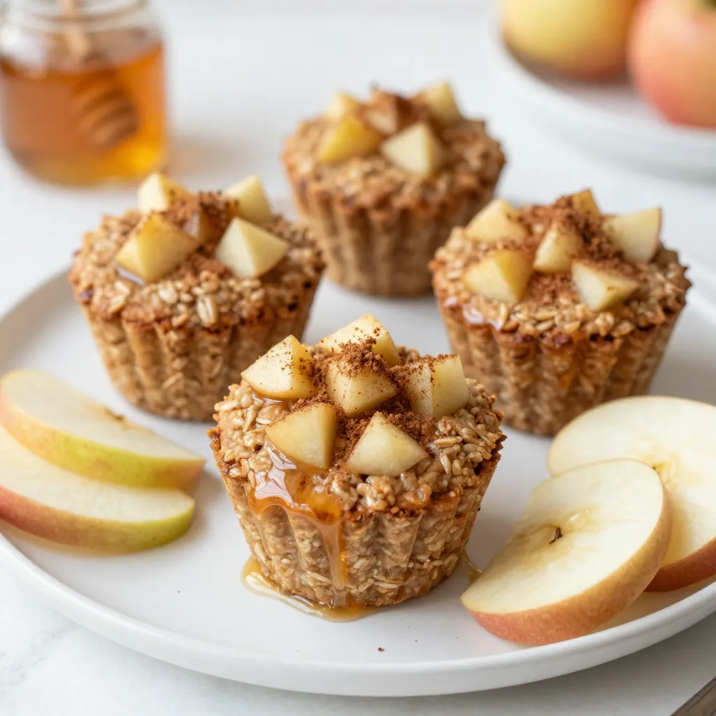 - 2 cups rolled oats - 1 cup almond milk (or any milk of choice) - 2 medium apples, peeled, cored, and diced - 1/4 cup honey or maple syrup - 1 teaspoon cinnamon - 1/2 teaspoon vanilla extract - 1/4 teaspoon nutmeg - 1/2 teaspoon baking powder - A pinch of salt - 1/4 cup chopped walnuts or pecans (optional) These ingredients create a base full of flavors and textures. The oats give a hearty feel and hold everything together. I love using almond milk, but you can use any milk you like. The apples add sweetness and a nice crunch. Honey or maple syrup serves as the sweetener, making these cups perfect for breakfast or a snack. The spices really make this dish shine. Cinnamon is a must for that warm, cozy flavor. A touch of nutmeg adds depth. Baking powder helps the cups rise and stay fluffy. Feel free to add walnuts or pecans for extra crunch. They bring a lovely contrast to the soft oatmeal. Each ingredient plays a role, ensuring every bite is delicious. {{ingredient_image_1}} 1. First, preheat your oven to 350°F (175°C). This helps the cups bake evenly. 2. Next, prepare your muffin tin. You can grease it lightly or use muffin liners. This keeps your cups from sticking. 3. In a medium bowl, mix the rolled oats, almond milk, diced apples, honey or maple syrup, cinnamon, vanilla extract, nutmeg, baking powder, and a pinch of salt. Stir until everything blends well. 4. If you want extra crunch, fold in the chopped walnuts or pecans at this stage. It adds great flavor too. 1. Now, spoon the oatmeal mixture into the muffin tin. Fill each cup about three-quarters full. This allows room for rising. 2. Bake your cups in the preheated oven for 20-25 minutes. Look for a golden brown top. You can check doneness with a toothpick. If it comes out clean, they're ready! 1. After baking, let your oatmeal cups cool in the tin for about five minutes. This makes them easier to remove. 2. Gently take them out and transfer to a wire rack. Let them cool completely there. 3. For serving, try drizzling warm cups with honey. A sprinkle of cinnamon on top makes them even better. You can add fresh apple slices on the side for a tasty breakfast or snack! To make your oatmeal cups just right, focus on texture first. Use rolled oats for a hearty bite. If you want a softer cup, add a bit more milk. This helps keep them moist. When mixing, make sure all ingredients blend well. You want an even mix of apples and spices. For flavor variations, try swapping apples for mashed bananas or berries. You can also use different spices. Try cardamom or ginger for a twist. If you like crunch, toss in some shredded coconut or seeds. These will add a fun texture and flavor. To store your oatmeal cups, let them cool completely first. Place them in an airtight container. They stay fresh in the fridge for up to five days. You can also freeze them for longer storage. Just wrap each cup in plastic wrap, then place them in a freezer bag. When you’re ready to eat, reheat them in the microwave. Heat for about 20-30 seconds. If you want them warm and crisp, pop them in the oven at 350°F for 10 minutes. This keeps the edges nice and crunchy. Enjoy your tasty snack anytime! Pro Tips Use Fresh Apples: For the best flavor and texture, choose firm, fresh apples like Honeycrisp or Granny Smith. Customize Your Sweetener: Adjust the sweetness by using less honey or maple syrup, or try adding a mashed banana for natural sweetness. Make Ahead: These oatmeal cups can be made ahead of time and stored in the fridge for up to a week, making them a perfect grab-and-go breakfast! Experiment with Spices: Feel free to add other spices like ginger or cardamom for a unique twist on the classic flavor. {{image_2}} If you want to skip nuts, you have great options. You can use seeds instead. Try pumpkin or sunflower seeds for crunch. These add protein without the nut allergy risk. You can also leave out nuts altogether. The oatmeal cups will still taste delicious! Making these oatmeal cups vegan is simple. Replace the honey with maple syrup for sweetness. Use almond milk or any plant-based milk. This way, you keep it fully vegan. You can also add a tablespoon of flaxseed meal for extra nutrition. This small change will give your cups a nice texture. You can switch up the apples for other fruits. Bananas work well too. Just mash them and mix into the batter. Berries like blueberries or raspberries add a burst of flavor. You can even mix different fruits. This adds fun and variety to your oatmeal cups! Each Apple Cinnamon Oatmeal Cup contains about 150 calories. They are packed with nutrients that help keep you full. Here are the key nutrients you get from each cup: - Fiber: Helps with digestion. - Protein: Supports muscle health. - Vitamins: Apples add vitamin C and antioxidants. - Healthy fats: Walnuts or pecans provide omega-3 fatty acids. Oats are a superfood. They are rich in fiber, which helps lower cholesterol. They also keep your heart healthy. Apples are low in calories and high in vitamins. They add natural sweetness and crunch. Using honey or maple syrup as sweeteners gives you a healthier option. They are natural, and they don't spike your blood sugar as much as refined sugar. This makes these oatmeal cups a great choice for a snack or breakfast. Enjoy these tasty cups knowing they are good for you! How long do Apple Cinnamon Oatmeal Cups last? Apple Cinnamon Oatmeal Cups last about five days in the fridge. Keep them in an airtight container. This helps maintain their freshness and flavor. If you want to enjoy them longer, freezing is a great option. Can I freeze the oatmeal cups? Yes, you can freeze these oatmeal cups! Let them cool completely first. Then, wrap each cup in plastic wrap or foil. Place them in a freezer-safe bag. They can last up to three months in the freezer. Just thaw them in the fridge before eating. What can I substitute for almond milk? You can use any milk you like. Regular cow’s milk works well. Oat milk, soy milk, or coconut milk are great dairy-free options. Just keep the same amount as the recipe calls for. Are these oatmeal cups gluten-free? Yes, they can be gluten-free! Just make sure to use gluten-free oats. Most rolled oats contain gluten, so check the label. With gluten-free oats, these cups are safe for those with gluten sensitivities. Enjoy them worry-free! This blog post guides you through making delicious Apple Cinnamon Oatmeal Cups. We covered the key ingredients, step-by-step instructions, and helpful tips to ensure your cups turn out perfect. Remember, you can adjust ingredients for a nut-free or vegan version. These oatmeal cups are healthy and easy to make. Enjoy experimenting with flavors and storage ideas. Try adding different fruits for a fun twist! Your oatmeal cups can be a delicious and nutritious treat any time.
