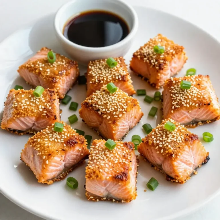 To make sesame crusted salmon bites, you will need: - 1 lb fresh salmon fillet, skin removed - 1/2 cup panko breadcrumbs - 1/4 cup sesame seeds (white and black for variety) - 2 tablespoons soy sauce (or tamari for gluten-free option) - 1 tablespoon honey - 1 tablespoon olive oil - 1 teaspoon garlic powder - 1 teaspoon ginger powder - Salt and pepper, to taste - Green onions, for garnish You can easily change these ingredients based on what you have. For a gluten-free option, use tamari instead of soy sauce. If you want a different flavor, try using maple syrup instead of honey. You can also swap out panko breadcrumbs for crushed nuts or cornflakes for extra crunch. Want more spice? Add a pinch of cayenne or chili powder to the coating mix. Using fresh salmon makes a big difference in taste. Fresh salmon has a firm texture and rich flavor. Look for bright, vibrant color and a clean sea smell. If it's dull or has a fishy smell, it’s not fresh. Fresh salmon enhances the overall taste of your dish. It pairs perfectly with the crunchy sesame coating and adds a delicious, healthy element to your meal. Always choose the best quality salmon for the best results. {{ingredient_image_1}} Start by preheating your oven to 425°F (220°C). Next, grab your fresh salmon fillet. Cut the salmon into bite-sized cubes, about 1 inch each. This size makes them easy to eat and cook evenly. Removing the skin helps the bites get crispy and tasty. In a medium bowl, mix the panko breadcrumbs and sesame seeds. I like to use both white and black seeds for color. Add garlic powder, ginger powder, salt, and pepper to the mix. In another small bowl, whisk together the soy sauce, honey, and olive oil. Dip each salmon cube into the soy sauce mixture. Make sure it coats well. Then roll each cube into the panko-sesame mix. Press gently to stick the coating on. Place the coated salmon bites on a lined baking sheet. Space them out so they cook evenly. Bake in the preheated oven for about 12-15 minutes. You want them to be golden brown and fully cooked. Once done, take them out and let them cool for a bit. Garnish with chopped green onions for a nice touch before serving. To get that perfect crunch, use panko breadcrumbs. They are lighter and airier than regular breadcrumbs. Mix these with white and black sesame seeds for extra texture. Press the salmon bites firmly into the coating. This helps it stick better when baking. You can boost the flavor in several ways. Try adding a splash of lemon juice to the soy sauce mix. This adds a fresh zing. For a kick, add a pinch of red pepper flakes. Fresh herbs like cilantro or basil can also brighten the dish. Experiment and find what you like best! One common mistake is overcrowding the baking sheet. Space the salmon bites apart. This allows hot air to circulate and keeps them crispy. Another mistake is not preheating the oven. Always make sure it’s hot before you bake. Finally, don’t skip the resting time after baking. Letting them cool slightly makes them easier to handle. Pro Tips Use Fresh Salmon: Ensure you use the freshest salmon possible for the best flavor and texture. Mix Up the Seeds: Experiment with different types of sesame seeds or even add other seeds like flax or chia for added nutrition. Watch the Baking Time: Keep an eye on the salmon bites towards the end of the baking time to prevent overcooking. Serve with Dipping Sauce: Pair these bites with a homemade dipping sauce like a spicy mayo or ponzu for an extra burst of flavor. {{image_2}} You can easily change the flavors of these salmon bites. For a spicy kick, add chili powder or red pepper flakes to the panko mix. If you love citrus, try mixing in some lemon or lime zest. This brightens the dish and adds freshness. You can also use orange juice in the soy sauce mix for a sweet twist. Don't be afraid to experiment with your favorite flavors! Switching up the coating can create new tastes. Instead of panko breadcrumbs, you can use crushed nuts. Almonds or cashews work well. They add crunch and a nutty taste. You can also try different seeds like pumpkin or sunflower seeds. They give a nice texture and a healthy boost. Mix in some spices to the coating for added flavor. These salmon bites are great for any occasion. Serve them as a fun appetizer at parties or gatherings. You can also make a meal by pairing them with rice or a fresh salad. For a nice dip, soy sauce is perfect, but you can also try a spicy mayo or a tangy yogurt dip. Garnishing with green onions not only looks good but also adds a fresh taste. You can store leftover sesame crusted salmon bites in the fridge. Place them in an airtight container. They will stay fresh for about 2-3 days. Make sure they cool down before sealing. This helps keep them crispy. To freeze these salmon bites, first let them cool completely. Place them in a single layer on a baking sheet. Freeze for about 1 hour until firm. Then, transfer them to a freezer bag. They can last for up to 2 months. Label the bag with the date for easy tracking. Reheat the salmon bites in the oven for the best results. Preheat your oven to 350°F (175°C). Place the bites on a baking sheet for about 10-12 minutes. This helps regain their crunch. You can also use an air fryer. Set it to 350°F (175°C) and cook for about 5-7 minutes. Avoid using the microwave, as it can make them soggy. Yes, you can make these bites ahead. Prepare the salmon bites up to the baking step. Place them on a baking sheet and cover them with plastic wrap. You can store them in the fridge for up to 24 hours. This way, they stay fresh and ready to bake. When you’re ready, just pop them in the oven. You can serve these salmon bites with many sides. Some great options include: - Steamed rice - Quinoa - Mixed green salad - Roasted vegetables These sides balance the flavors and make a complete meal. You can also serve a small bowl of soy sauce for dipping. It adds a nice touch! To check if the salmon is done, look for a few signs. The salmon should be opaque and flake easily with a fork. The inside should not be raw or too shiny. You can also use a meat thermometer. The safe internal temperature for salmon is 145°F (63°C). When you reach this temp, your salmon bites are ready to enjoy! In this blog post, we explored how to make delicious salmon bites. We covered key ingredients, cooking steps, and tips for perfect results. Fresh salmon is vital for taste and texture. Always coat your salmon well for that crunchy finish. You can try various flavors and coatings to keep things exciting. Don’t forget the storage tips to enjoy leftovers! Making these bites can be fun and easy. I hope you feel ready to cook and impress with your salmon bites. Enjoy the process and delight in the flavor!