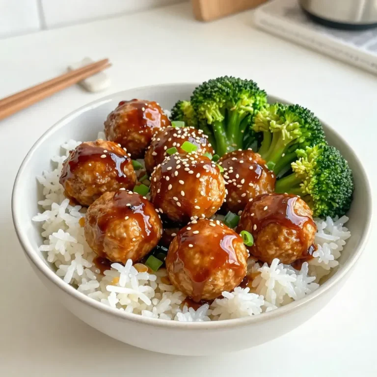 - 1 lb ground chicken - 1/4 cup breadcrumbs - 1/4 cup green onions, finely chopped - 1 tablespoon grated ginger - 2 cloves garlic, minced - 2 tablespoons soy sauce - 1 tablespoon sesame oil - 1 tablespoon brown sugar - 1 tablespoon cornstarch - 1/2 teaspoon black pepper For the meatballs, I use ground chicken. It is lean and cooks well. The breadcrumbs help bind the meatballs. Chopped green onions add a fresh taste. Fresh ginger and minced garlic give a nice kick. Soy sauce adds saltiness and depth. Sesame oil brings a nutty flavor. Brown sugar balances the salt with sweetness. Cornstarch keeps the meatballs moist and tender. Black pepper adds a subtle heat. - 1 cup broccoli florets - 1 cup jasmine rice - 1/4 cup teriyaki sauce - Sesame seeds for garnish - Additional green onions for garnish For serving, I love using broccoli florets. They add color and nutrition. Jasmine rice is the perfect base. It is fluffy and slightly sweet. Teriyaki sauce brings all the flavors together. Sesame seeds add a nice crunch. Extra green onions on top enhance the look and taste. {{ingredient_image_1}} To start, I grab a large bowl. I combine these ingredients: - 1 lb ground chicken - 1/4 cup breadcrumbs - 1/4 cup green onions, finely chopped - 1 tablespoon grated ginger - 2 cloves garlic, minced - 2 tablespoons soy sauce - 1 tablespoon sesame oil - 1 tablespoon brown sugar - 1 tablespoon cornstarch - 1/2 teaspoon black pepper I mix all the ingredients well until they blend. The mixture should feel sticky and hold together. Next, I form the mixture into small meatballs, about 1 inch in size. I place the meatballs on a baking sheet lined with parchment paper. Now, I preheat my oven to 400°F (200°C). This helps the meatballs cook evenly. I put the meatballs in the oven once it’s ready. I bake them for 18-20 minutes. I check them to ensure they are golden brown and fully cooked. While the meatballs bake, I prepare the jasmine rice. I follow the package instructions for perfect rice. In another pot, I steam the broccoli florets until they are tender, about 5 minutes. The bright green color makes the dish pop! Once everything is ready, I start assembling the bowls. I scoop 1 cup of jasmine rice into each bowl. Next, I add several baked meatballs on top of the rice. I then place the steamed broccoli beside the meatballs. I drizzle warm teriyaki sauce over the top. Finally, I garnish the bowls with sesame seeds and extra green onions for a fresh touch. Each bowl looks colorful and inviting! - Preventing meatballs from sticking: To stop meatballs from sticking, wet your hands with water. This way, the mixture won’t cling to your fingers. You can also use parchment paper on your baking sheet. - Ensuring even cooking: Make meatballs the same size. This helps them cook evenly. A one-inch diameter works well for quick cooking. Also, space them out on the baking sheet so hot air can circulate. - Cooking jasmine rice perfectly: Rinse jasmine rice under cold water before cooking. This removes excess starch and helps with fluffiness. Use a 1:1.5 rice-to-water ratio. Bring it to a boil, then cover and simmer until tender. - Flavoring options: To add flavor, cook the rice in chicken broth instead of water. You can also mix in a splash of soy sauce or a squeeze of lime juice for an extra kick. - Homemade vs. store-bought: Store-bought teriyaki sauce saves time. It’s convenient and tasty. However, homemade sauce can be fresher and tailored to your taste. Simply mix soy sauce, brown sugar, ginger, and garlic for a quick version. - Additional sauce options: Try adding chili paste for heat or honey for sweetness. You can mix in sesame oil to boost the nutty flavor. Feel free to experiment and find what you love! Pro Tips Use Fresh Ingredients: For the best flavor, use fresh ginger and garlic. They can significantly enhance the taste of the meatballs. Customize the Sauce: Feel free to make your own teriyaki sauce for a personal touch. You can adjust the sweetness or add spices as you prefer. Meatball Size Matters: Ensure all meatballs are uniform in size to promote even cooking. Aim for about 1 inch in diameter. Extra Veggies: Consider adding other vegetables like bell peppers or snap peas for added nutrition and color in your bowl. {{image_2}} You can swap out ground chicken for other proteins. Turkey works well too. If you want a plant-based option, use tofu. Just be sure to press and drain it first. For gluten-free diets, use gluten-free breadcrumbs. You can also find gluten-free soy sauce for the recipe. Adding spices or herbs can change the flavor of your meatballs. Try garlic powder or onion powder for extra taste. Fresh herbs like cilantro or basil can bring a fresh twist. You can also switch up the sauces. Instead of teriyaki, use sweet chili sauce or hoisin sauce. Each will give your dish a unique spin. Make your bowl special by adding different vegetables. Carrots, bell peppers, or snap peas work great. You can also top your bowl with sliced avocado or a sprinkle of crushed peanuts. For grains, jasmine rice is nice, but you could use brown rice or quinoa for a healthier option. Each choice adds new flavors and textures. To keep your Teriyaki Chicken Meatballs fresh, you need to store them right. First, let the meatballs and rice cool down. Then, place them in a sturdy container. Make sure to cover it tightly. You can keep cooked meatballs and rice in the fridge for up to three days. For the teriyaki sauce, store it in a separate container. It can last in the fridge for a week. If you use store-bought sauce, check the label for specific storage details. Homemade sauce should also go in an airtight container. When you are ready to eat leftovers, you have options. You can use either a microwave or an oven. If you choose the microwave, heat the meatballs for about 1-2 minutes. Stir halfway to ensure even heating. Using the oven is a good choice, too. Preheat it to 350°F (175°C). Place the meatballs on a baking sheet and heat for about 10 minutes. This method helps keep the texture nice. Always check if they are hot all the way through before serving. Freezing is great for long-term storage. To freeze meatballs, let them cool completely. Then, place them in a single layer on a baking sheet. Freeze until solid, then transfer them to a freezer-safe bag. This way, they won’t stick together. When you want to eat them, move the meatballs to the fridge to thaw overnight. For quick thawing, you can use the microwave on defrost. Once thawed, reheat as described before. Enjoy your tasty meal again! Yes, you can! To prep these meatballs ahead, mix the ingredients and form the meatballs. Then, place them on a baking sheet and cover with plastic wrap. You can store them in the fridge for up to 24 hours. If you want to freeze them, lay them on a baking sheet until firm. Then, transfer them to a freezer bag. They can last for up to three months. When you are ready to eat, just bake them straight from the freezer, adding a few extra minutes to the cooking time. Several side dishes go great with these meatball bowls. Here are some ideas: - Steamed vegetables like carrots or snap peas - A simple green salad with a light vinaigrette - Edamame sprinkled with sea salt - Sliced cucumbers with rice vinegar - Quick-pickled radishes for a tangy crunch These sides add color and balance to your meal. Making teriyaki sauce at home is simple. Here’s a quick recipe: - 1/4 cup soy sauce - 1/4 cup water - 2 tablespoons brown sugar - 1 tablespoon rice vinegar - 1 teaspoon cornstarch mixed with 1 tablespoon water In a small saucepan, mix the soy sauce, water, brown sugar, and rice vinegar. Heat over medium heat until warm. Add the cornstarch mix and stir until thickened. This sauce is a tasty addition to many dishes. Yes, they are great for meal prep! These meatballs are easy to store and reheat well. For nutrition, each meatball has protein from chicken and fiber from breadcrumbs. Pair with rice and veggies for a balanced meal. Store cooked meatballs in the fridge for up to four days. You can also freeze them, making them perfect for busy nights. Teriyaki chicken meatballs are simple and fun to make. We covered the key ingredients, step-by-step instructions, and helpful tips. You can customize your recipe to fit your taste. Whether you choose to serve them with jasmine rice or another grain, they are sure to please. Remember, you can make these meatballs ahead or freeze leftovers for later. Enjoy cooking and creating your version of this dish, and savor every bite!