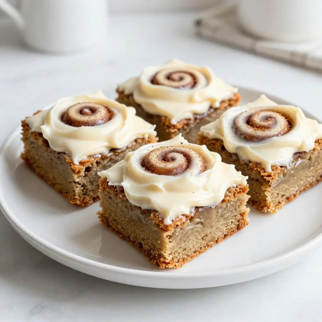 - 1 cup (2 sticks) unsalted butter, melted - 1 cup brown sugar, packed - 1/2 cup granulated sugar - 2 large eggs - 2 teaspoons vanilla extract - 2 cups all-purpose flour - 1 teaspoon baking powder - 1 teaspoon baking soda - 1/2 teaspoon salt - 2 teaspoons cinnamon - 1/4 cup granulated sugar - 1 tablespoon cinnamon - 4 oz cream cheese, softened - 1/4 cup unsalted butter, softened - 1 1/2 cups powdered sugar - 1 teaspoon vanilla extract - 1-2 tablespoons milk (for consistency) To make these blondies, you need simple ingredients. The base is rich and buttery. The blend of brown sugar and white sugar adds sweetness. Eggs make the mix fluffy, while vanilla gives a warm flavor. Flour, baking powder, and baking soda help the blondies rise. Salt and cinnamon enhance the taste. For the cinnamon swirl, mix granulated sugar and cinnamon. This adds a sweet and spicy layer. The cream cheese frosting is smooth and creamy. It brings everything together. Softened cream cheese and butter mix well. Add powdered sugar for sweetness. Vanilla adds flavor, and milk helps with the texture. Gather these ingredients, and you are ready to bake! {{ingredient_image_1}} First, preheat your oven to 350°F (175°C). Grease a 9x13 inch baking dish. You can also line it with parchment paper. This helps with easy removal later. In a large mixing bowl, combine 1 cup of melted unsalted butter, 1 cup of packed brown sugar, and 1/2 cup of granulated sugar. Mix until the mixture is smooth. In a separate bowl, whisk together 2 cups of all-purpose flour, 1 teaspoon of baking powder, 1 teaspoon of baking soda, 1/2 teaspoon of salt, and 2 teaspoons of cinnamon. For the cinnamon swirl, mix 1/4 cup of granulated sugar with 1 tablespoon of cinnamon in a small bowl. Pour half of the blondie batter into the prepared baking dish and spread it evenly. Sprinkle half of the cinnamon-sugar mixture on top. Pour the rest of the batter over it and sprinkle the remaining cinnamon-sugar on top. Use a knife or toothpick to gently swirl the batter. Bake the blondies in your preheated oven for 25-30 minutes. To check if they're done, insert a toothpick into the center. It should come out with a few moist crumbs, not wet batter. Let the blondies cool in the baking dish for 10-15 minutes. Then, transfer them to a wire rack to cool completely. For the cream cheese frosting, beat together 4 oz of softened cream cheese and 1/4 cup of softened butter until smooth. Gradually mix in 1 1/2 cups of powdered sugar and 1 teaspoon of vanilla extract. Adjust with 1-2 tablespoons of milk for the right consistency. Once the blondies are cool, spread the frosting on top. To get the best texture for your blondies, always measure your flour correctly. Too much flour can make them dry. Use the spoon and level method. Spoon flour into a measuring cup, then level it off with a knife. This helps keep your blondies soft. Mix the batter until just combined. A few lumps are fine. Overmixing can cause tough blondies. Store your cinnamon roll blondies in an airtight container. They stay fresh for about three days at room temperature. For longer storage, keep them in the fridge for up to a week. If you want to reheat, warm them gently in the microwave. Heat for about 10 to 15 seconds. This brings back the soft texture. You can also serve them cold if you prefer. If you want to switch up the frosting, try a vanilla glaze. Mix powdered sugar with a little milk and vanilla extract. Drizzle it over the blondies for a sweet touch. You can also use chocolate frosting for a fun twist. Creamy peanut butter frosting is another option. Just beat together peanut butter, sugar, and a bit of milk for a rich flavor. Pro Tips Use Room Temperature Ingredients: Ensure your eggs and cream cheese are at room temperature for a smoother batter and frosting. Don’t Overmix: When combining the wet and dry ingredients, mix just until incorporated to keep your blondies soft and chewy. Check for Doneness: Start checking your blondies a few minutes before the recommended baking time to prevent overbaking. Customize Your Frosting: Add a pinch of cinnamon or a splash of vanilla extract to the frosting for an extra flavor boost. {{image_2}} You can easily add nuts or chocolate chips to your blondies. Walnuts or pecans work well. Just fold in about 1 cup of your favorite nuts or chocolate chips into the batter before you bake. This adds a nice crunch and extra flavor. You can also mix different nuts for a fun twist. Your blondies will have a new texture and taste. If you want a gluten-free version, swap all-purpose flour for a gluten-free blend. Look for blends that contain xanthan gum, as this helps with texture. The rest of the recipe stays the same. Keep an eye on your blondies while baking. They may need a few extra minutes to set. You can change the flavor of the cream cheese frosting to match your taste. Try adding lemon juice or zest for a bright flavor. Or, mix in some cocoa powder for a chocolate frosting. You can also add maple syrup for a warm, sweet twist. Adjust the powdered sugar for the right consistency. Enjoy your unique frosting! To keep your cinnamon roll blondies fresh, let them cool down fully. Once cooled, cut them into squares. Place the squares in an airtight container. Use parchment paper between layers to prevent sticking. Store them at room temperature for best taste. You can freeze these blondies for later. Wrap each square in plastic wrap. Then, place them in a freezer bag to protect from air. They can last up to three months in the freezer. When you’re ready to enjoy them, thaw them in the fridge overnight. If stored properly, cinnamon roll blondies last about 4 to 5 days at room temperature. In the fridge, they keep fresh for about a week. For the best taste, eat them within a few days. The flavors stay rich and delightful this way. You can boost the flavor by adding more cinnamon or vanilla. Try mixing in a pinch of nutmeg for warmth. Chopped nuts or chocolate chips can also add a nice crunch. For a fun twist, add a splash of maple syrup to the batter. This will give it a rich, sweet taste. Yes, you can! All-purpose flour works best, but you can try whole wheat flour for extra fiber. If you want a gluten-free version, use a gluten-free all-purpose blend. Just make sure it has a binding agent like xanthan gum. If you need a substitute, try mascarpone cheese or Greek yogurt for a creamy texture. For a dairy-free option, use vegan cream cheese. You can also make a simple buttercream with just butter, powdered sugar, and a splash of milk. To check for doneness, insert a toothpick into the center. If it comes out with a few moist crumbs, your blondies are ready. If the toothpick has wet batter, bake them a little longer. Keep an eye on them to avoid overbaking. Cinnamon Roll Blondies combine rich flavors and textures that everyone loves. We've covered the right ingredients, step-by-step instructions, helpful tips, and delicious variations. Storing them properly keeps them fresh for longer. Whether you enjoy classic blondies or mix in your favorites, the options are endless. Making these treats is easy, and they will impress your friends and family. Enjoy baking, and make every bite count.