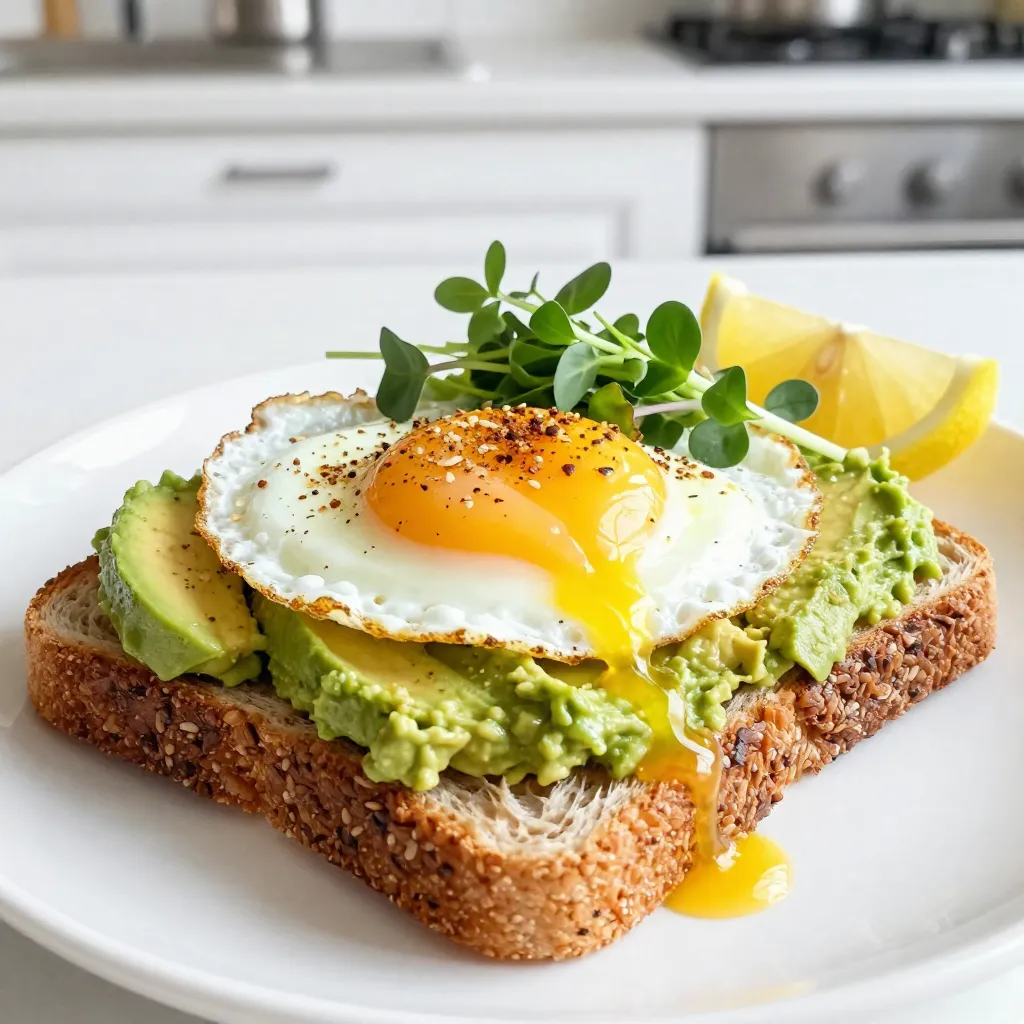 To make Avocado Egg Toast with Everything Spice, you need a few simple items. Here’s the list: - Slices of whole grain bread - Ripe avocado - Large eggs - Olive oil - Everything Bagel seasoning - Salt and pepper - Fresh microgreens or arugula (optional) - Lemon wedge (optional) Each ingredient plays a role in making this dish great. Whole grain bread gives a nice crunch. A ripe avocado adds creaminess. Large eggs provide protein and richness. Olive oil adds flavor and helps cook the eggs just right. The Everything Bagel seasoning brings all the flavors together. A pinch of salt and pepper enhances the taste. Fresh microgreens or arugula add a pop of color and extra nutrients. Lastly, a squeeze of lemon brightens up the dish. This combination creates a tasty and nutritious meal. It’s perfect for breakfast or any time you want something quick and delicious. {{ingredient_image_1}} Toast your slices of whole grain bread until golden and crispy. You can use a toaster or a skillet for this task. A toaster is quick and easy. A skillet gives a great golden crust. Aim for a nice crunch without burning. This crispiness makes your toast a perfect base. Cut the ripe avocado in half and remove the pit. Scoop the flesh into a bowl. Use a fork to mash the avocado until creamy. Leave some small chunks for added texture. Season with salt, pepper, and a squeeze of lemon juice. This seasoning boosts the flavor and keeps the color bright. In a non-stick skillet, heat the olive oil over medium heat. Crack the eggs into the skillet. Cook until the whites are set, but the yolks remain runny for sunny-side-up eggs. This takes about 2-3 minutes. If you prefer cooked yolks, gently flip the eggs and cook for another minute. Spread a generous layer of mashed avocado on each piece of toasted bread. Carefully place a cooked egg on top. Make sure to have a good amount of avocado for flavor and creaminess. The egg should sit nicely on the avocado, creating a great look and taste. Sprinkle Everything Bagel seasoning over the eggs for extra flavor. This mix adds a nice crunch and taste. If you like, add fresh microgreens or arugula on top for a pop of color. These greens add freshness and a little extra nutrition. Enjoy your Avocado Egg Toast with Everything Spice! - Selecting the right avocado for mashing: Choose a ripe avocado. It should yield slightly when you press it. Avoid hard avocados. They will not mash well. Look for smooth skin without dark spots. - Tips to prevent browning: To keep your avocado green, use lemon juice. This helps slow down oxidation. Store any leftover avocado tightly wrapped in plastic. You can also place it in an airtight container. - Different cooking styles for eggs: You can fry or poach your eggs. For fried eggs, cook them sunny-side up for a runny yolk. If you like them cooked more, flip them over for a minute. For poached eggs, crack them into simmering water. - How to tell when eggs are done: For sunny-side-up eggs, the whites should be set, but the yolk should jiggle. If you prefer a firmer yolk, cook for an extra minute after flipping. Poached eggs should have firm whites but a soft center. - Alternative seasonings and toppings: Try adding chili flakes or smoked paprika for a kick. You can also top with diced tomatoes or pickled onions. - Adding a spicy kick with condiments: Sriracha or hot sauce adds heat. You can also drizzle a bit of spicy olive oil on top for extra flavor. Pro Tips Perfect Avocado: Make sure your avocado is perfectly ripe for the best flavor and creaminess. It should yield slightly to gentle pressure when squeezed. Egg Cooking Method: For perfectly runny yolks, keep an eye on the eggs and adjust cooking time accordingly. If you prefer a firmer yolk, flip the egg as described. Seasoning Variations: Don't hesitate to experiment with different seasonings on your avocado, such as smoked paprika or red pepper flakes, for a unique twist. Toast Texture: For extra crunch, consider brushing the bread with olive oil and toasting it in a skillet or under the broiler for a minute or two. {{image_2}} You can change your bread for this recipe. Whole grain is great, but there are other options. For a gluten-free choice, try gluten-free bread. It tastes good and keeps the meal light. Sourdough adds a tangy flavor, while rye gives it a hearty touch. Each type brings a unique taste to your avocado egg toast. If you want to switch things up, consider adding ingredients like feta cheese or fresh tomatoes. Feta adds a salty kick, while tomatoes bring a juicy burst. You can also swap the avocado for spreads like hummus or labneh. Both provide a creamy base and enhance the flavor of your toast. Eggs can change the whole dish. Instead of fried eggs, you can use scrambled eggs. They mix well with the avocado. For a lighter option, poached eggs are a great fit. Poached eggs have a soft texture and provide a rich yolk that blends nicely with the other flavors. To keep your avocado egg toast fresh, store the bread and avocado mix separately. Place the toasted bread in an airtight container. It will stay fresh for up to two days. For the avocado, use a small bowl, cover it tightly with plastic wrap, and press the wrap down onto the surface. This method helps prevent browning. You can store the avocado this way for one day. Cooked eggs can also last in the fridge for up to four days. Just place them in a sealed container. To enjoy your toast later, reheat the bread in a toaster or oven. This method helps bring back its crispiness. Avoid the microwave, as it can make the bread soggy. For the eggs, you can re-cook them gently in a non-stick skillet over low heat. This way, you heat them without overcooking. Keep an eye on them to keep the yolks runny if that’s how you like them. Yes, you can. Many seasonings work well here. Try garlic powder, smoked paprika, or chili flakes. You can also mix salt with sesame seeds for a simple, tasty option. Each choice adds a unique flavor to your toast. Whole grain bread is a great choice. It has fiber and nutrients. You can also use sourdough for a tangy flavor. If you need gluten-free, look for gluten-free whole grain breads. They add texture and taste without gluten. You can prep parts of this meal ahead. Make the avocado mix and store it in the fridge. Toast the bread right before serving. This keeps it crisp. Cook the eggs fresh for the best taste and texture. To keep your avocado fresh, use lemon juice. It slows browning. Store it in an airtight container. If you leave the pit in the leftover avocado, it can help too. Avoid cutting it until you are ready to use it. This blog post detailed the steps to create a delicious avocado egg toast. We covered each ingredient, from whole grain bread to fresh microgreens. I shared tips on perfecting the avocado and cooking eggs just right. You learned about variations and storage options to keep your meal fresh. Enjoying this dish can be easy and fun. With the right ingredients and techniques, you can make a delightful meal any time. Try these tips and enjoy your own perfect avocado egg toast!