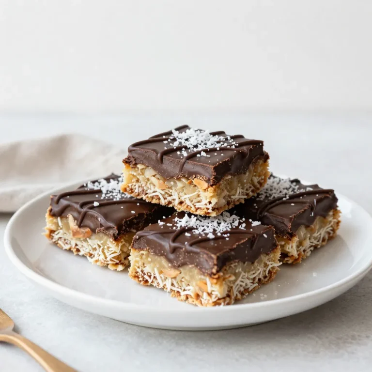 To make these tasty chocolate drizzled coconut bars, gather these ingredients: - 2 cups shredded unsweetened coconut - 1 cup almond flour - 1/4 cup maple syrup - 1/4 cup coconut oil, melted - 1 teaspoon vanilla extract - 1/4 teaspoon sea salt - 1/2 cup dark chocolate chips (dairy-free if desired) - 1 tablespoon coconut oil (for drizzling) You can swap some ingredients for different flavors or needs: - Use sweetened coconut if you like a sweeter taste. - Substitute regular flour for almond flour if you prefer. - Swap maple syrup with honey or agave syrup. - Use coconut butter instead of coconut oil for more flavor. - For a nut-free option, use sunflower seed flour instead of almond flour. Each serving of these bars has great taste and decent nutrition: - Calories: 180 - Protein: 2g - Carbohydrates: 14g - Fats: 15g - Fiber: 3g - Sugar: 4g These bars are rich in healthy fats, thanks to coconut and almond flour. Enjoy them as a treat that also gives you energy! {{ingredient_image_1}} Start by preheating your oven to 350°F (175°C). This heat helps the bars cook evenly. Line an 8x8 inch baking pan with parchment paper. Leave some paper hanging over the edges. This makes it easy to lift the bars out later. In a large mixing bowl, add 2 cups of shredded unsweetened coconut. Next, add 1 cup of almond flour. Pour in 1/4 cup of maple syrup and 1/4 cup of melted coconut oil. Then, add 1 teaspoon of vanilla extract and 1/4 teaspoon of sea salt. Mix everything well until it holds together. Now, press this mixture into the lined baking pan. Make sure it's even and compact. This step is key for holding the bars together. Time to bake! Place the pan in the preheated oven. Bake for 20 to 25 minutes. Look for a lightly golden top. This shows they are done. Once baked, remove the pan from the oven. Let the bars cool completely in the pan. When cool, lift the bars out using the parchment paper. Place them on a cutting board. Cut them into your desired shapes. To drizzle chocolate, first, grab a microwave-safe bowl. Add 1/2 cup of dark chocolate chips and 1 tablespoon of coconut oil. Microwave in 30-second bursts. Stir between each burst until smooth. Now, use a fork or a piping bag to drizzle the melted chocolate over the bars. Be creative! Let the chocolate set for about an hour at room temperature. You can also place the bars in the fridge to speed up this process. To get the best texture in your chocolate drizzled coconut bars, I have a few tips: - Use unsweetened shredded coconut for a chewy bite. - Almond flour gives a nice crumbly texture. - Press the mixture firmly into the pan. This keeps it compact. - Make sure the bars cool fully before cutting. This helps them hold their shape. Many home cooks make simple mistakes. Here are some to watch out for: - Don’t skip the parchment paper. This helps with easy removal. - Overbaking can make the bars dry. Keep an eye on them. - Using sweetened coconut can make the bars too sweet. Stick to unsweetened. - Forgetting to let the chocolate cool can lead to messy drizzles. Serving your bars can be fun! Here are some ideas: - Place them on a decorative plate for a nice touch. - Sprinkle extra shredded coconut on top for flair. - Serve with fresh berries for a pop of color. - Pair with a scoop of dairy-free ice cream for a treat. - Cut into smaller pieces for bite-sized snacks! Pro Tips Use Fresh Coconut: For an intense coconut flavor, consider using fresh coconut instead of shredded coconut from a package. Chill Before Cutting: Refrigerate the bars for a bit longer after drizzling with chocolate to make cutting easier and neater. Experiment with Sweeteners: Feel free to swap out maple syrup for honey or agave syrup, depending on your taste preferences and dietary needs. Customize the Toppings: Add nuts, dried fruit, or seeds on top of the chocolate drizzle for an extra crunch and flavor boost. {{image_2}} You can mix in different flavors to change your coconut bars. Try adding 1/2 cup of chopped nuts for a crunchy bite. You can also stir in 1/2 teaspoon of almond extract for a nutty twist. If you love tropical flavors, add 1/4 cup of chopped dried pineapple or mango. This gives a fun, fruity taste to your bars. Feeling adventurous? Swirl in some peanut butter or almond butter for a nutty flavor that pairs well with chocolate. If you need keto options, swap the maple syrup for a keto-friendly sweetener like erythritol. Use coconut flour instead of almond flour for a lower carb count. For vegan bars, ensure your dark chocolate is dairy-free. You can also use agave syrup instead of maple syrup. Both options keep the bars delicious while fitting your diet. Seasons offer fun ways to change your bars. In summer, add fresh berries like raspberries or strawberries for a burst of flavor. These fruits add a nice color and freshness. In fall, try adding a pinch of cinnamon or nutmeg for a warm spice flavor. You can also sprinkle in chopped apples for a sweet crunch. In winter, use peppermint extract or crushed candy canes to create festive bars perfect for the holidays. These seasonal ideas make the bars fun and exciting all year round! Store your leftover chocolate drizzled coconut bars in an airtight container. Keep them at room temperature for up to five days. If you want them to last longer, place them in the fridge. They will stay fresh there for about a week. Make sure to separate layers with parchment paper, so they do not stick together. To freeze the bars, first cut them into pieces. Wrap each piece in plastic wrap. Then, place them in a freezer-safe bag or container. They can last up to three months in the freezer. When you're ready to eat them, move them to the fridge to thaw overnight. You can also leave them out at room temp for a few hours. If you prefer warm bars, you can reheat them. Place a bar on a microwave-safe plate. Heat it for 10 to 15 seconds. Check if it's warm enough. You don’t want to overheat and melt the chocolate too much. Enjoy them warm for a cozy treat! Yes, you can use sweetened coconut. This will add extra sweetness to your bars. If you like a sweeter treat, sweetened coconut is a great choice. Just remember that it can change the flavor and texture a bit. You might want to cut back on the maple syrup if you use sweetened coconut. These bars can last up to a week when stored properly. Keep them in an airtight container at room temperature. If you want them to last longer, store them in the fridge. They can stay fresh for about two weeks in the fridge. Just make sure to let them come to room temperature before eating. Absolutely! White chocolate works well for drizzling. It adds a nice contrast to the coconut flavor. Just melt it the same way as the dark chocolate. Use the same amount of white chocolate and coconut oil for a smooth drizzle. To cut the bars neatly, use a sharp knife. Make sure the bars are completely cool before cutting. This helps prevent them from crumbling. If you want clean lines, you can warm the knife slightly. Just dip it in hot water, then dry it off before cutting. To wrap up, we explored all you need for perfect Chocolate Drizzled Coconut Bars. I shared essential ingredients, clear steps, and clever tips to enhance your batch. Remember to try different flavors and adapt to any diet. Always store leftovers properly or freeze them for later. By knowing these aspects, you can avoid common mistakes and impress your friends. Enjoy baking and have fun with this delightful treat!