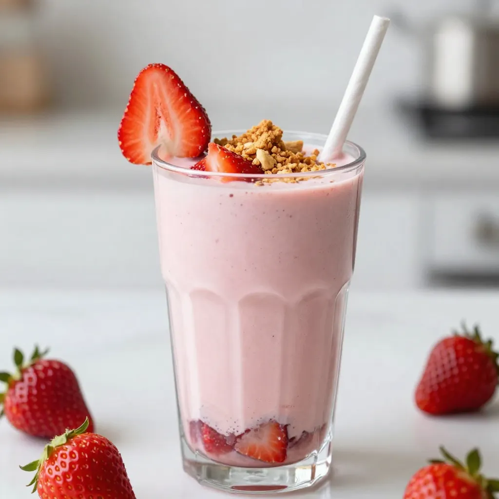 - 1 cup fresh strawberries, hulled - 1/2 cup cream cheese, softened - 1/2 cup Greek yogurt - 1/4 cup almond milk (or any milk of choice) - 2 tablespoons honey or maple syrup - 1/2 teaspoon vanilla extract - 1/4 cup crushed graham crackers (plus extra for garnish) - Ice cubes (optional, for thickness) These ingredients form the heart of your smoothie. Fresh strawberries give a sweet and tangy flavor. Cream cheese adds a rich, creamy texture. Greek yogurt boosts the protein and makes it thick. Almond milk helps blend everything smoothly. Honey or maple syrup sweetens without overpowering. Vanilla extract adds a warm, inviting note. Crushed graham crackers make each sip taste like cheesecake. If you want a colder drink, ice cubes help. With these simple ingredients, you can create a delicious treat! {{ingredient_image_1}} First, gather your ingredients. In a blender, combine: - 1 cup fresh strawberries, hulled - 1/2 cup cream cheese, softened - 1/2 cup Greek yogurt - 1/4 cup almond milk (or any milk of choice) - 2 tablespoons honey or maple syrup - 1/2 teaspoon vanilla extract Blend these ingredients on high until the mixture is smooth and creamy. This step is key for that rich cheesecake flavor. If you want a thicker smoothie, add a few ice cubes. Blend again until it reaches your preferred thickness. The ice adds a nice chill and makes it refreshing. Once your smoothie is creamy, add 1/4 cup of crushed graham crackers. Pulse briefly to mix. This adds texture and that classic cheesecake crunch. Now you have a delicious strawberry cheesecake smoothie that’s ready to enjoy! To make your smoothie sweeter, you have options. You can add more honey or maple syrup. Just mix it in and taste until it's right. If you want less sweetness, cut back on these ingredients. You can also use ripe strawberries for natural sweetness. They add flavor without extra sugar. For a smooth, creamy texture, start with softened cream cheese and Greek yogurt. Blend well until everything is mixed. If you want it thicker, add ice cubes. Blend again until it reaches the texture you like. You can also try using full-fat yogurt for an even creamier result. Serving matters, so make it look great! Use tall glasses to show off the pretty color. Add a slice of fresh strawberry on the rim for a fun touch. Finally, sprinkle some crushed graham crackers on top. This adds crunch and looks nice too. A well-presented smoothie makes it even more enjoyable! Pro Tips Use Frozen Strawberries: For an extra chilled smoothie and a thicker texture, substitute fresh strawberries with frozen ones. Experiment with Sweeteners: Try using agave nectar or coconut sugar instead of honey or maple syrup for a different flavor profile. Adjust Creaminess: If you prefer a creamier smoothie, increase the amount of cream cheese or Greek yogurt to suit your taste. Garnish Creatively: Besides crushed graham crackers, consider adding a drizzle of chocolate or fresh mint leaves for a pop of color and flavor. {{image_2}} You can easily make this smoothie lactose-free. Just swap cream cheese and Greek yogurt for dairy-free options. Use coconut cream and almond yogurt for a rich texture. If you're vegan, maple syrup is a great sweetener. Want to mix it up? Add bananas or blueberries for a fruity twist. You can also try a splash of orange juice for a citrus kick. Experiment with different flavorings like cinnamon or nutmeg for warmth. If you want more protein, add a scoop of your favorite protein powder. You can also toss in some chia seeds or flaxseeds for extra fiber. These small changes make your smoothie more filling and nutritious. You can keep your strawberry cheesecake smoothie in the fridge for up to two days. Store it in a sealed container to prevent it from absorbing other flavors. When you’re ready to drink it, just give it a good shake or stir. The smoothie may separate a little, but that's normal. If you want to save some for later, freezing is a great option. Pour the smoothie into ice cube trays or sealed bags. This way, you can enjoy small portions whenever you want. Just make sure to leave some space in the container. The smoothie will expand when it freezes. To thaw your smoothie, place it in the fridge overnight. This keeps it at a safe temperature. If you need it fast, you can microwave it for a short time. Start with 15 seconds, then check and stir. Avoid heating it too long, as it may change the texture. Enjoy your delicious smoothie at the perfect temperature! Yes, you can use frozen strawberries. They make the smoothie cold and thick. However, they may change the flavor slightly. Fresh strawberries taste brighter and sweeter. Frozen ones can be less sweet. I suggest tasting your smoothie after blending. You can add more sweetener if needed. Absolutely! Adding veggies can boost nutrition. Spinach is a great option. It blends well and has a mild taste. You could also try kale or avocado. They add creaminess without strong flavors. Just a handful is enough to start. You can increase the amount as you get used to it. To add caffeine, try using coffee or matcha. Brew a cup of coffee and cool it down. Use it instead of almond milk for a coffee flavor. For matcha, mix a teaspoon with a bit of water. Then blend it in with your other ingredients. Both options add energy and flavor. This blog post explored how to create a tasty smoothie with fresh strawberries and other ingredients. We covered step-by-step instructions, helpful tips, and variations for dietary needs. You can adjust sweetness and texture easily. This smoothie is both fun to make and nutritious. Experiment with different flavors and toppings to make it your own. Store it well to enjoy later. Make this smoothie a regular part of your routine for a delightful treat!