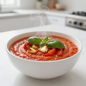 - 6 ripe tomatoes, halved - 1 head of garlic - 1 medium onion, chopped - Fresh basil leaves - 3 tablespoons olive oil - 1 teaspoon dried basil - 1 teaspoon sugar - 2 cups vegetable broth - 1 cup heavy cream (or coconut cream for a dairy-free option) - Salt and pepper to taste I love using fresh ingredients for this roasted garlic tomato bisque. Ripe tomatoes bring a sweet, rich flavor. They are perfect for creating a base that is bright and savory. Garlic adds depth. Roasting it makes it sweet and smooth. A medium onion is key for its sweet, soft taste after sautéing. Fresh basil leaves are a must for garnish. They add a fresh, fragrant note to the dish. In my pantry, I always keep olive oil on hand. It helps to bring flavors together. Dried basil adds a nice touch when roasting the tomatoes. A little sugar balances the acidity of the tomatoes. Vegetable broth is essential. It gives the soup a rich, warm base. For creaminess, I use heavy cream or coconut cream. This choice makes the bisque rich and smooth. Finally, salt and pepper enhance all these flavors. They are simple but important. Together, these ingredients create a comforting bowl of roasted garlic tomato bisque. {{ingredient_image_1}} 1. Preheat the oven Set your oven to 400°F (200°C). This heat helps the tomatoes and garlic roast well. 2. Prepare tomatoes and garlic for roasting Cut the six ripe tomatoes in half. Place them cut side up on a baking sheet. Drizzle with 2 tablespoons of olive oil. Sprinkle salt, pepper, and 1 teaspoon of dried basil over them. Now, take the head of garlic, cut off the top, and drizzle it with a bit of olive oil too. Wrap it in aluminum foil. Place it on the same baking sheet with the tomatoes. 1. Sauté the onion While the tomatoes and garlic roast, heat 1 tablespoon of olive oil in a large pot over medium heat. Add the chopped onion and cook until it turns soft and translucent, which takes about 5 minutes. 2. Combine roasted ingredients with broth Once the tomatoes and garlic finish roasting (after about 25-30 minutes), add them to the pot. Squeeze the roasted garlic cloves into the pot. Pour in 2 cups of vegetable broth and 1 teaspoon of sugar. Bring the mixture to a simmer. Let it cook for about 10 minutes to blend the flavors. 3. Puree the soup Use an immersion blender to puree the soup until it’s smooth. If you don't have one, you can carefully transfer the mixture to a blender in batches. 1. Add cream and season Stir in 1 cup of heavy cream or coconut cream. Heat the soup through. Taste it, then add salt and pepper to your liking. 2. Serve and garnish Serve the soup hot. Top it with fresh basil leaves for a nice touch. Enjoy your delicious roasted garlic tomato bisque! Choosing the right tomatoes When picking tomatoes, choose ripe ones. Look for tomatoes that feel heavy for their size. They should also have a bright color. Roma or vine-ripened tomatoes work best. These kinds are sweet and juicy. They give your bisque a rich flavor. Timing for optimal caramelization Roasting time is key. You want to roast the tomatoes for 25-30 minutes. This allows them to soften and get golden brown. The natural sugars in the tomatoes will caramelize. This adds depth to your soup. Keep an eye on them. The goal is tender and slightly charred, not burnt. Using an immersion blender vs. traditional blender An immersion blender is great for this soup. It lets you blend right in the pot. This saves time and cuts down on dishes. Just be careful to blend until smooth. A traditional blender works too. If using one, let the soup cool a bit first. Always blend in small batches. This helps avoid spills or splashes. Adding spices or additional herbs To boost the flavor, add spices. A pinch of red pepper flakes adds heat. You might also try smoked paprika for a smoky taste. Fresh or dried herbs can elevate the taste. Thyme or oregano can pair well with the bisque. Experiment and find what you enjoy most. Pro Tips Choosing Tomatoes: Use ripe, in-season tomatoes for the best flavor. Heirloom varieties can add a unique taste to your bisque. Roasting Garlic: Roasting garlic enhances its sweetness. Be careful not to burn it; wrap it well in foil to retain moisture. Blending Options: For a super smooth texture, blend the soup in batches in a high-speed blender instead of using an immersion blender. Garnish Ideas: Besides fresh basil, try adding a drizzle of balsamic glaze or a sprinkle of croutons for added texture and flavor. {{image_2}} You can make this soup dairy-free by using coconut cream. Coconut cream adds a rich, creamy texture without dairy. To use it, simply replace the heavy cream with one cup of coconut cream. This change keeps the soup smooth and delicious. Plus, it adds a hint of sweetness that pairs well with the roasted garlic and tomatoes. You can boost the nutrition by adding more veggies. Try mixing in chopped carrots or bell peppers. Carrots add natural sweetness, while bell peppers give a nice crunch. Simply chop these veggies and sauté them with the onion at the start. This extra step makes the soup even heartier and colorful. If you love heat, add some chili or cayenne pepper. Start with a pinch and taste as you go. This will give your bisque a nice kick. You can add the spice while the soup simmers. It will blend well with the other flavors. Just remember, a little goes a long way! To store leftover bisque, let it cool first. Pour it into an airtight container. Make sure to seal it tightly. Place it in the fridge. It will stay fresh for about 3 to 4 days. When you want to eat it, just reheat it on the stove. Stir it well to make sure it heats evenly. If you want to save some for later, freezing is a great option. First, let the bisque cool completely. Then, pour it into a freezer-safe container. Leave some space at the top for expansion. You can also use freezer bags for easy storage. When you're ready to eat, thaw it in the fridge overnight. Reheat it gently on the stove, stirring often to keep it smooth. Roasted garlic tomato bisque can last in the fridge for up to 4 days. If frozen, it can stay good for about 3 months. Just remember, the longer it sits, the more flavor may fade. Always check for any signs of spoilage before enjoying it. Making Roasted Garlic Tomato Bisque is quick and easy. The total time is about 55 minutes. Here’s how the time breaks down: - Preparation Time: 10 minutes - Cooking Time: 25-30 minutes for roasting - Simmering and Blending Time: About 10 minutes You can enjoy this warm and creamy soup in less than an hour. Yes, you can use canned tomatoes. Canned tomatoes save time and effort. They also provide a consistent flavor. However, the fresh tomatoes give a brighter taste and better texture. Canned tomatoes often have added salt, so adjust your seasoning. Look for whole canned tomatoes for the best results. You can crush them by hand for a rustic feel. This bisque pairs well with many sides. Here are some tasty options: - Grilled Cheese Sandwich: A classic pairing that never fails. - Crusty Bread: Perfect for dipping into the creamy soup. - Salad: A light salad with greens adds a fresh touch. - Herbed Croutons: Crunchy croutons add texture and flavor. Feel free to mix and match these sides to enhance your meal! This blog post showed you how to make a delicious Roasted Garlic Tomato Bisque. We covered fresh ingredients like ripe tomatoes and garlic, along with pantry items such as olive oil and cream. You learned step-by-step instructions from roasting to serving. Remember, you can try variations like coconut cream for a dairy-free option or add extra veggies. Lastly, store leftovers properly for the best taste. Enjoy this warm, comforting soup with your favorite sides. Making it will impress your family and friends!