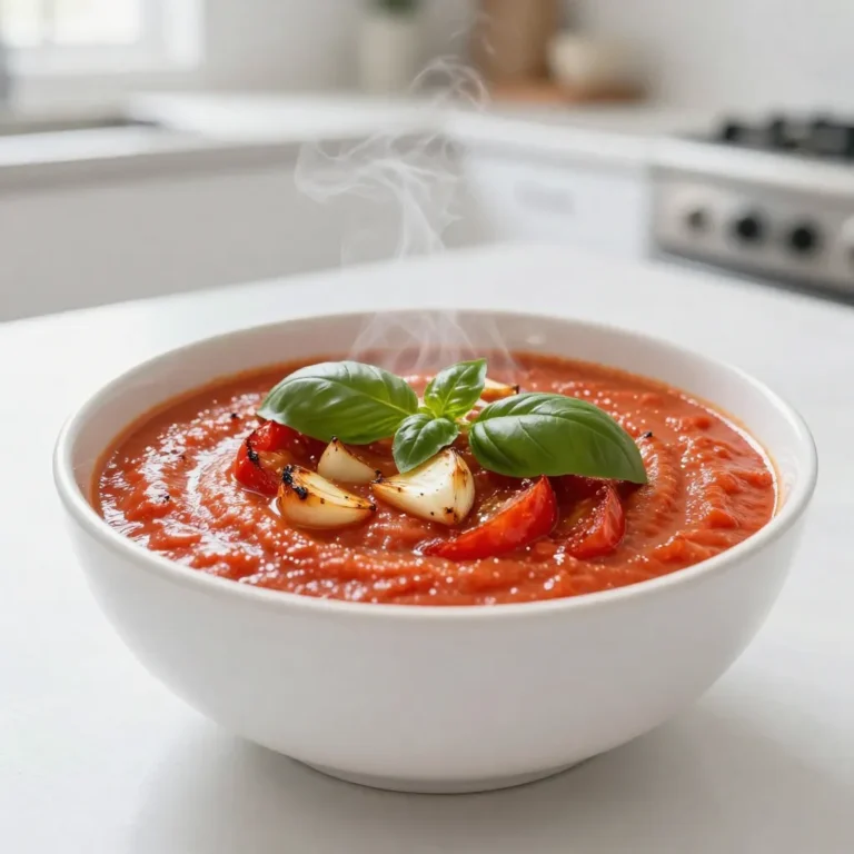 - 6 ripe tomatoes, halved - 1 head of garlic - 1 medium onion, chopped - Fresh basil leaves - 3 tablespoons olive oil - 1 teaspoon dried basil - 1 teaspoon sugar - 2 cups vegetable broth - 1 cup heavy cream (or coconut cream for a dairy-free option) - Salt and pepper to taste I love using fresh ingredients for this roasted garlic tomato bisque. Ripe tomatoes bring a sweet, rich flavor. They are perfect for creating a base that is bright and savory. Garlic adds depth. Roasting it makes it sweet and smooth. A medium onion is key for its sweet, soft taste after sautéing. Fresh basil leaves are a must for garnish. They add a fresh, fragrant note to the dish. In my pantry, I always keep olive oil on hand. It helps to bring flavors together. Dried basil adds a nice touch when roasting the tomatoes. A little sugar balances the acidity of the tomatoes. Vegetable broth is essential. It gives the soup a rich, warm base. For creaminess, I use heavy cream or coconut cream. This choice makes the bisque rich and smooth. Finally, salt and pepper enhance all these flavors. They are simple but important. Together, these ingredients create a comforting bowl of roasted garlic tomato bisque. {{ingredient_image_1}} 1. Preheat the oven Set your oven to 400°F (200°C). This heat helps the tomatoes and garlic roast well. 2. Prepare tomatoes and garlic for roasting Cut the six ripe tomatoes in half. Place them cut side up on a baking sheet. Drizzle with 2 tablespoons of olive oil. Sprinkle salt, pepper, and 1 teaspoon of dried basil over them. Now, take the head of garlic, cut off the top, and drizzle it with a bit of olive oil too. Wrap it in aluminum foil. Place it on the same baking sheet with the tomatoes. 1. Sauté the onion While the tomatoes and garlic roast, heat 1 tablespoon of olive oil in a large pot over medium heat. Add the chopped onion and cook until it turns soft and translucent, which takes about 5 minutes. 2. Combine roasted ingredients with broth Once the tomatoes and garlic finish roasting (after about 25-30 minutes), add them to the pot. Squeeze the roasted garlic cloves into the pot. Pour in 2 cups of vegetable broth and 1 teaspoon of sugar. Bring the mixture to a simmer. Let it cook for about 10 minutes to blend the flavors. 3. Puree the soup Use an immersion blender to puree the soup until it’s smooth. If you don't have one, you can carefully transfer the mixture to a blender in batches. 1. Add cream and season Stir in 1 cup of heavy cream or coconut cream. Heat the soup through. Taste it, then add salt and pepper to your liking. 2. Serve and garnish Serve the soup hot. Top it with fresh basil leaves for a nice touch. Enjoy your delicious roasted garlic tomato bisque! Choosing the right tomatoes When picking tomatoes, choose ripe ones. Look for tomatoes that feel heavy for their size. They should also have a bright color. Roma or vine-ripened tomatoes work best. These kinds are sweet and juicy. They give your bisque a rich flavor. Timing for optimal caramelization Roasting time is key. You want to roast the tomatoes for 25-30 minutes. This allows them to soften and get golden brown. The natural sugars in the tomatoes will caramelize. This adds depth to your soup. Keep an eye on them. The goal is tender and slightly charred, not burnt. Using an immersion blender vs. traditional blender An immersion blender is great for this soup. It lets you blend right in the pot. This saves time and cuts down on dishes. Just be careful to blend until smooth. A traditional blender works too. If using one, let the soup cool a bit first. Always blend in small batches. This helps avoid spills or splashes. Adding spices or additional herbs To boost the flavor, add spices. A pinch of red pepper flakes adds heat. You might also try smoked paprika for a smoky taste. Fresh or dried herbs can elevate the taste. Thyme or oregano can pair well with the bisque. Experiment and find what you enjoy most. Pro Tips Choosing Tomatoes: Use ripe, in-season tomatoes for the best flavor. Heirloom varieties can add a unique taste to your bisque. Roasting Garlic: Roasting garlic enhances its sweetness. Be careful not to burn it; wrap it well in foil to retain moisture. Blending Options: For a super smooth texture, blend the soup in batches in a high-speed blender instead of using an immersion blender. Garnish Ideas: Besides fresh basil, try adding a drizzle of balsamic glaze or a sprinkle of croutons for added texture and flavor. {{image_2}} You can make this soup dairy-free by using coconut cream. Coconut cream adds a rich, creamy texture without dairy. To use it, simply replace the heavy cream with one cup of coconut cream. This change keeps the soup smooth and delicious. Plus, it adds a hint of sweetness that pairs well with the roasted garlic and tomatoes. You can boost the nutrition by adding more veggies. Try mixing in chopped carrots or bell peppers. Carrots add natural sweetness, while bell peppers give a nice crunch. Simply chop these veggies and sauté them with the onion at the start. This extra step makes the soup even heartier and colorful. If you love heat, add some chili or cayenne pepper. Start with a pinch and taste as you go. This will give your bisque a nice kick. You can add the spice while the soup simmers. It will blend well with the other flavors. Just remember, a little goes a long way! To store leftover bisque, let it cool first. Pour it into an airtight container. Make sure to seal it tightly. Place it in the fridge. It will stay fresh for about 3 to 4 days. When you want to eat it, just reheat it on the stove. Stir it well to make sure it heats evenly. If you want to save some for later, freezing is a great option. First, let the bisque cool completely. Then, pour it into a freezer-safe container. Leave some space at the top for expansion. You can also use freezer bags for easy storage. When you're ready to eat, thaw it in the fridge overnight. Reheat it gently on the stove, stirring often to keep it smooth. Roasted garlic tomato bisque can last in the fridge for up to 4 days. If frozen, it can stay good for about 3 months. Just remember, the longer it sits, the more flavor may fade. Always check for any signs of spoilage before enjoying it. Making Roasted Garlic Tomato Bisque is quick and easy. The total time is about 55 minutes. Here’s how the time breaks down: - Preparation Time: 10 minutes - Cooking Time: 25-30 minutes for roasting - Simmering and Blending Time: About 10 minutes You can enjoy this warm and creamy soup in less than an hour. Yes, you can use canned tomatoes. Canned tomatoes save time and effort. They also provide a consistent flavor. However, the fresh tomatoes give a brighter taste and better texture. Canned tomatoes often have added salt, so adjust your seasoning. Look for whole canned tomatoes for the best results. You can crush them by hand for a rustic feel. This bisque pairs well with many sides. Here are some tasty options: - Grilled Cheese Sandwich: A classic pairing that never fails. - Crusty Bread: Perfect for dipping into the creamy soup. - Salad: A light salad with greens adds a fresh touch. - Herbed Croutons: Crunchy croutons add texture and flavor. Feel free to mix and match these sides to enhance your meal! This blog post showed you how to make a delicious Roasted Garlic Tomato Bisque. We covered fresh ingredients like ripe tomatoes and garlic, along with pantry items such as olive oil and cream. You learned step-by-step instructions from roasting to serving. Remember, you can try variations like coconut cream for a dairy-free option or add extra veggies. Lastly, store leftovers properly for the best taste. Enjoy this warm, comforting soup with your favorite sides. Making it will impress your family and friends!