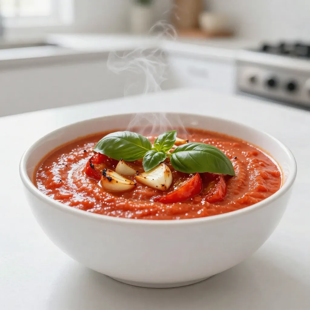 - 6 ripe tomatoes, halved - 1 head of garlic - 1 medium onion, chopped - Fresh basil leaves - 3 tablespoons olive oil - 1 teaspoon dried basil - 1 teaspoon sugar - 2 cups vegetable broth - 1 cup heavy cream (or coconut cream for a dairy-free option) - Salt and pepper to taste I love using fresh ingredients for this roasted garlic tomato bisque. Ripe tomatoes bring a sweet, rich flavor. They are perfect for creating a base that is bright and savory. Garlic adds depth. Roasting it makes it sweet and smooth. A medium onion is key for its sweet, soft taste after sautéing. Fresh basil leaves are a must for garnish. They add a fresh, fragrant note to the dish. In my pantry, I always keep olive oil on hand. It helps to bring flavors together. Dried basil adds a nice touch when roasting the tomatoes. A little sugar balances the acidity of the tomatoes. Vegetable broth is essential. It gives the soup a rich, warm base. For creaminess, I use heavy cream or coconut cream. This choice makes the bisque rich and smooth. Finally, salt and pepper enhance all these flavors. They are simple but important. Together, these ingredients create a comforting bowl of roasted garlic tomato bisque. {{ingredient_image_1}} 1. Preheat the oven Set your oven to 400°F (200°C). This heat helps the tomatoes and garlic roast well. 2. Prepare tomatoes and garlic for roasting Cut the six ripe tomatoes in half. Place them cut side up on a baking sheet. Drizzle with 2 tablespoons of olive oil. Sprinkle salt, pepper, and 1 teaspoon of dried basil over them. Now, take the head of garlic, cut off the top, and drizzle it with a bit of olive oil too. Wrap it in aluminum foil. Place it on the same baking sheet with the tomatoes. 1. Sauté the onion While the tomatoes and garlic roast, heat 1 tablespoon of olive oil in a large pot over medium heat. Add the chopped onion and cook until it turns soft and translucent, which takes about 5 minutes. 2. Combine roasted ingredients with broth Once the tomatoes and garlic finish roasting (after about 25-30 minutes), add them to the pot. Squeeze the roasted garlic cloves into the pot. Pour in 2 cups of vegetable broth and 1 teaspoon of sugar. Bring the mixture to a simmer. Let it cook for about 10 minutes to blend the flavors. 3. Puree the soup Use an immersion blender to puree the soup until it’s smooth. If you don't have one, you can carefully transfer the mixture to a blender in batches. 1. Add cream and season Stir in 1 cup of heavy cream or coconut cream. Heat the soup through. Taste it, then add salt and pepper to your liking. 2. Serve and garnish Serve the soup hot. Top it with fresh basil leaves for a nice touch. Enjoy your delicious roasted garlic tomato bisque! Choosing the right tomatoes When picking tomatoes, choose ripe ones. Look for tomatoes that feel heavy for their size. They should also have a bright color. Roma or vine-ripened tomatoes work best. These kinds are sweet and juicy. They give your bisque a rich flavor. Timing for optimal caramelization Roasting time is key. You want to roast the tomatoes for 25-30 minutes. This allows them to soften and get golden brown. The natural sugars in the tomatoes will caramelize. This adds depth to your soup. Keep an eye on them. The goal is tender and slightly charred, not burnt. Using an immersion blender vs. traditional blender An immersion blender is great for this soup. It lets you blend right in the pot. This saves time and cuts down on dishes. Just be careful to blend until smooth. A traditional blender works too. If using one, let the soup cool a bit first. Always blend in small batches. This helps avoid spills or splashes. Adding spices or additional herbs To boost the flavor, add spices. A pinch of red pepper flakes adds heat. You might also try smoked paprika for a smoky taste. Fresh or dried herbs can elevate the taste. Thyme or oregano can pair well with the bisque. Experiment and find what you enjoy most. Pro Tips Choosing Tomatoes: Use ripe, in-season tomatoes for the best flavor. Heirloom varieties can add a unique taste to your bisque. Roasting Garlic: Roasting garlic enhances its sweetness. Be careful not to burn it; wrap it well in foil to retain moisture. Blending Options: For a super smooth texture, blend the soup in batches in a high-speed blender instead of using an immersion blender. Garnish Ideas: Besides fresh basil, try adding a drizzle of balsamic glaze or a sprinkle of croutons for added texture and flavor. {{image_2}} You can make this soup dairy-free by using coconut cream. Coconut cream adds a rich, creamy texture without dairy. To use it, simply replace the heavy cream with one cup of coconut cream. This change keeps the soup smooth and delicious. Plus, it adds a hint of sweetness that pairs well with the roasted garlic and tomatoes. You can boost the nutrition by adding more veggies. Try mixing in chopped carrots or bell peppers. Carrots add natural sweetness, while bell peppers give a nice crunch. Simply chop these veggies and sauté them with the onion at the start. This extra step makes the soup even heartier and colorful. If you love heat, add some chili or cayenne pepper. Start with a pinch and taste as you go. This will give your bisque a nice kick. You can add the spice while the soup simmers. It will blend well with the other flavors. Just remember, a little goes a long way! To store leftover bisque, let it cool first. Pour it into an airtight container. Make sure to seal it tightly. Place it in the fridge. It will stay fresh for about 3 to 4 days. When you want to eat it, just reheat it on the stove. Stir it well to make sure it heats evenly. If you want to save some for later, freezing is a great option. First, let the bisque cool completely. Then, pour it into a freezer-safe container. Leave some space at the top for expansion. You can also use freezer bags for easy storage. When you're ready to eat, thaw it in the fridge overnight. Reheat it gently on the stove, stirring often to keep it smooth. Roasted garlic tomato bisque can last in the fridge for up to 4 days. If frozen, it can stay good for about 3 months. Just remember, the longer it sits, the more flavor may fade. Always check for any signs of spoilage before enjoying it. Making Roasted Garlic Tomato Bisque is quick and easy. The total time is about 55 minutes. Here’s how the time breaks down: - Preparation Time: 10 minutes - Cooking Time: 25-30 minutes for roasting - Simmering and Blending Time: About 10 minutes You can enjoy this warm and creamy soup in less than an hour. Yes, you can use canned tomatoes. Canned tomatoes save time and effort. They also provide a consistent flavor. However, the fresh tomatoes give a brighter taste and better texture. Canned tomatoes often have added salt, so adjust your seasoning. Look for whole canned tomatoes for the best results. You can crush them by hand for a rustic feel. This bisque pairs well with many sides. Here are some tasty options: - Grilled Cheese Sandwich: A classic pairing that never fails. - Crusty Bread: Perfect for dipping into the creamy soup. - Salad: A light salad with greens adds a fresh touch. - Herbed Croutons: Crunchy croutons add texture and flavor. Feel free to mix and match these sides to enhance your meal! This blog post showed you how to make a delicious Roasted Garlic Tomato Bisque. We covered fresh ingredients like ripe tomatoes and garlic, along with pantry items such as olive oil and cream. You learned step-by-step instructions from roasting to serving. Remember, you can try variations like coconut cream for a dairy-free option or add extra veggies. Lastly, store leftovers properly for the best taste. Enjoy this warm, comforting soup with your favorite sides. Making it will impress your family and friends!