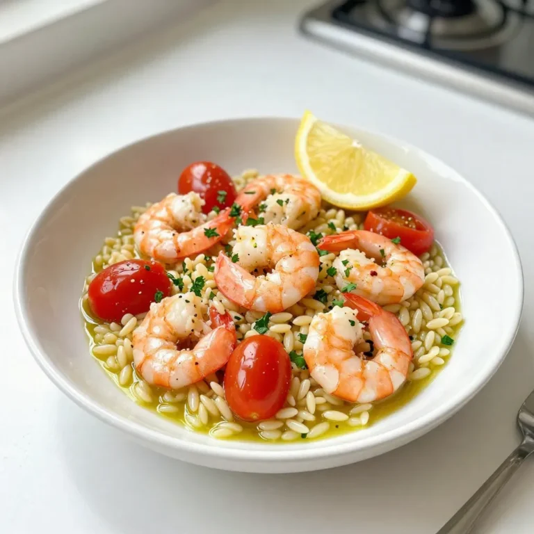 - 1 cup orzo pasta - 1 pound shrimp, peeled and deveined - 3 tablespoons olive oil - 4 cloves garlic, minced - Zest of 1 lemon I love using orzo pasta because it cooks quickly and has a fun shape. Shrimp adds a nice protein boost and a touch of the sea. Olive oil brings richness, while garlic gives a wonderful aroma. The lemon zest brightens the dish, making everything taste fresh. - 1/2 cup cherry tomatoes, halved - 1/4 cup fresh parsley, chopped - 1/4 teaspoon red pepper flakes - 1/4 cup grated Parmesan cheese Cherry tomatoes add color and sweetness. Fresh parsley not only looks good but also gives a fresh flavor. If you like heat, red pepper flakes are a great touch. Parmesan cheese adds creaminess and depth, but it's optional. - Salt and pepper to taste - 1/2 cup vegetable broth Salt and pepper are key for enhancing all the flavors. Vegetable broth adds extra moisture and a savory taste to the dish. This simple mix helps the shrimp and orzo shine. {{ingredient_image_1}} First, fill a medium pot with water and add salt. Bring it to a boil. Add 1 cup of orzo pasta once the water is boiling. Cook the orzo for about 8-10 minutes until it's al dente. This means it should be firm but not hard. After cooking, drain the orzo in a colander. Reserve a bit of the pasta water for later use. This water can help adjust the dish’s texture. In a large skillet, heat 2 tablespoons of olive oil over medium heat. Once the oil is hot, add 4 cloves of minced garlic. If you like a bit of heat, add 1/4 teaspoon of red pepper flakes. Stir the garlic for about 30 seconds until it smells great. Next, add 1 pound of peeled and deveined shrimp to the skillet. Season with salt and pepper. Cook the shrimp for 2-3 minutes on each side until they turn pink and opaque. When done, remove the shrimp from the skillet and set them aside. In the same skillet, add 1/2 cup of halved cherry tomatoes and the zest of 1 lemon. Cook this mix for about 2 minutes until the tomatoes soften. Then, pour in 1/2 cup of vegetable broth and 2 tablespoons of fresh lemon juice. Bring this mixture to a simmer. Let it cook for 2-3 minutes to let the flavors blend nicely. Now, stir in the cooked orzo, adding a splash of the reserved pasta water if needed. Gently fold in the cooked shrimp and 1/4 cup of chopped fresh parsley. Mix everything well to combine all the tasty ingredients. To make your Lemon Garlic Orzo with Shrimp shine, focus on the seasonings. Taste as you go. If you want more zing, add extra lemon juice or zest. Fresh ingredients also make a big difference. Use ripe cherry tomatoes and fresh parsley for the best flavor. Cooking shrimp perfectly is easy when you keep an eye on them. Cook them just until they turn pink. This usually takes about 2-3 minutes on each side. If you cook them too long, they get tough. When cooking orzo, follow the package directions carefully. Drain it right when it reaches al dente. If you overcook it, the orzo will be mushy. Save a little pasta water for moisture later. It helps combine everything nicely. For serving, use shallow bowls to show off your dish. Top it with extra parsley and a lemon wedge. This adds color and makes it inviting. You can also sprinkle some grated Parmesan on top for a rich finish. Beautiful dishware makes your meal feel special. Pro Tips Fresh Shrimp: Always use fresh or high-quality frozen shrimp for the best flavor and texture. Cooking Orzo: Be careful not to overcook the orzo; it should be al dente to maintain a nice bite. Add More Veggies: Feel free to add other vegetables, like spinach or bell peppers, for extra nutrition and color. Flavor Boost: For an extra zing, consider adding a splash of white wine along with the vegetable broth. {{image_2}} You can easily boost the nutrition of this dish. Adding spinach or kale gives a nice color and healthy green flavor. Just toss in a handful when you add the shrimp back into the mix. They’ll wilt quickly and add great taste. You can also use different types of tomatoes. Grape or heirloom tomatoes work well. Their natural sweetness enhances the dish. If you want to switch things up, try using chicken or scallops instead of shrimp. For chicken, cut it into bite-sized pieces and cook it until golden. Scallops will cook fast, so watch them closely. If you prefer a vegetarian option, use chickpeas. They add protein and a hearty texture. Just mix them in when you combine everything. Experiment with herbs and spices to find your favorite flavor. Fresh basil or thyme can add a lovely twist. You can also try different citrus fruits. Lime or orange can brighten the dish in a new way. Just swap them in for lemon juice or zest. Each choice will bring a unique taste to your orzo! To keep your Lemon Garlic Orzo with Shrimp fresh, store leftovers in an airtight container. Let the dish cool down before sealing it. This helps prevent moisture build-up. I recommend using glass containers, as they do not absorb odors. You can also use plastic containers if they are BPA-free. In the fridge, your dish will stay good for up to three days. If you want to save some for later, freezing is a great option. First, let the orzo and shrimp cool completely. Then, place it in a freezer-safe container. Make sure to leave some space at the top for expansion. You can also use freezer bags for easy storage. To reheat, let it thaw overnight in the fridge. When you're ready, heat it in a skillet over medium heat. Add a splash of broth or water to keep it moist. In the fridge, Lemon Garlic Orzo with Shrimp lasts about three days. If you freeze it, it will stay good for up to three months. Make sure to label your containers with the date. This way, you know when to enjoy your tasty dish! The total prep and cook time is just 30 minutes. You spend about 10 minutes getting everything ready. Cooking the orzo and shrimp takes the remaining 20 minutes. This quick time makes it perfect for busy nights. Yes, you can prep some parts in advance. Cook the orzo and shrimp, then store them separately. You can mix them with the sauce just before serving. This helps keep everything fresh and tasty. If you want to save time, chop the garlic and parsley ahead too. No, traditional orzo is not gluten-free. It is made from wheat. However, there are gluten-free orzo options made from rice or corn. You can also use quinoa or rice as a substitute. Both will still taste great with the lemon and shrimp. This blog post covered how to make a delicious Lemon Garlic Orzo with Shrimp. We explored the main and optional ingredients, like orzo, shrimp, and fresh herbs. I shared step-by-step instructions from cooking orzo to combining flavors. Key tips ensure perfect texture and taste, while variations add flexibility. Lastly, I detailed storage methods for leftovers. Enjoy creating your version of this dish, making it your own with fresh ingredients and flavors. Cooking should be fun, so keep experimenting!
