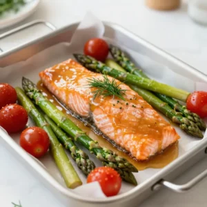 - 4 salmon fillets - 1/4 cup honey - 1/4 cup Dijon mustard - 2 tablespoons olive oil - 2 cloves garlic, minced The salmon fillets are the star of this dish. They are rich in omega-3 fatty acids and provide a tasty, flaky texture. Honey and Dijon mustard create a sweet and tangy glaze. Olive oil adds a nice depth of flavor and helps the salmon cook evenly. Minced garlic gives it that aromatic kick that makes your mouth water. - 1 pound asparagus, trimmed - 1 cup cherry tomatoes, halved Asparagus brings a crisp texture and vibrant color. It pairs perfectly with salmon. Cherry tomatoes add a burst of sweetness and juiciness. Together, these veggies make your plate look beautiful and balanced. - Salt and pepper - 1 lemon, zested and juiced - Fresh dill or parsley for garnish Salt and pepper enhance all the flavors in your dish. Lemon zest and juice add brightness and freshness. Fresh dill or parsley makes a lovely garnish that also boosts flavor. Use these to elevate your meal from simple to stunning. {{ingredient_image_1}} Preheat the Oven Start by preheating your oven to 400°F (200°C). This helps the salmon cook evenly and perfectly. Prepare the Honey Mustard Mixture In a small bowl, mix together the honey, Dijon mustard, olive oil, minced garlic, lemon zest, and lemon juice. Stir until it is well combined. This mixture will give your salmon a sweet and tangy flavor. Seasoning the Salmon Next, take your salmon fillets and place them on a large sheet pan lined with parchment paper. Season each fillet with salt and pepper. This enhances the flavor of the fish and adds a nice touch. Adding Vegetables Now, arrange the trimmed asparagus and halved cherry tomatoes around the salmon. Drizzle the remaining honey mustard mixture over the vegetables. This will infuse them with great flavor as they cook. Baking Time and Temperature Place the sheet pan in the preheated oven. Bake for about 15-20 minutes. The honey mustard will caramelize, making everything extra tasty. Checking for Doneness To check if the salmon is done, use a fork to see if it flakes easily. The asparagus should be tender as well. If it’s not ready, give it a few extra minutes. You want a perfectly cooked, flaky salmon. How do I identify fresh salmon? Fresh salmon has bright, shiny skin. It should smell like the sea, not fishy. The flesh should be firm and bounce back when you touch it. Look for salmon with clear, bright eyes and no browning on the edges. What is the ideal cooking temperature? Cook salmon to an internal temperature of 145°F (63°C). Use a meat thermometer for accuracy. The salmon should flake easily with a fork. This ensures it is moist and safe to eat. How do I adjust honey and mustard ratios? You can change the honey and mustard amounts to fit your taste. For a sweeter dish, add more honey. For a tangier flavor, increase the mustard. Start with equal parts and adjust as you like. How can I use fresh herbs? Fresh herbs can boost the taste of your dish. Dill pairs well with salmon. Parsley adds a fresh touch. Chop them finely and sprinkle on top before serving. This adds color and flavor. What sides pair well with honey mustard salmon? Serve with roasted potatoes or a fresh salad. Quinoa or rice also make great sides. They balance the meal and add texture. What are some plate presentation tips? Make your dish look nice by arranging salmon and vegetables neatly. Use colorful veggies for a bright plate. Garnish with herbs and lemon slices. This makes your meal feel special and inviting. Pro Tips Choose Fresh Salmon: Always opt for fresh, high-quality salmon fillets for the best flavor and texture. Look for fillets with vibrant color and a clean smell. Marinate for Extra Flavor: If time allows, marinate the salmon in the honey mustard mixture for 30 minutes to 1 hour before baking to enhance the flavors. Vegetable Variations: Feel free to swap out asparagus and cherry tomatoes with other seasonal vegetables such as bell peppers or zucchini for a different taste. Rest Before Serving: Let the salmon rest for a couple of minutes after baking. This allows the juices to redistribute, ensuring a moist and tender dish. {{image_2}} Swapping Salmon for Other Fish You can swap salmon for other fish like tilapia or cod. These fish cook similarly and absorb flavors well. An important tip: adjust baking time based on thickness. Thinner fillets may need less time in the oven. Using Chicken as an Alternative Chicken works great too! Use boneless chicken breasts for a tasty twist. Make sure to cut them to the same size as the salmon. This way, everything cooks evenly. Chicken takes a bit longer, about 25-30 minutes. Always check that it reaches 165°F for safety. Seasonal Vegetable Choices Feel free to change up the vegetables! Broccoli and bell peppers are excellent choices. They add nice color and crunch. In winter, try Brussels sprouts or carrots for a hearty touch. Seasonal veggies keep the dish fresh and exciting. Adding Other Ingredients You can also add other ingredients like zucchini or sweet potatoes. These add flavor and nutrients. Just cut them into even pieces to ensure they cook well. Mixing in a variety of colors makes the dish more appealing. Different Mustard Types While Dijon mustard is great, you can try whole grain or honey mustard. Each type brings a unique taste. Whole grain adds texture, while honey mustard gives extra sweetness. Adjust the honey based on your mustard choice. Experimenting with Other Glazes You can also play with different glazes. Try a teriyaki or barbecue sauce for a fun twist. Each sauce changes the flavor profile. It’s a great way to keep your meals interesting and flavorful. For storing leftovers, let the dish cool down first. Place salmon and veggies in an airtight container. This keeps them fresh and safe. In the fridge, it lasts about 3 days. If you want to enjoy it later, follow these tips. You can freeze the dish if you want to save it longer. Wrap the salmon and veggies tightly in plastic wrap. Then, place them in a freezer-safe bag. It can last up to 2 months in the freezer. When you’re ready to eat, take it out and thaw it in the fridge overnight. To reheat, place it in the oven at 350°F (175°C) for about 15 minutes. This warms it up nicely without drying it out. Prepping in advance makes life easier. You can mix the honey mustard sauce ahead of time and store it in the fridge. Chop the veggies and keep them in a separate container. Use clear glass or plastic containers for easy viewing. When you’re ready to cook, just grab everything and assemble. This makes weeknight dinners quick and fun! Baking salmon takes about 15-20 minutes at 400°F (200°C). The time may vary based on your oven's heat. To tell if the salmon is done, check for flakiness. Use a fork to gently press on the fish. If it flakes easily, it’s ready. The internal temperature should reach 145°F (63°C) for safety. Yes, you can use regular mustard, but it changes the flavor. Dijon adds a nice tang and richness. Regular mustard is spicier and less complex. If you want to replace Dijon, try mixing yellow mustard with a bit of honey. This can mimic the sweet and tangy taste you get from Dijon. Great sides include roasted vegetables, rice, or a fresh salad. Asparagus and cherry tomatoes pair nicely with the salmon. Complementary flavors include lemon, garlic, and fresh herbs. Adding a side of couscous or quinoa also enhances the meal’s texture and taste. You now have the tools to make honey mustard salmon and fresh veggies. We discussed key ingredients like salmon, honey, and asparagus. I shared step-by-step instructions to ensure a perfect dish. We also covered tips for flavor and storage. Try different proteins and veggies to keep it fun. This meal is healthy, tasty, and easy. Enjoy cooking your delicious salmon dish!