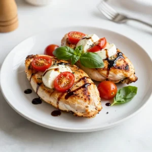 - 4 boneless, skinless chicken breasts - 1 cup fresh mozzarella cheese, diced - 1 cup cherry tomatoes, halved - ¼ cup fresh basil leaves, chopped - 2 tablespoons balsamic vinegar - 1 tablespoon olive oil - 2 cloves garlic, minced - Salt and pepper to taste - 1 teaspoon Italian seasoning - ½ teaspoon red pepper flakes - Fresh basil leaves for garnish The main ingredients are simple. You need chicken breasts that are boneless and skinless. This helps them cook evenly and stay juicy. Fresh mozzarella cheese brings a creamy texture, while cherry tomatoes add a sweet burst of flavor. Chopped basil leaves provide a fresh, aromatic touch. For seasonings, balsamic vinegar adds tanginess. Olive oil keeps everything moist. Garlic gives a rich flavor, while Italian seasoning adds depth. Salt and pepper enhance all the tastes. If you like a little heat, red pepper flakes are a great choice. You can also garnish your dish. Extra fresh basil leaves on top create a lovely look. These ingredients come together to make a dish that is both colorful and tasty. Enjoy the blend of fresh flavors in every bite! {{ingredient_image_1}} - Preheat your oven to 375°F (190°C). This ensures even cooking. - Gather all your ingredients. You need chicken breasts, mozzarella, tomatoes, basil, and more. - Use a sharp knife to make pockets in the chicken breasts. Slice each one horizontally but do not cut all the way through. - In a bowl, combine the diced mozzarella, halved cherry tomatoes, chopped basil, balsamic vinegar, and minced garlic. Add a pinch of salt and pepper. - Mix until everything is well combined. This will be your delicious stuffing. - Fill each chicken breast with this mixture. Make sure to pack it in gently. - If needed, use toothpicks to secure the opening of each chicken breast. This helps keep the stuffing inside. - In a skillet over medium-high heat, add olive oil. Once hot, sear the stuffed chicken breasts for about 3-4 minutes on each side. Look for a golden brown color. - Transfer the seared chicken to a baking dish. Cover it with aluminum foil. - Bake in the preheated oven for 25-30 minutes. Check that the internal temperature reaches 165°F (74°C). - For a crispy top, remove the foil during the last 5 minutes of baking. - Let the chicken rest for a few minutes before removing the toothpicks. Slice to reveal the beautiful stuffing inside. To ensure your chicken is cooked through, use a meat thermometer. The chicken must reach 165°F (74°C) inside. This will keep it juicy and safe to eat. When searing, heat your skillet until it’s hot. This step gives the chicken a nice golden crust. Sear each side for about 3-4 minutes. Do not overcrowd the pan; cook in batches if needed. Want to boost the flavor? Add more herbs like oregano or thyme. Fresh herbs bring great taste. You can also mix in some spinach or bell peppers for extra veggies. If you love cheese, try adding ricotta or parmesan. These choices will make the stuffing richer and creamier. For a beautiful plate, garnish with fresh basil leaves. A drizzle of balsamic vinegar adds shine and flavor. Serve the chicken on a colorful platter. Pair it with a side of salad or garlic bread. This makes for a full, lovely meal that looks as good as it tastes. Pro Tips Use Fresh Ingredients: Always opt for fresh mozzarella, ripe cherry tomatoes, and vibrant basil to enhance the flavor of your Caprese stuffed chicken. Perfectly Cooked Chicken: Ensure your chicken breasts are of uniform thickness to guarantee even cooking throughout. Consider using a meat mallet for this. Rest the Chicken: Allow the chicken to rest for a few minutes after baking. This helps the juices redistribute, making for a juicier bite. Flavor Variations: Experiment with different fillings such as sun-dried tomatoes or pesto to put a unique spin on this classic dish. {{image_2}} You can change some ingredients to fit your taste. Try using different cheeses. Goat cheese or feta can add a nice twist. If you want to skip tomatoes, consider using roasted red peppers. They bring a sweet flavor. Herbs can also change the dish. Instead of basil, try using parsley or oregano. Each herb gives a new taste to the chicken. Experimenting with these swaps can make each meal unique. If you follow a low-carb or keto diet, this recipe is easy to adapt. Simply use less balsamic vinegar and skip the tomatoes. You can add spinach for color and flavor without the carbs. For a vegetarian option, you can replace the chicken with thick slices of eggplant. Stuff it with the same mozzarella and tomatoes. It’s a great way to enjoy the flavors without meat. This dish is inspired by Italian cooking, but it can blend with other cultures too. Add some sun-dried tomatoes for a richer flavor. You can also sprinkle some Italian sausage into the stuffing for a hearty bite. If you want a fusion idea, why not add some Asian flavors? Use soy sauce and ginger in the stuffing. This gives the dish a fun twist that surprises your taste buds. The options are endless! To store your Caprese stuffed chicken breast, let it cool first. Then, place it in an airtight container. This helps keep the chicken moist and fresh. I recommend using glass containers, as they do not retain odors. Make sure to label the container with the date. This way, you will know when to use it. If you want to freeze the stuffed chicken, wrap each piece tightly in plastic wrap. Then, put them in a freezer-safe bag. This will help prevent freezer burn. When you are ready to eat, place the chicken in the fridge overnight to thaw. For reheating, bake it at 350°F (175°C) until heated through. This usually takes about 20-25 minutes. Leftovers can stay in the fridge for up to 3 days. Be sure to check for any signs of spoilage. If frozen, the chicken can last up to 3 months. Always check the taste and texture after thawing. Enjoy your meal without worry! Cooking stuffed chicken breast takes about 50 minutes in total. First, sear the chicken for 3-4 minutes on each side. Then, bake the chicken in the oven at 375°F for 25-30 minutes. Always check that the chicken reaches an internal temperature of 165°F. This ensures it is safe to eat. Yes, you can prepare this delicious dish in advance. Stuff the chicken and store it in the fridge before cooking. Wrap it tightly in plastic wrap or place it in an airtight container. You can keep it for up to 24 hours. When you're ready to cook, just take it out and follow the cooking steps. This makes meal prep easier! To make a balanced meal, serve the stuffed chicken with fresh sides. Here are some ideas: - A light green salad with lemon vinaigrette - Garlic bread or crusty baguette - Roasted vegetables like zucchini or bell peppers - A side of pasta tossed in olive oil and herbs These sides complement the flavors and make for a wonderful dinner! This blog post details how to make delicious Caprese stuffed chicken. We covered key ingredients like chicken, mozzarella, and basil. You learned step-by-step instructions for preparation and cooking. I offered tips for flavor and presentation, plus variations to fit your diet. Finally, I shared storage info to keep leftovers fresh. With these insights, you can create a dish that is tasty and impressive. Enjoy making and sharing your Caprese stuffed chicken with friends and family!